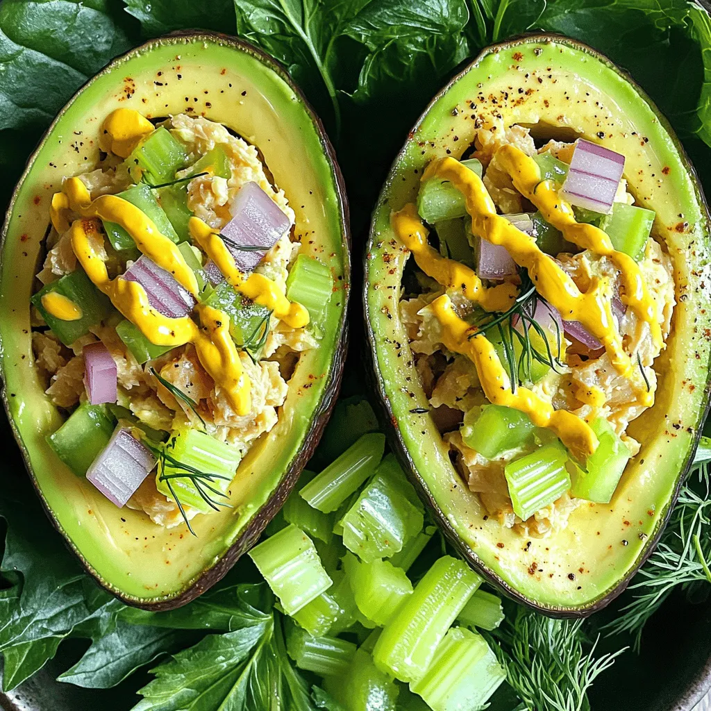 - 1 can (5 oz) tuna in water, drained - 1 ripe avocado, mashed - 1/4 cup diced celery - 1/4 cup diced red onion - 1 tablespoon Dijon mustard - 1 tablespoon lemon juice To make a tasty avocado tuna salad, start with the core ingredients. The tuna provides protein and a savory base. A ripe avocado adds creaminess and healthy fats. Diced celery and red onion give crunch and flavor. Dijon mustard and lemon juice add zest and tang. - Salt and pepper to taste - 1/4 teaspoon garlic powder - 1 tablespoon fresh dill or parsley, chopped Next, season your salad well. Salt and pepper enhance all the flavors. Garlic powder gives it a nice kick. Fresh dill or parsley adds a pop of color and freshness. Use these to customize the taste to your liking. - Leafy greens for serving For an added touch, serve your salad on leafy greens. This makes it look nice and adds more nutrients. You can use lettuce, spinach, or any greens you prefer. It’s all about creating a beautiful plate! Try this recipe for a quick meal that’s both healthy and delicious. Check out the Full Recipe for detailed steps! 1. In a medium mixing bowl, combine the drained tuna and mashed avocado. 2. Add the diced celery and red onion to the bowl. Mix gently to keep the avocado creamy. 1. Stir in the Dijon mustard and lemon juice. Make sure all ingredients blend well. 2. Season the mixture with salt, pepper, and garlic powder. Adjust the taste to your liking. 1. Fold in fresh dill or parsley for a burst of flavor. 2. You can serve the salad right away or store it for later. To keep your avocado creamy, mash it just enough. You want it smooth with small chunks. Over-mashing can make it too runny. Mix the ingredients gently. This preserves the texture of the avocado. Blend the tuna and avocado first, then add the other ingredients. This way, you ensure they mix well without losing creaminess. For a great presentation, serve the salad in avocado halves. It looks beautiful and colorful. A sprinkle of paprika or fresh herbs on top adds flair. You can also serve it on leafy greens. This adds crunch and freshness. If you want a change, use it in wraps or sandwiches. It’s a tasty filling that’s easy to make. This salad is packed with healthy fats from avocado. Tuna adds protein and omega-3s, which are good for your heart. Each serving has around 250 calories, depending on how much avocado you use. This meal is filling but light. It’s perfect for a quick lunch or snack. Enjoy knowing you are eating something good for you! {{image_2}} To make your avocado tuna salad even tastier, you can add some fun ingredients. Here are some ideas: - Diced bell peppers: They add crunch and color. - Sweet corn: This gives a touch of sweetness. - Chopped pickles: They add tanginess. - Sliced olives: They offer a briny flavor. You can also customize with spices. Try adding a pinch of cayenne for heat or smoked paprika for warmth. Each spice changes the flavor in a unique way. If you need gluten-free options, this salad is naturally free from gluten. Always check what you add, like wraps or condiments. For a vegan alternative, replace the tuna with chickpeas. Mash them lightly with the avocado. This keeps the creaminess while making it plant-based. You can also use cooked lentils for a different texture. Serving styles can change how you enjoy this salad. One fun idea is to serve it in avocado halves. Just scoop out some avocado and fill the skin with the salad. You can also get creative with bowls or wraps. Use large lettuce leaves as wraps or serve it in a colorful bowl with extra veggies on top. This makes the meal more fun and appealing. To keep your avocado tuna salad fresh, use airtight containers. Glass containers work well because they don’t stain. Plastic containers are also good if they are tight-sealing. Store the salad in the fridge. It stays fresh for 2 days. After that, the avocado may brown and change texture. You can freeze avocado tuna salad, but it's not ideal. Freezing changes the texture of avocado. If you must freeze it, use a freezer-safe container. Leave some space at the top for expansion. When ready to eat, thaw it in the fridge overnight. Stir it well before serving to mix the ingredients again. Before eating leftovers, check for signs of spoilage. Look for any brown spots on the avocado. If the salad smells sour or off, it’s best to throw it away. If it has a watery texture or separation, that’s a sign it's past its prime. Always trust your senses when it comes to food safety. To keep avocado from browning, use lemon juice. The acid in lemon juice slows down oxidation. You can also cover the salad tightly with plastic wrap. This limits air exposure and helps keep the green color. Choose a ripe avocado that is not overripe. The fresher the avocado, the longer it stays bright. You can prepare avocado tuna salad a few hours in advance. However, it’s best to add the avocado just before serving. This keeps it fresh and green. If you mix it too early, the avocado may brown. Store the salad in the fridge in an airtight container. If you want to change the tuna, consider using canned salmon or chickpeas. Both give a nice flavor and texture. Shredded chicken is another option for a different taste. You can even use cooked quinoa for a vegan choice. Each of these substitutes adds its own unique twist. Yes, avocado tuna salad is healthy! It offers protein from the tuna and healthy fats from the avocado. The celery and onion add fiber and vitamins. This salad is low in carbs, making it great for many diets. It keeps you full and satisfied, too! Absolutely! Adding other veggies boosts flavor and nutrients. You can try diced bell peppers, corn, or carrots. Chopped cucumber adds crunch and freshness. Feel free to mix in what you like most. This salad is all about your taste and creativity. For the full recipe, check out Avocado Tuna Delight. Avocado tuna salad is simple and tasty. You mix tuna, avocado, and veggies. Season with mustard, lemon, and herbs for flavor. This meal is healthy and easy to adjust. You can add other ingredients or serve it in fun ways. Store leftovers properly to keep them fresh. Enjoy this dish for lunch or dinner, and make it your own!
