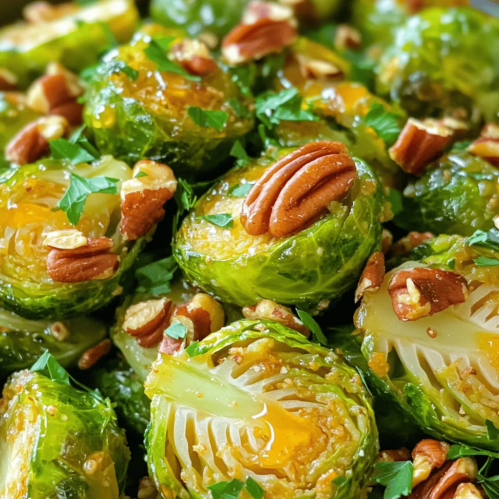 - 1 pound Brussels sprouts, trimmed and halved - 3 tablespoons olive oil - 2 tablespoons honey - 1 tablespoon Dijon mustard - 1 teaspoon apple cider vinegar - Salt and pepper to taste - 1/4 cup chopped pecans (optional) - 1 tablespoon fresh parsley, chopped (for garnish) Each serving has about 150 calories. It has 10 grams of fat, 14 grams of carbs, and 3 grams of protein. Brussels sprouts are not just tasty; they are also good for you. They offer fiber, vitamins, and minerals. Plus, adding honey and mustard boosts the flavor. You can enjoy this dish as a side or even as a main dish. For the full recipe, check the section above. Enjoy making this tasty treat! - Preheat your oven to 400°F (200°C). - Trim and halve 1 pound of Brussels sprouts. Make sure they are fresh and firm. - In a small bowl, whisk together: - 2 tablespoons honey - 1 tablespoon Dijon mustard - 1 teaspoon apple cider vinegar - 3 tablespoons olive oil - Set the sauce aside for later. - In a large bowl, toss the halved Brussels sprouts with the remaining olive oil, salt, and pepper. - Spread the Brussels sprouts in a single layer on a baking sheet. - Roast them in the oven for about 20 minutes. Flip them halfway through for even cooking. - Once they are golden and tender, remove them from the oven. - Drizzle the honey mustard sauce over the hot Brussels sprouts and toss well to coat. - If you want, sprinkle 1/4 cup of chopped pecans over the top. - Return to the oven for an extra 5 minutes to toast the nuts. - Finally, garnish with fresh parsley before serving. This simple process results in a flavorful roasted dish that everyone will love. For the complete details, check out the Full Recipe. To get the best texture from your Brussels sprouts, start by trimming them well. Cut off the ends and slice them in half. This allows them to cook evenly. Make sure your oven is hot at 400°F (200°C) before you roast them. The heat helps to crisp up the edges. Flip the sprouts halfway through roasting. This ensures they brown evenly on both sides. You can add more flavor with spices. Try adding garlic powder or smoked paprika for a kick. If you want to adjust sweetness, add more honey or a pinch of brown sugar. This helps balance the mustard's tang. Taste the honey mustard mix before pouring it on the sprouts to find your perfect blend. For serving, place the roasted sprouts on a nice platter. Drizzle extra honey mustard sauce over the top for a glossy look. Pair your Brussels sprouts with grilled chicken or salmon. This makes a colorful and tasty meal. A sprinkle of chopped pecans adds a great crunch and flavor. You can also garnish with fresh parsley for a pop of color. For the full recipe, check the earlier section. {{image_2}} You can switch up the sauce if you want a new taste. For instance, balsamic vinegar gives a sweet and tangy flavor. Teriyaki sauce adds a nice umami touch. Both sauces pair well with Brussels sprouts. You can also try different nuts or seeds. Almonds or sunflower seeds add a nice crunch. They also bring their unique flavors to the dish. If you're vegan, you can make easy changes. Swap honey for maple syrup. This keeps the sweetness without the use of animal products. For gluten-free diets, ensure your mustard is gluten-free. Most Dijon mustards fit this need well. If you want a low-carb option, skip the honey. Use a sugar-free sweetener instead. This keeps the flavors while cutting carbs. Brussels sprouts work well with other veggies, too. In spring, try adding asparagus or peas. In fall, butternut squash adds sweetness and color. For holiday meals, add cranberries for a festive touch. They bring a bright flavor and nice color. These variations can make your dish fun for any season! To refrigerate leftovers, place the Brussels sprouts in an airtight container. Make sure to cool them first, then seal tightly. This keeps them fresh longer. When you want to reheat, use an oven or a skillet. Heat them until warm but not soggy. You can also microwave them if you're short on time. For freezing, first, cool the Brussels sprouts completely. Spread them on a baking sheet in a single layer. Freeze for about an hour, then transfer them to a freezer bag. Remove as much air as you can before sealing. When you want to eat them, thaw in the fridge overnight. You can also cook them from frozen, but add a few extra minutes to the cooking time. In the fridge, Honey Mustard Brussels Sprouts last about 3 to 5 days. If you notice any off smell or slimy texture, it’s time to toss them out. Also, if they lose their bright color, they are no longer fresh. Always check before you eat! For more details on making this dish, check out the [Full Recipe]. You can serve Honey Mustard Brussels Sprouts with many dishes. They pair well with roasted chicken or baked fish. Try them with quinoa or brown rice for a hearty meal. For a special touch, serve them alongside a creamy mashed potato dish. You can also add a fresh salad to balance the meal. Yes, you can prep this recipe ahead of time. Trim and halve the Brussels sprouts and store them in the fridge. You can mix the honey mustard sauce and keep it in a sealed container. Just toss everything together and roast when you’re ready to eat. This makes it easy to enjoy a quick and tasty dish. Brussels sprouts are very healthy. They are low in calories and high in vitamins. They contain vitamin C, which boosts your immune system. Brussels sprouts are also rich in fiber, helping with digestion. Eating them can support heart health and reduce inflammation. Enjoying this dish means you eat well while savoring great flavor! In this post, we explored how to make Honey Mustard Brussels Sprouts. We looked at the main ingredients, from Brussels sprouts to honey, and discussed cooking steps. I shared tips for perfect texture and flavor. You can try ingredient swaps or dietary changes too. Finally, I covered storage and meal prep options. Brussels sprouts can be tasty and healthy. Give this recipe a try and enjoy!