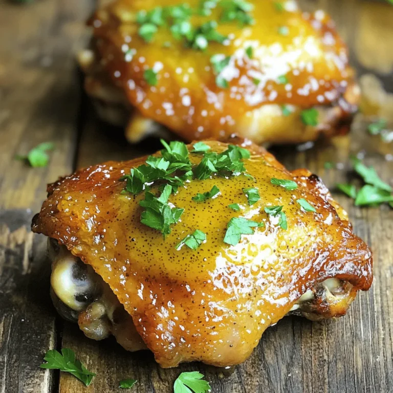 - 6 chicken thighs, skin-on and bone-in - 1/4 cup honey - 1/4 cup Dijon mustard - 2 tablespoons olive oil - 3 cloves garlic, minced - 1 teaspoon dried thyme - 1 teaspoon smoked paprika - Salt and pepper to taste - Fresh parsley, chopped (for garnish) In this recipe for honey mustard chicken thighs, we focus on simple, tasty ingredients. The chicken thighs are the star of this dish. Their skin helps keep the meat juicy. Honey and Dijon mustard create a sweet and tangy sauce. This flavor combo makes the dish special. The recipe uses olive oil and garlic to add depth. Olive oil helps the skin crisp up in the oven. Minced garlic adds a warm, rich taste. Thyme and smoked paprika bring an earthy flavor. Salt and pepper enhance all the tastes. You can garnish the chicken with fresh parsley. This adds a bright color and a fresh taste. For the full recipe, check out the details above. Enjoy cooking this delicious meal! - Preheat your oven to 400°F (200°C). This step is key for crisp skin. - In a medium bowl, whisk together the honey, Dijon mustard, olive oil, minced garlic, thyme, smoked paprika, salt, and pepper. Mix until smooth. This sauce adds great flavor to the chicken. - Place the chicken thighs in a large baking dish. Pour the honey mustard sauce over them. Make sure each thigh is well coated. This ensures every bite is tasty. - Bake in the preheated oven for 35-40 minutes. Check that the chicken reaches an internal temperature of 165°F (75°C). The skin should be golden and crispy. - Optional: For a crispier finish, switch the oven to broil for the last 2-3 minutes. Stay close to watch, so it doesn’t burn. - Once done, remove the chicken from the oven. Let it rest for a few minutes before serving. Resting helps keep the chicken juicy. - Garnish with chopped fresh parsley. This adds a nice pop of color and freshness to your dish. Enjoy your Honey Mustard Chicken Thighs! For the full recipe, check the previous section. - To get great flavor, coat your chicken thighs evenly with the sauce. This way, every bite bursts with taste. - Use a meat thermometer to check the chicken’s doneness. The perfect internal temperature is 165°F. This helps you avoid any guesswork. - Pair your honey mustard chicken thighs with roasted vegetables or a scoop of rice. This combo makes a complete meal. - These thighs are perfect for meal prep. Cook a big batch for easy family dinners or lunch throughout the week. - Be careful not to overcook the chicken. This can make it dry. Keep an eye on the time and use your meat thermometer. - Don’t skip letting the chicken rest before serving. This step helps keep the juices inside, making the chicken tender and juicy. {{image_2}} You can change the recipe a bit. Swap honey with maple syrup for a different taste. It adds a nice sweetness. You can also use whole grain mustard instead of Dijon. This gives a richer texture and a bit more bite. Try grilling the chicken for a smoky flavor. It adds a unique twist to the dish. You can also slow-cook the chicken. This method makes the meat very tender and juicy. It’s perfect if you have time to let it cook slowly. For an Asian twist, add ginger to the sauce. This gives a warm, spicy kick. If you want a Mediterranean flair, include herbs like rosemary. It brings a fresh taste that pairs well with the honey mustard. You can mix and match these ideas to create your perfect dish. To keep your Honey Mustard Chicken Thighs fresh, store leftovers in an airtight container. This helps lock in flavor and moisture. For the best taste, consume the chicken within 3-4 days. After that, it may lose its deliciousness. If you want to save some for later, freezing is a great option. Place the cooled chicken in a freezer-safe bag. This will keep it safe for longer. When you’re ready to eat, thaw it in the refrigerator overnight. This way, it will retain its taste and texture. For the best texture, reheat your chicken in the oven at 350°F (175°C). This keeps the skin crispy and juicy. If you’re in a hurry, the microwave works for quick reheating. Just be careful not to overcook it, or it might dry out. Yes, you can. If you want to make this dish skinless, the chicken will still taste great. Skinless thighs can be juicier when cooked right. You might want to bake them at a lower heat, about 375°F (190°C). This helps keep the meat moist. Using a meat thermometer is key. Aim for an internal temperature of 165°F (75°C) to ensure it's safe to eat. Several sides work well with Honey Mustard Chicken Thighs. Here are some ideas: - Roasted vegetables: Carrots, broccoli, and Brussels sprouts add color and crunch. - Rice: Fluffy white or brown rice absorbs the sauce well. - Mashed potatoes: Creamy potatoes balance the savory chicken. - Salad: A fresh green salad adds a light touch. - Corn on the cob: Sweet corn complements the honey flavor. To check if the chicken is done, use a meat thermometer. Insert it into the thickest part of the thigh. The safe cooking temperature is 165°F (75°C). If you don’t have a thermometer, you can cut into the chicken. The juices should run clear, and the meat should not be pink. This ensures you serve safe and tasty chicken. This blog post covered making delicious Honey Mustard Chicken Thighs. You learned the main ingredients, like chicken, honey, and Dijon mustard. I shared step-by-step instructions for cooking. Tips helped to avoid common mistakes and add flair to your dish. In the end, focus on quality and flavor. Enjoy your meal or share it with friends. Happy cooking!