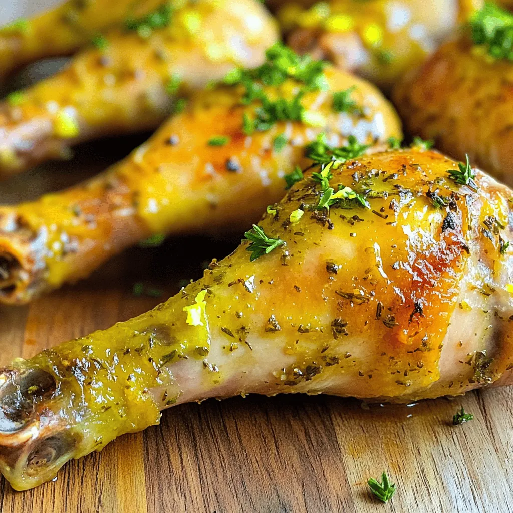 - Chicken legs: Use 4 chicken legs, which include drumsticks and thighs. They are juicy and flavorful. - Fresh herbs and garlic: You need 4 cloves of garlic, minced, and 1 tablespoon each of fresh rosemary and thyme. These add great taste. - Olive oil and seasoning: Use 2 tablespoons of olive oil for moisture and flavor. Add salt and pepper to taste. - Optional ingredients for flavor enhancement: For a smoky kick, try 1 teaspoon of smoked paprika. You can also add 1 teaspoon of lemon zest for brightness. Finish with chopped fresh parsley for a pop of color. This simple mixture makes your chicken legs shine. You can find the full recipe for Garlic Herb Roasted Chicken Legs to guide you through the steps. Preheating the oven Start by preheating your oven to 425°F (220°C). This step ensures your chicken cooks evenly. Mixing the garlic herb marinade In a small bowl, mix together the minced garlic, chopped rosemary, chopped thyme, olive oil, lemon zest, smoked paprika (if using), salt, and pepper. Stir until well combined. This marinade adds a burst of flavor to your chicken. Preparing the chicken legs Next, pat the chicken legs dry with paper towels. This helps the skin get crispy. Rub the garlic herb mixture all over the chicken legs, making sure to get under the skin for the best flavor. Cooking time and temperature Place the seasoned chicken legs on a baking sheet lined with parchment paper or in an oven-safe dish. Roast in the preheated oven for 35-40 minutes. The chicken is done when its internal temperature reaches 165°F (74°C) and the skin is golden brown. Maintaining crispy skin To keep the skin crispy, avoid covering the chicken while it cooks. The hot air in the oven helps achieve that perfect crunch. Recommended resting time After taking the chicken out of the oven, let it rest for about 5 minutes. This helps the juices settle, making the meat tender. Garnishing tips Before serving, garnish your chicken legs with chopped fresh parsley. It adds a pop of color and a fresh taste. For the full recipe, check the details above. Marinating your chicken legs is key. I recommend marinating for at least 30 minutes. This allows the flavors to soak in. If you can, marinate overnight for the best taste. When seasoning, use a mix of salt and pepper. This brings out the natural flavor of the chicken. Fresh herbs like rosemary and thyme add depth. Don’t hold back on the garlic either; it gives a nice punch. Drying your chicken legs is a smart step. Use paper towels to pat them dry before cooking. This helps the skin get crispy. For roasting, heat your oven to 425°F (220°C). This high temperature helps brown the skin nicely. Place the chicken legs on a baking sheet with space between them. This allows air to circulate, promoting that crispy bite. Garlic herb roasted chicken legs pair well with many sides. Think roasted vegetables or creamy mashed potatoes. A fresh salad adds color and crunch, too. For wine, try a light white wine. A Sauvignon Blanc or Chardonnay complements the dish well. If you prefer red, a light Pinot Noir works nicely. Enjoy your meal with these tips for a truly delightful experience! {{image_2}} You can change the herbs for a new taste. Instead of rosemary and thyme, try oregano or sage. Each herb adds a unique flavor. You can also mix fresh and dried herbs. Dried herbs are strong, so use less. Using different cuts of chicken can also change the dish. Drumsticks work well, but you can use thighs or even wings. Just adjust the cooking time. Thicker cuts need more time to cook. Grilling gives the chicken a smoky flavor. Use medium-high heat and grill for about 25-30 minutes. Flip the chicken halfway for even cooking. An air fryer is a quick way to cook chicken legs. Set it to 400°F (200°C). Cook for about 20-25 minutes. Check for crispiness and doneness. This method uses less oil, making it a healthier choice. For a spicy kick, add cayenne pepper or chili flakes to the herb mix. This gives the dish a nice heat. You can also marinate the chicken in hot sauce for extra flavor. Using citrus like lemon or lime brings brightness. Add fresh juice to the marinade or zest for extra zing. Citrus keeps the chicken moist and adds a fresh taste. Try these variations to make your Garlic Herb Roasted Chicken Legs even more exciting. For the full recipe, check the earlier section. After enjoying your Garlic Herb Roasted Chicken Legs, let them cool. This step is key. Place them on a plate or a wire rack. Make sure they are not stacked. This helps avoid steam build-up. Once cool, store them in the fridge. Use an airtight container or wrap them well in foil. Proper cooling keeps the chicken fresh and tasty. When it’s time to eat your leftovers, you have options. The oven is best for reheating. Preheat it to 350°F (175°C). Place the chicken on a baking sheet. Cover it with foil to keep it moist. Bake for about 15-20 minutes. If you use a microwave, put the chicken on a microwave-safe plate. Heat it in short bursts of 30 seconds. Check often to avoid overcooking. For both methods, aim to keep the skin crispy. Crisp skin adds to the flavor. If you want to save some chicken for later, freezing is great. First, make sure the chicken is cool. Wrap each leg tightly in plastic wrap. Then, place them in a freezer bag. Squeeze out as much air as you can. This helps prevent freezer burn. For best quality, use the frozen chicken within three months. To defrost, move the chicken to the fridge overnight. If you need it fast, use the microwave’s defrost setting. Always cook the chicken right after defrosting. This keeps it safe and delicious. For the full recipe, check out the complete guide. Can I use other chicken parts? Yes, you can use other chicken parts. Thighs, wings, or even a whole chicken work well. Just adjust the cooking time. Thighs and drumsticks stay moist and tasty. Wings are great for a crispy snack. How do I know when the chicken is done? Check the internal temperature with a meat thermometer. It should reach 165°F (74°C). You can also cut into the meat. The juices should run clear, not pink. How long can I store leftovers? Store leftovers in the fridge for up to four days. Use airtight containers to keep them fresh. You can also freeze them for up to three months. What to do if the chicken is not browning? If the chicken is not browning, check the oven temperature. Ensure it’s at 425°F (220°C). If needed, you can broil it for a few minutes at the end. Keep an eye on it to avoid burning. How to adjust cooking times for larger or smaller cuts? For larger cuts, like a whole chicken, increase the cooking time. For smaller cuts, like wings, reduce the time. Always use a meat thermometer to check doneness. Can I use dried herbs instead of fresh? Yes, you can. Use about one-third of the amount if using dried herbs. Dried herbs are stronger, so a little goes a long way. What’s a good substitute for olive oil? You can use canola oil or avocado oil. Both have high smoke points and will work well for roasting. In this article, we explored how to make delicious garlic herb roasted chicken legs. We covered the ingredients you need, including chicken legs, fresh herbs, and olive oil. You learned step-by-step instructions for preparation and roasting, as well as tips for flavor and crispiness. Remember, marinating adds great taste, and proper cooking keeps the skin crunchy. Feel free to explore variations to customize your dish. With the right techniques, you can enjoy a tasty meal that impresses. Enjoy your cooking!