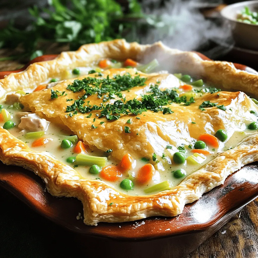 For a classic chicken pot pie, you need simple, fresh ingredients. Here’s what you will need: - 1 lb (450g) boneless chicken thighs, diced - 1 medium onion, chopped - 2 carrots, diced - 2 ribs celery, diced - 2 cloves garlic, minced - 1 cup frozen peas - 4 cups chicken broth - ½ cup heavy cream - 3 tablespoons olive oil - 3 tablespoons flour - 1 teaspoon thyme - 1 teaspoon rosemary - 1 teaspoon salt - ½ teaspoon black pepper - 1 store-bought pie crust (or homemade) - 1 egg, beaten (for egg wash) The chicken provides protein, while the veggies give flavor and texture. You can use store-bought pie crust for ease or make your own for a special touch. You can customize your pot pie with spices and other vegetables. Here are some ideas: - Add a pinch of cayenne for heat. - Try adding corn or green beans for more color. - Use fresh herbs like parsley or sage for extra flavor. Feel free to mix and match! The goal is to make a dish that you enjoy. For the full recipe, check out the detailed cooking steps that follow. First, heat three tablespoons of olive oil in a large skillet over medium heat. Add one pound of diced chicken thighs. Cook them for about five to seven minutes until they turn golden brown. Remove the chicken and set it aside on a plate. Next, in the same skillet, add one chopped medium onion, two diced carrots, and two diced ribs of celery. Sauté these for about five minutes. You want them to soften but not brown. Add two minced cloves of garlic and cook for another minute. Now, sprinkle three tablespoons of flour over the veggies. Stir well for two to three minutes. This helps to remove the raw flour taste. Slowly pour in four cups of chicken broth while stirring constantly. This prevents lumps in your sauce. Bring this mix to a gentle simmer. Once it bubbles, add half a cup of heavy cream, one teaspoon of thyme, one teaspoon of rosemary, one teaspoon of salt, and half a teaspoon of black pepper. Return the chicken to the skillet and stir in one cup of frozen peas. Cook for about five minutes until the sauce thickens nicely. Preheat your oven to 425°F (220°C). Grab a deep pie dish or an ovenproof skillet and transfer the chicken and veggie mix into it. Roll out your store-bought or homemade pie crust. Lay it over the filling, trimming any excess dough from the edges. Cut a few slits in the top for steam to escape. Brush the crust with a beaten egg for a lovely golden finish. Place your pie in the preheated oven. Bake for about 30 to 35 minutes. You want the crust to turn golden and flaky. Keep an eye on it to avoid over-baking. Once done, let it cool for a few minutes before serving. This helps the filling set a bit. Enjoy the warm, comforting flavors of your classic chicken pot pie! For more details, check the Full Recipe. To achieve perfectly tender chicken and vegetables, start with good quality chicken thighs. Thighs have more fat, which keeps them moist. Cook the chicken in a hot skillet until browned. This adds flavor. Remove the chicken before cooking the vegetables. Sauté onions, carrots, and celery until soft. This step brings out their natural sweetness. Add garlic last, cooking it just until fragrant. When adding the broth, do it slowly. Stir constantly to avoid lumps. Let everything simmer until the sauce thickens. This ensures your chicken and veggies absorb all the flavors. For a flaky crust, handle the dough as little as possible. If you use store-bought, it's already easy. If you make your own, chill it first. This stops the fat from melting too soon. Roll it out on a lightly floured surface. Keep it thick enough so it doesn’t tear. When placing the crust over the filling, let it hang over the edges. Trim excess dough but leave some for crimping. Cut slits for steam to escape, and brush the top with an egg wash. This gives it that golden color. To present your chicken pot pie, slice it into portions on colorful plates. A pop of green from fresh parsley makes it look fancy. Serve with a side salad or steamed veggies for balance. Pairing it with a light drink, like iced tea, complements the dish well. Enjoy the warmth and comfort it brings! {{image_2}} If you need gluten-free or dairy-free options, I have you covered. For a gluten-free pie, use a gluten-free flour blend instead of regular flour. You can also use a gluten-free pie crust. For a dairy-free version, swap out the heavy cream for coconut cream or a non-dairy milk like almond or soy. This keeps the creamy texture while making it suitable for different diets. Want to take your chicken pot pie to the next level? Try adding herbs and spices. Fresh herbs like parsley or dill can brighten the dish. You can also use spices like paprika for a smoky kick. For a unique twist, add a dash of hot sauce or Worcestershire sauce. These small changes can really elevate the flavors and make your pot pie special. Using seasonal vegetables adds freshness and color to your pie. In spring, add asparagus or peas for a bright touch. In fall, try carrots and butternut squash for a sweet flavor. Choose what is in season to create a dish that feels fresh and vibrant. These additions not only taste great but also make your chicken pot pie even more appealing. For the full recipe, check out the Comforting Chicken Pot Pie section. To store your chicken pot pie, let it cool first. Place leftovers in an airtight container. You can keep it in the fridge for up to three days. If you want to save it longer, freeze it. Wrap it tightly in plastic wrap and then in foil. This keeps out air and avoids freezer burn. It will last up to three months in the freezer. When you're ready to eat, thaw it in the fridge overnight before reheating. To reheat your chicken pot pie, preheat your oven to 350°F (175°C). If frozen, let it thaw in the fridge first. Cover the pie with foil to keep moisture in. Heat it for about 25-30 minutes. For a crispy crust, remove the foil for the last 10 minutes. If you're in a hurry, you can use the microwave. Heat it on medium power for 2-3 minutes. Check if it's warm throughout. Enjoy your comforting chicken pot pie again! What can I use instead of chicken thighs? You can use chicken breast or rotisserie chicken. Both work well and save time. Can I swap out the heavy cream? Yes, you can use half-and-half or coconut milk for a lighter option. What if I don’t have fresh herbs? Dried thyme and rosemary are great substitutes. Use half the amount since dried herbs are stronger. How can I save time? You can use frozen mixed vegetables instead of chopping fresh ones. This speeds up prep. What if my crust turns out soggy? Make sure to bake the crust until golden. You can also pre-bake it slightly before adding the filling. How do I fix undercooked filling? If your filling is undercooked, return the pie to the oven. Bake it for an extra 10 minutes, checking often. What if the filling is too runny? If your filling is too thin, mix a bit of flour with cold water. Stir it into the filling and cook until thickened. A serving of chicken pot pie has about 350-450 calories. It offers protein from chicken and fiber from veggies. The dish is rich in vitamins A and C. These come from carrots and peas. For a healthier option, you can use less cream and more vegetables. This keeps the dish tasty while reducing calories. For the full recipe, check the section above. In this blog post, we covered all you need for a great chicken pot pie. We explored ingredients, from chicken to crust options, and detailed each cooking step. I shared tips for perfect crusts and serving ideas, along with various ways to adapt the recipe for dietary needs. Remember, making adjustments can enhance the flavor and freshness. With this guide, you can enjoy a warm, comforting meal any night. Happy cooking!