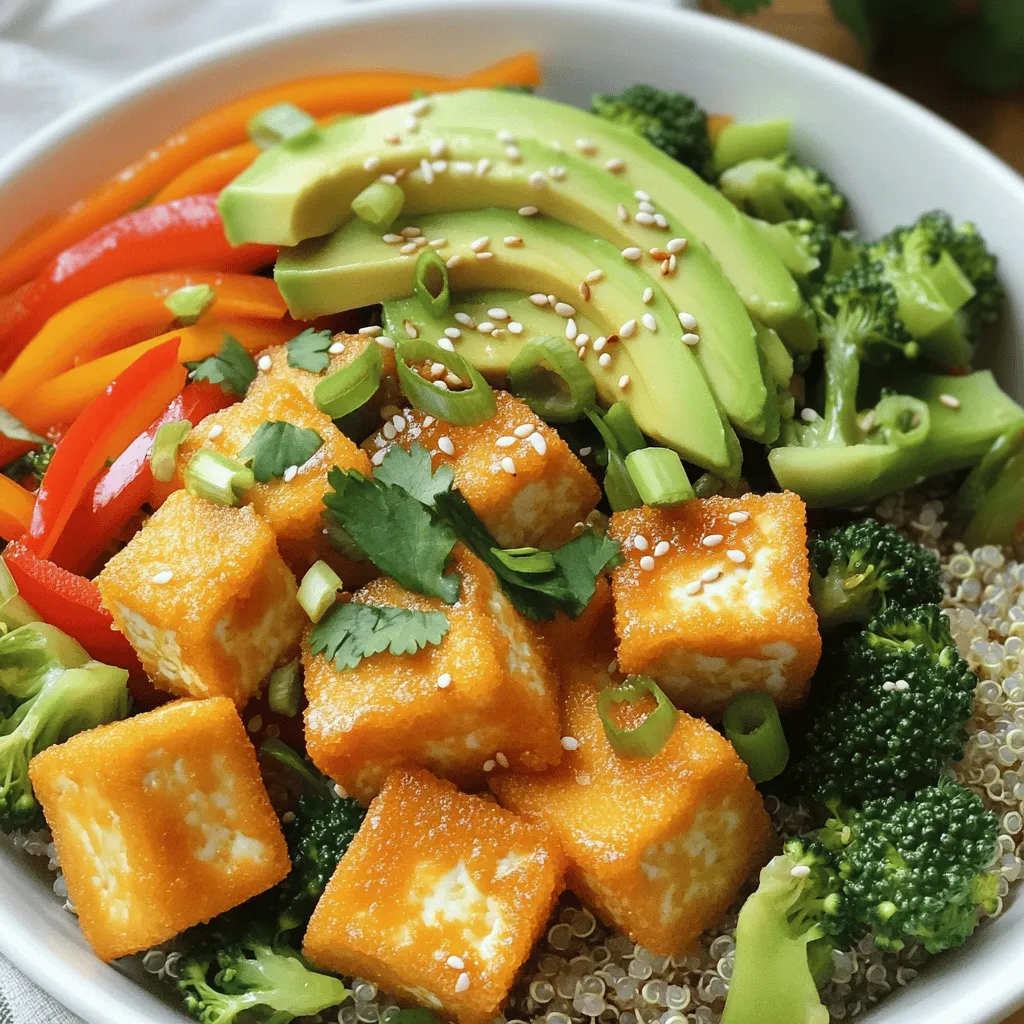 - 1 block firm tofu, pressed and cubed - 2 tablespoons cornstarch - 2 tablespoons soy sauce - 1 tablespoon sesame oil - 1 cup cooked quinoa - 1 cup broccoli florets - 1 red bell pepper, sliced - 1 carrot, julienned - 1 avocado, sliced - 2 green onions, chopped - 1 tablespoon sesame seeds - Fresh cilantro for garnish - Salt and pepper, to taste The firm tofu gives the bowl its main protein. Cornstarch helps the tofu get crispy. Soy sauce adds a savory taste. The sesame oil brings warmth and depth to the dish. Quinoa acts as a healthy base. Broccoli, bell pepper, and carrot add crunch and color. The avocado adds creaminess. Green onions and sesame seeds top the dish for extra flavor. If you can't find firm tofu, try using tempeh or chickpeas. If you're gluten-free, swap soy sauce for tamari. You can replace quinoa with brown rice or farro for a different grain. For a nut-free option, leave out the sesame oil and use olive oil instead. This bowl packs a punch with nutrients. Each serving has about: - 350 calories - 20 grams of protein - 15 grams of healthy fats - 40 grams of carbohydrates - Lots of fiber from the veggies and quinoa This meal is not just tasty; it’s also good for you. It covers many vitamins and minerals, making it a great choice for any meal. If you want to check out the full recipe, you can find it above! To get started, press the tofu. First, wrap it in a clean towel. Then, place a weight on top for 15 minutes. This helps remove extra moisture, which is key for crispiness. After that, cut the tofu into bite-sized cubes. The size matters! Smaller pieces get crispy faster. Preheat your oven to 400°F (200°C). In a bowl, toss the cubed tofu with soy sauce. Make sure every piece is coated well. Next, sprinkle cornstarch over the tofu. Gently mix until all sides are covered. Line a baking sheet with parchment paper. Spread the tofu cubes in a single layer. Bake for 25-30 minutes. Flip them halfway for even crispiness. They should look golden brown and feel crunchy when done. While the tofu bakes, it’s time for the veggies. Heat sesame oil in a skillet over medium heat. Add broccoli florets, sliced red bell pepper, and julienned carrot. Sauté these for 5-7 minutes. You want them tender-crisp, not mushy. Season with salt and pepper to taste. This simple step brings out the flavors in your dish. For the full recipe, you can find all the detailed steps above. Enjoy your cooking adventure! To get your tofu extra crispy, start with firm tofu. Press it well to remove moisture. This step is key. I suggest pressing for at least 15 minutes. After pressing, cut the tofu into small cubes. Coat the cubes in soy sauce first. Then, toss them in cornstarch. The cornstarch forms a crunchy crust while baking. Bake at 400°F for 25 to 30 minutes. Remember to flip them halfway to ensure even crispiness. When sautéing vegetables, heat your skillet first. Add sesame oil and let it warm up. This helps the veggies cook evenly. I love using broccoli, bell peppers, and carrots. Cut them into small pieces for quick cooking. Sauté for about 5 to 7 minutes. You want them tender but still crisp. Season with salt and pepper for extra flavor. Don't overcrowd the pan; this keeps them from steaming. Building your power bowl is fun! Start with a base of cooked quinoa. It adds protein and fiber. Layer on your sautéed veggies and crispy tofu. Slice an avocado for creaminess. Finish with chopped green onions and sesame seeds. Fresh cilantro on top adds a nice touch. Feel free to mix and match toppings for variety. Check out the Full Recipe for more serving ideas! {{image_2}} You can easily change the protein in your crispy tofu power bowl. While tofu is great, you can use chickpeas for a hearty twist. Simply roast the chickpeas with your favorite spices. For a meat option, try grilled chicken or shrimp. Both add flavor and protein. Quinoa is a fantastic base for the bowl. However, you can swap it with brown rice for a chewier texture. Farro also works well if you want a nutty flavor. If you're looking for something gluten-free, try cauliflower rice. It will keep the meal light and fresh. To elevate the taste, consider adding nuts like almonds or cashews for crunch. You can also toss in fresh herbs, such as basil or mint, for a burst of flavor. For dressings, a simple mix of lime juice and olive oil brightens the dish. Alternatively, a spicy peanut sauce adds a fun kick. Check out the full recipe for more ideas! To store your leftover crispy tofu power bowl, let it cool first. Place it in an airtight container. This keeps the flavors fresh and the tofu crispy. Store it in the fridge for up to three days. If you want to eat it later, try to keep the tofu separate from the veggies and quinoa. This helps maintain texture and taste. When reheating, aim for the oven or air fryer. Preheat the oven to 350°F (175°C). Spread the tofu and veggies on a baking sheet. Heat for about 10-15 minutes until warm. If using an air fryer, set it to 350°F (175°C) as well. This helps the tofu regain its crispiness. Avoid the microwave as it makes everything soggy. You can freeze the crispy tofu but not the assembled bowl. Wrap the tofu in plastic wrap, then in foil. Store it in a freezer-safe bag. It lasts for up to three months. When you’re ready to eat, thaw it in the fridge overnight. Reheat it as mentioned above for the best taste. For quinoa and veggies, freeze them separately too. You can use soft tofu, but it won’t be as crispy. Firm tofu holds up better when cooked. Soft tofu will break apart easily. If you want a crispy texture, stick with firm tofu. You can change the grains or veggies in your bowl. Try brown rice or farro instead of quinoa. Add your favorite veggies like spinach or sweet potatoes. You can also mix in different sauces for extra flavor. Think about adding nuts or seeds for crunch. Cut vegetables into small, even pieces. This helps them cook evenly. For this bowl, slice bell peppers and julienne carrots. You can also steam broccoli for a few minutes before sautéing. This keeps them bright and tender. Fresh herbs like cilantro add great flavor, too! For the full recipe, check out the Crispy Tofu Power Bowl recipe above. In this blog post, we explored the crispy tofu power bowl's key ingredients and preparation steps. We discussed how to bake tofu, sauté veggies, and achieve that perfect crunch. You learned about protein and grain variations, serving tips, and storage methods. Remember, this dish is all about customization. Feel free to get creative with flavors and ingredients you love. Try it out, enjoy, and make it your own!