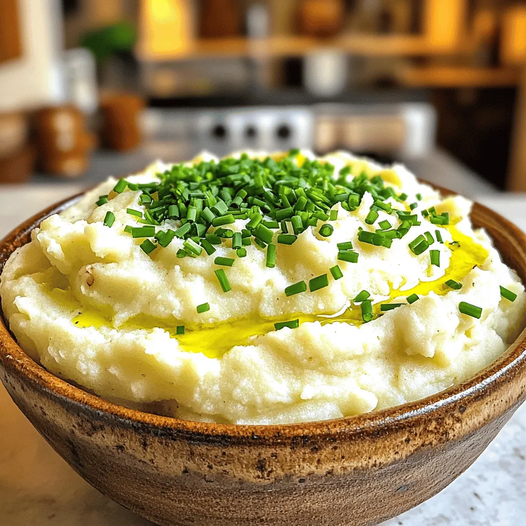 To make roasted garlic mashed cauliflower, you need a few simple ingredients. These items will help create a creamy and flavorful side dish that is both healthy and satisfying. Here’s what you’ll need: - 1 medium head of cauliflower, cut into florets - 1 whole bulb of garlic - 3 tablespoons olive oil - ½ cup unsweetened almond milk (or regular milk) - 2 tablespoons butter (or dairy-free alternative) - Salt and pepper to taste - Fresh chives or parsley, finely chopped (for garnish) Using fresh ingredients makes a big difference in flavor. The cauliflower gives a creamy base, while the roasted garlic adds a sweet and rich taste. Olive oil brings healthy fats, and almond milk helps keep it light. Butter adds a touch of richness, but you can skip it for a vegan option. Fresh herbs not only add color but also a fresh flavor boost. I love how this dish can fit into many meals. It pairs well with roasted meats, grilled fish, or even as a stand-alone vegetarian option. You can find the full recipe to guide you through the steps of making this delightful dish. First, preheat your oven to 400°F (200°C). This step is important because it helps the garlic roast evenly. Next, take a whole bulb of garlic. Cut off the top to expose the cloves. Drizzle one tablespoon of olive oil over the cut side. Wrap the bulb in foil. Place it in the oven for 30 to 35 minutes. You will know it’s done when it smells sweet and is soft. While the garlic roasts, prepare your cauliflower. Cut one medium head into florets. Place them in a large pot. Cover the florets with water and add a pinch of salt. Bring the water to a boil. Cook the cauliflower for about 10 to 12 minutes. The florets should be tender but not mushy. Drain the water and transfer the cauliflower to a mixing bowl. Once the garlic is roasted, it’s time to mash. Squeeze the soft garlic cloves from their skins into the bowl with the cauliflower. Add ½ cup of almond milk (or regular milk) and 2 tablespoons of butter. Drizzle in the remaining olive oil. Sprinkle with salt and pepper. Use a potato masher or immersion blender to mix everything. Mash until smooth and creamy. If the mixture is too thick, add more milk to reach your desired consistency. Taste and adjust seasoning if needed. Finally, transfer the mashed cauliflower to a serving dish and garnish with chopped chives or parsley. For the full recipe, check out the complete guide above. To make Roasted Garlic Mashed Cauliflower your own, play with the seasonings. Start with salt and pepper. You can add garlic powder or onion powder for extra flavor. A pinch of smoked paprika gives a nice twist too. If you want a creamier taste, try adding sour cream or Greek yogurt. If you need to swap butter or milk, no problem! Use olive oil instead of butter for a lighter touch. For milk, choose any non-dairy milk, like oat or soy, to keep it creamy. Achieving the perfect smooth texture is key. First, make sure your cauliflower is very tender before mashing. If it's too firm, it won't blend well. Once you've mixed in the roasted garlic and other ingredients, use an immersion blender. This tool creates a velvety texture, far better than a potato masher. If you prefer a thicker mash, hold back on the milk at first. Add just a little, then blend. Gradually add more until you reach your desired creaminess. Roasted Garlic Mashed Cauliflower pairs well with many dishes. Serve it alongside roasted chicken for a hearty meal. It also goes great with grilled fish or pork chops. For a veggie option, try it with sautéed greens. For an extra touch, top your dish with crispy fried onions or extra fresh herbs. This adds color and flavor, making your meal look as good as it tastes. Don't forget to check out the Full Recipe for more tips! {{image_2}} To make this recipe completely dairy-free, swap out the butter and milk. Use a non-dairy butter and almond milk. This keeps the creamy texture while being plant-based. You can also add a splash of lemon juice for extra flavor. It brightens the dish without dairy. You can mix in different flavors to make it your own. Adding cheese like Parmesan or nutritional yeast gives a rich taste. Fresh herbs like basil or thyme can add freshness. Try adding sautéed mushrooms or spinach for extra nutrients. Each mix-in can change the profile of the dish. If you like heat, add spices or peppers. Crushed red pepper flakes can give it a kick. You can also mix in diced jalapeños for a spicy punch. Chipotle powder adds a smoky flavor without too much heat. Adjust the spice level to your liking for a fun twist on a classic dish. To store Roasted Garlic Mashed Cauliflower, first let it cool. Then, place it in an airtight container. This keeps it fresh in the fridge for up to three days. If you want to freeze it, use a freezer-safe container. You can keep it in the freezer for up to three months. Just remember to label your container with the date. To reheat your mashed cauliflower, use the stovetop or microwave. If using the stovetop, warm it in a pot over low heat. Stir often to avoid burning. You may need to add a splash of almond milk or water. If using the microwave, heat it in short bursts, stirring in between. This keeps the texture creamy and smooth. Roasted Garlic Mashed Cauliflower lasts about three days in the fridge. In the freezer, it can last up to three months. After that, the taste and texture may change. Always check for any signs of spoilage before enjoying your leftovers. Roasted garlic mashed cauliflower is a creamy side dish made from cooked cauliflower and roasted garlic. It has a smooth texture and a rich flavor. This dish is a great alternative to mashed potatoes. It is lower in carbs and calories, making it a healthy option. Cauliflower is high in fiber and vitamins, which boost your health. The roasted garlic adds a sweet, nutty flavor that makes the dish unique. Yes, you can use frozen cauliflower. It is a convenient choice and saves prep time. Frozen cauliflower is often flash-frozen, which helps keep the nutrients intact. Just make sure to thaw it before cooking. You may need to adjust cooking times since frozen cauliflower can cook faster than fresh. Always check for tenderness to ensure the best texture in your mashed cauliflower. To make this dish ahead, prepare the mashed cauliflower and store it in the fridge. Allow it to cool completely before putting it in an airtight container. This dish can stay fresh for about 3 days in the fridge. When you're ready to serve, simply reheat it on the stove or in the microwave. Add a splash of milk if it seems too thick after reheating. Yes, this recipe is great for low-carb diets. Cauliflower is a popular substitute for potatoes in many recipes. It has fewer carbs and calories but still provides a creamy texture. If you're following a strict low-carb plan, this dish fits perfectly. You can enjoy it without feeling guilty while still savoring a delicious side. Roasted Garlic Mashed Cauliflower is a tasty and healthy dish. We covered easy steps to prepare it and shared ways to customize flavor and creaminess. You learned storage tips and variations for different diets. This dish is great for any meal. It can fit into many diets and still taste amazing. Enjoy making it your own with different ingredients. Try it today and enjoy a warm, comforting side that everyone will love.