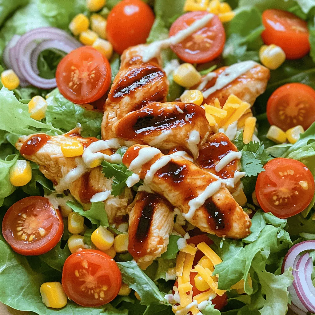To make BBQ Ranch Chicken Salad, you will need: - 2 boneless, skinless chicken breasts - 1 cup BBQ sauce (your favorite variety) - 6 cups mixed lettuce greens (romaine, spinach, arugula) - 1 cup cherry tomatoes, halved - 1/2 cup red onion, thinly sliced - 1 cup corn kernels (canned or grilled) - 1/2 cup shredded cheddar cheese - 1/4 cup ranch dressing - Salt and pepper to taste - Fresh cilantro for garnish You can find the full recipe above. You can customize your salad with these add-ins: - Avocado for creaminess - Black beans for extra protein - Crispy bacon for a smoky crunch - Sliced bell peppers for sweetness - Jalapeños for a spicy kick Each of these adds a new layer of flavor. Choosing the right BBQ sauce makes a big difference. Here are some great options: - Sweet and smoky BBQ sauce for a classic taste - Spicy BBQ sauce for heat lovers - Honey BBQ sauce for sweetness - Mustard-based BBQ sauce for a tangy twist These sauces can elevate your salad to new heights. First, gather all your ingredients. You need chicken, BBQ sauce, greens, and more. Rinse the lettuce greens under cold water. Pat them dry with a clean towel. Slice the cherry tomatoes in half. Thinly slice the red onion. If you use canned corn, drain it well. Preheat your grill or grill pan to medium-high heat. Brush both sides of the chicken breasts with BBQ sauce. Place the chicken on the grill. Cook it for about 6-7 minutes on each side. Check that the chicken reaches 165°F (75°C). In the last minute, add more BBQ sauce for extra flavor. When done, take the chicken off the grill and let it rest for 5 minutes. Slice the chicken into strips after it rests. In a large salad bowl, combine the mixed lettuce greens, cherry tomatoes, red onion, and corn. Toss them gently to mix. Add the sliced chicken on top of the salad. Sprinkle shredded cheddar cheese over the chicken. Drizzle ranch dressing on top or serve it on the side. Season with salt and pepper to taste. Don’t forget to garnish with fresh cilantro before serving. For the full details on the recipe, check the full recipe. To make the best BBQ ranch chicken salad, focus on the chicken. Use fresh, boneless, skinless chicken breasts. Marinate them in your favorite BBQ sauce for at least 30 minutes. This adds flavor. Grill the chicken until it reaches 165°F (75°C). This keeps it juicy. Let it rest for five minutes before slicing. This allows the juices to settle. Serve this salad chilled or at room temperature. It’s great for lunch or dinner. You can also serve it in a large bowl or individual plates. For a fun touch, use tortilla chips as a crunchy topping. This adds texture and flavor. Don’t forget to keep ranch dressing on the side. This way, everyone can add their preferred amount. Pair this salad with a cold drink. Lemonade or iced tea works well. For a side, try garlic bread or cornbread. Both complement the flavors nicely. If you want a sweet touch, serve fruit salad on the side. It balances the savory taste of the BBQ ranch chicken salad. For more flavor ideas, check the Full Recipe for extras. {{image_2}} You can swap the chicken for other meats. Grilled shrimp adds a nice twist. You can also use steak, pork, or turkey. Each protein gives a unique taste. Just cook the protein the same way as chicken. This keeps the BBQ flavor strong and tasty. For a vegetarian option, use grilled tempeh or chickpeas. These choices provide protein and texture. If you want it vegan, skip the cheese and ranch. Use a plant-based dressing instead. Nutritional yeast can also add a cheesy flavor. You can enjoy a delicious salad while keeping it meat-free. Add extra flavors to make your salad pop! Try diced avocado for creaminess. You can also toss in some jalapeños for heat. A squeeze of lime juice brightens everything up. Fresh herbs like parsley or basil can lift the taste. Each change makes your BBQ ranch chicken salad more exciting. To keep your BBQ ranch chicken salad fresh, store it in airtight containers. This helps keep the flavors strong. If you have leftover salad, try to separate the dressing from the salad. This prevents sogginess. Place the chicken and salad in separate containers. You can mix them later when ready to eat. When stored properly, the salad lasts about 3 days in the fridge. The chicken stays safe to eat for up to 4 days. Check for any signs of spoilage before eating. If the salad looks or smells off, it’s best to toss it out. You can freeze the chicken for up to 3 months. However, I do not recommend freezing the salad. Freezing can change the texture of lettuce and other fresh ingredients. If you choose to freeze, only freeze the grilled chicken. Thaw it in the fridge before adding it to the salad. This way, you'll keep the salad fresh and enjoyable. For the full recipe, check the earlier section. Yes, you can use leftover chicken. It saves time and adds great flavor. Just make sure the chicken is cooked and seasoned well. Cut it into strips or chunks. Then, mix it into the salad as you would with freshly grilled chicken. This makes the salad quick and easy. If you want a change, try other dressings. You can use Greek yogurt for a creamy option. A vinaigrette made with olive oil and vinegar works well, too. If you like spice, try a chipotle dressing. Each choice will change the flavor but keep it tasty. Yes, this salad is great for meal prep. You can store the salad in separate containers. Keep the dressing on the side to keep the greens fresh. This salad lasts in the fridge for three to four days. It's perfect for quick lunches or dinners. For the full recipe, check out the full recipe section above. This blog post covered how to make a delicious BBQ ranch chicken salad. You learned about the key ingredients and optional add-ins. I shared step-by-step instructions to prepare and grill your chicken perfectly. Tips and tricks helped you avoid common mistakes. We explored fun variations and easy storage methods too. In the end, this salad is simple and flexible. You can customize it to fit your taste. Enjoy your cooking and the tasty meal you create!