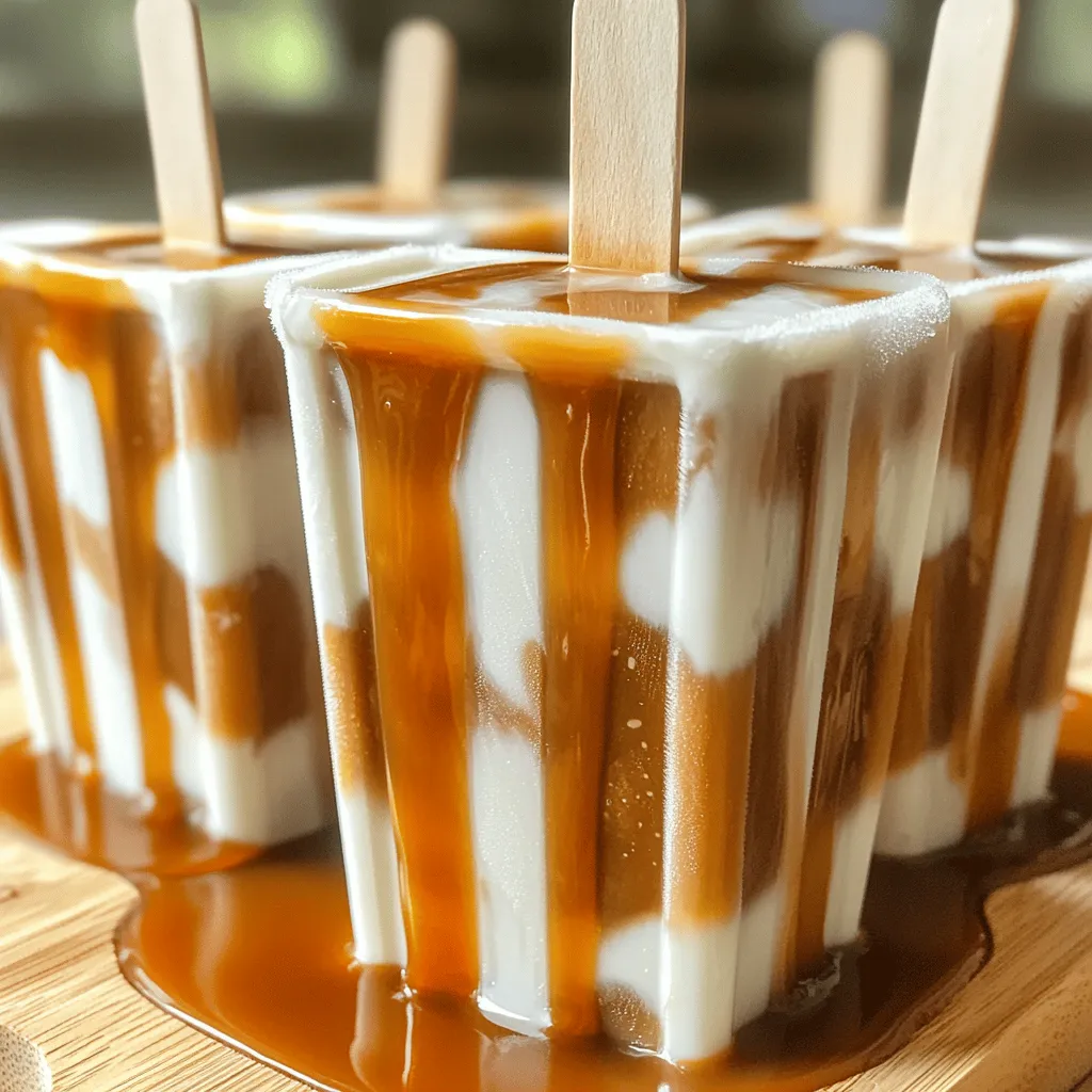 To make Iced Caramel Macchiato Popsicles, you need the following: - 2 cups brewed coffee (cooled) - 1 cup milk (or dairy alternative) - 1/2 cup caramel sauce (plus extra for drizzling) - 1/4 cup vanilla syrup - 1 tablespoon espresso powder (optional, for extra coffee flavor) - Pinch of sea salt - Wooden popsicle sticks These simple ingredients come together to create a rich, creamy treat. You can make these popsicles your own. Here are a few ideas: - Use chocolate syrup instead of caramel for a mocha twist. - Swap out milk for almond or oat milk for a dairy-free version. - Add a dash of cinnamon for a warm spice kick. - Mix in some chopped nuts for a crunchy surprise. Let your taste buds decide what you add! For the best flavor, I recommend using high-quality brands. Here are my favorites: - Coffee: Choose a smooth blend like Peet's or Starbucks. - Milk: For dairy, go with Horizon Organic. For plant-based, try Oatly. - Caramel Sauce: Look for Torani or Ghirardelli for rich taste. - Vanilla Syrup: Monin or DaVinci are both great options. Using quality ingredients will elevate your popsicles to a new level. For the complete recipe and steps, check out the Full Recipe. First, brew your coffee and let it cool. This part is easy but very important. In a large mixing bowl, combine the cooled coffee, milk, caramel sauce, vanilla syrup, espresso powder, and a pinch of sea salt. Whisk everything together until smooth. You want a nice blend of flavors. The caramel gives it sweetness, while the sea salt adds a nice touch. Next, pour the mixture into your popsicle molds. Fill each mold about three-quarters full. This leaves room for the pops to expand as they freeze. Don't overfill them, or it will be a mess! After that, place the wooden popsicle sticks in the center of each mold. If your molds allow it, freeze them for about an hour. This helps keep the sticks upright. Now, it's time to freeze. Let the popsicles freeze for at least six hours. They need to be completely solid. When they are ready, run warm water over the outside of the molds. This will help loosen the popsicles. Gently pull them out. You can drizzle some extra caramel sauce on top for a sweet finish. Enjoy your refreshing treat! To get that creamy texture, use whole milk or a rich dairy alternative. The right milk makes a big difference. Mixing it well with the coffee and caramel is key. Make sure to whisk until smooth. This helps blend the flavors and ensures even freezing. To stop popsicles from sticking, run warm water over the molds briefly. This simple step makes it easy to pop them out. You can also spray the molds lightly with cooking spray before pouring in the mixture. This keeps the popsicles intact and looking great. Add a pinch of sea salt to boost the flavor. It brings out the sweetness of the caramel. If you want a stronger coffee taste, mix in espresso powder. For a fun twist, try adding chocolate or vanilla extract. This will make your popsicles even more delicious. {{image_2}} You can easily make these popsicles dairy-free and vegan. Use almond milk, oat milk, or coconut milk instead of regular milk. For the caramel sauce, look for brands that use plant-based sweeteners. Many stores have options labeled vegan. This way, you can enjoy the same great taste while sticking to your diet. Want to switch up the flavor? You can add a few fun twists. For a mocha flavor, mix in some cocoa powder or chocolate syrup. To enhance the vanilla taste, add a teaspoon of vanilla extract. You can even try spices like cinnamon for a warm kick. Each of these changes adds a new layer of taste to the popsicles. Get creative with mix-ins! Try adding chocolate chips or crushed nuts to your popsicle mixture. These add a nice crunch and extra flavor. When serving, drizzle more caramel sauce on top for a sweet touch. You can also sprinkle a bit of sea salt to balance the sweetness. These little extras make your popsicles even more special. For the full recipe, refer to the section above. To keep your Iced Caramel Macchiato Popsicles fresh, you need to freeze them well. First, use good-quality popsicle molds. Fill each mold 3/4 full to allow for expansion. Make sure the lid is on tight if your molds have one. This prevents ice crystals from forming. Place the molds in the coldest part of your freezer. This helps them freeze evenly and quickly. These popsicles can last in the freezer for about 2 to 3 months. However, for the best taste and texture, eat them within a month. Over time, they may lose flavor or develop freezer burn. If you see ice crystals or they taste off, it's best to toss them. When you are ready to enjoy your popsicles, remove them from the freezer. Run warm water over the outside of the molds for about 10 to 15 seconds. This helps to loosen them up. If they still don't come out, you can let them sit at room temperature for a minute or two. Enjoy the creamy, sweet goodness of your homemade Iced Caramel Macchiato Popsicles! For the full recipe, check out the earlier section. Yes, you can use store-bought coffee. Just make sure it is cooled before mixing. I love a good cold brew for this recipe. It gives a smooth taste. If you prefer, you can also use espresso. This makes a strong flavor that fits well in popsicles. If you want to switch caramel sauce, try butterscotch sauce or chocolate syrup. Both offer a sweet twist. You can also use homemade caramel if you have time. It adds a personal touch to your popsicles. To change the sweetness, add more or less vanilla syrup. You can taste the mixture before pouring it into molds. If it's not sweet enough, add a little more syrup. If it's too sweet, add more milk or coffee to balance it out. To make great coffee popsicles, start with the right ingredients. Customize them using optional flavors or top brands. Follow the easy steps to mix your coffee, fill molds, and freeze. To get the best texture, use my tips and tricks. Explore variations like dairy-free options or flavor infusions based on your taste. Store them properly, and they’ll stay fresh for weeks. Enjoy experimenting with your coffee popsicles, and have fun making them your own!
