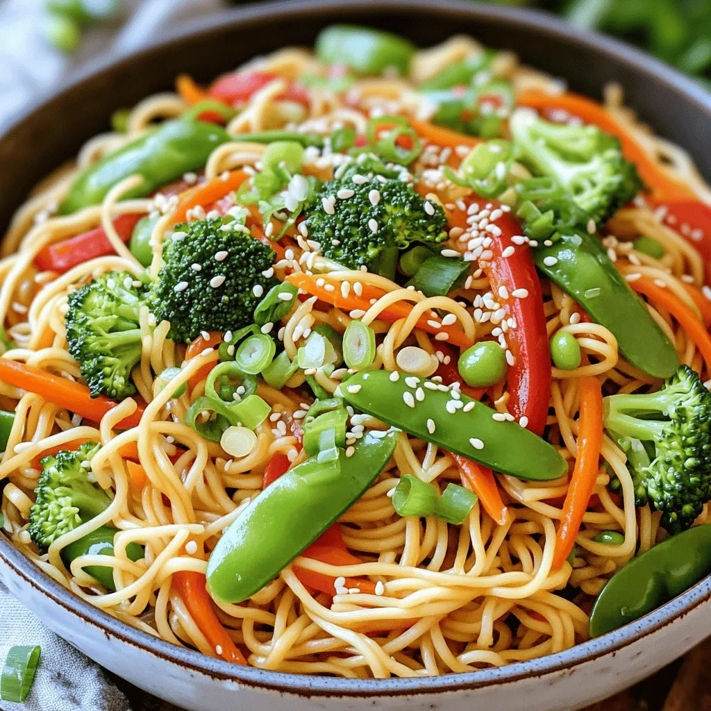 - 8 oz lo mein noodles - 2 tablespoons vegetable oil - 3 cloves garlic, minced - 1 inch ginger, grated - 1 red bell pepper, thinly sliced - 1 cup snap peas, trimmed - 1 cup broccoli florets - 1 carrot, julienned - ½ cup bean sprouts - 4 green onions, sliced - 3 tablespoons soy sauce - 1 tablespoon sesame oil - 1 tablespoon hoisin sauce - Salt and pepper to taste - Sesame seeds for garnish Gather these ingredients for a quick and easy meal. The lo mein noodles are the base of the dish. They soak up all the wonderful flavors from the sauces and veggies. I love using fresh garlic and ginger for an aromatic kick. The red bell pepper adds sweetness and color. For the extra crunch and nutrition, snap peas and broccoli florets are perfect. Carrots bring a nice texture, while bean sprouts give a refreshing bite. The green onions add a lovely sharpness when you mix them in at the end. When it comes to flavor, the soy sauce, sesame oil, and hoisin sauce create a delicious blend. Adjust the salt and pepper based on your taste. I always sprinkle sesame seeds on top. They give a nice finish and a bit of crunch. You can find the full recipe [here](#). - Step 1: Cook lo mein noodles in boiling water. Follow the package directions until they are al dente. This usually takes 4 to 5 minutes. - Step 2: Drain and rinse the noodles. Use cold water to stop the cooking process. Set them aside for now. - Step 3: Heat vegetable oil in a skillet or wok. Set your stove to medium-high heat. - Step 4: Sauté garlic and ginger until fragrant. This should take about 30 seconds. You want to smell those lovely aromas! - Step 5: Stir-fry vegetables until tender. Add sliced bell pepper, snap peas, broccoli, and carrot. Cook for 5 to 7 minutes. The veggies should stay crisp but soften slightly. - Step 6: Add noodles and sauces, and mix well. Pour in soy sauce, sesame oil, and hoisin sauce. Toss everything together until well combined. Heat it through for a couple of minutes. - Step 7: Incorporate bean sprouts and scallions. Gently mix them in just before serving to keep them fresh and crunchy. Now, if you want to see the full recipe with all the details, check out the [Full Recipe]. Enjoy your cooking! To make the best lo mein, always use fresh vegetables. Fresh veggies bring out great flavors and add a nice crunch. Each vegetable has a different cooking time. For example, bell peppers cook quickly while broccoli takes longer. Keep an eye on them and adjust your cooking time based on what you use. This helps you get the perfect texture for each bite. Want to make your lo mein pop? Try different sauces! Oyster sauce adds a rich taste. Soy sauce is a must, but don’t stop there. For spice lovers, add red pepper flakes. They give a nice kick that warms your palate. Mix and match to find your favorite flavor combo. When it's time to eat, think about what to serve with your lo mein. Crispy tofu or spring rolls work great. They add a fun texture and balance the meal. Don't forget garnishes! Fresh cilantro or sesame seeds on top can make your dish look and taste even better. Enjoy your beautiful meal! You can find the Full Recipe linked above. {{image_2}} If you want a gluten-free veggie lo mein, I have a simple fix. You can swap lo mein noodles with rice noodles or zucchini noodles. Rice noodles cook quickly and give a great texture. Zucchini noodles add a fresh taste and are low in carbs. Just spiralize zucchini and sauté it lightly. This way, you keep the flavor while making it gluten-free. To make your lo mein heartier, consider adding protein. Tofu, tempeh, or seitan all work well. Tofu absorbs flavors nicely and adds creaminess. Tempeh brings a nutty taste and a firm texture. Seitan is chewy and has a meat-like feel. You can pan-fry or sauté these before adding them to your dish for extra flavor. You can also play with different vegetables. Seasonal veggies like bok choy or asparagus are great options. Bok choy adds a nice crunch and mild flavor. Asparagus brings a unique taste and vibrant color. Feel free to mix and match your favorite veggies to make your lo mein truly your own. For the full recipe, check out the Easy Veggie Lo Mein. To keep your Easy Veggie Lo Mein fresh, store it in an airtight container. This method keeps the flavors intact. You can refrigerate it for up to 3 days. If you want to enjoy it later, make sure to cool it down before sealing. When you’re ready to eat your leftovers, reheat them in a skillet. Use medium heat and add a splash of water or oil. This helps prevent sticking and keeps your dish moist. Stir frequently until it is warmed through. You can freeze Easy Veggie Lo Mein for up to 1 month. Just place it in a freezer-safe container. When you want to enjoy it again, thaw it in the refrigerator overnight. This step helps maintain the texture and flavor. Making Easy Veggie Lo Mein is quick and simple. You will need about 10 minutes to prep. The total cook time is around 10 minutes. So, in just 20 minutes, you can enjoy a delicious meal. Yes, you can easily make this recipe vegan. Use vegan soy sauce instead of regular soy sauce. You can also check for hoisin sauce that is vegan. It is essential to read the labels to ensure they contain no animal products. For Lo Mein, I recommend using lo mein noodles. They have a nice chew and soak up flavors well. You can also use egg noodles or even rice noodles if you prefer. Each type gives a different taste and texture to your dish. Just make sure to follow the cooking instructions on the package. In this article, we covered a simple lo mein recipe. You saw the main ingredients, like lo mein noodles and fresh veggies. I shared clear steps for cooking and tips to enhance flavor. You learned how to store leftovers and options for gluten-free or heartier dishes. Remember, fresh ingredients make the best meals. Feel free to mix and match ingredients to suit your taste. Enjoy creating your perfect veggie lo mein!