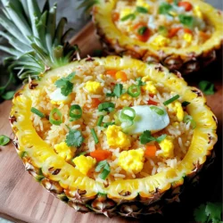 - 2 cups cooked jasmine rice (preferably day-old) - 1 cup fresh pineapple, diced - 1 cup mixed vegetables (peas, carrots, bell peppers) - ½ cup red onion, finely chopped - 2 tablespoons soy sauce - 1 tablespoon sesame oil - 2 eggs, lightly beaten - ¼ cup green onions, sliced - 1 tablespoon fresh cilantro, chopped (optional for garnish) - Salt and pepper to taste - ½ teaspoon crushed red pepper flakes (optional for heat) Pineapple fried rice is all about fresh, simple ingredients. The key is using day-old rice. It holds its shape well and makes the dish better. Fresh pineapple adds a bright, sweet taste. Mixed veggies give color and crunch. Red onion adds a nice flavor base. For seasonings, soy sauce brings depth. Sesame oil adds a nutty kick. Eggs add protein and make it heartier. Green onions and cilantro finish the dish with freshness. You can spice it up with crushed red pepper flakes. You can find the full recipe in the article to guide you through cooking this dish. Enjoy the flavors and textures that make pineapple fried rice a fun meal to share! - Heat sesame oil in a large skillet or wok over medium-high heat. - Sauté chopped red onion for about 2 minutes until fragrant and translucent. - Stir in minced garlic and mixed vegetables; sauté for 3-4 minutes until tender. - Push veggies aside, scramble eggs on the other side until fully cooked. - Add jasmine rice, mixing everything together to combine. - Add diced pineapple, soy sauce, salt, and pepper; toss to coat. - Mix in crushed red pepper flakes if desired for heat. - Stir in green onions and cilantro for the final touch. This simple method helps you create a dish full of flavor. Follow the [Full Recipe] for more details on serving and enjoying your Pineapple Fried Rice! - Use day-old rice for better texture. Freshly cooked rice can be too moist. - Adjust soy sauce and seasoning according to taste. Start with less, and add more as needed. - Make sure to heat the skillet properly before adding ingredients. A hot skillet gives a nice sear. - Stir continuously to avoid sticking and burning. This keeps everything moving and cooking evenly. - Serve in hollowed-out pineapple halves for presentation. This adds a fun tropical vibe. - Garnish with lime wedges and additional cilantro for freshness. A splash of lime juice brightens the dish. These tips will help you create a flavorful and fun Pineapple Fried Rice dish. For the complete process, check the Full Recipe. {{image_2}} You can easily make this dish vegetarian. To do this, simply substitute the eggs with tofu. Just crumble firm tofu and cook it until golden. This gives you a tasty vegan option without losing flavor. If you want more protein, consider adding shrimp, chicken, or tofu. Cook the shrimp until pink and tender. For chicken, use cooked, diced pieces. Tofu can be added in cubes for a great texture. Each choice will make your meal more filling and hearty. For those who enjoy heat, you can spice up your fried rice. Add more crushed red pepper flakes to your taste. A dash of sriracha can also give it a nice kick. This will elevate the flavors and make your dish exciting. Store your leftover Pineapple Fried Rice in an airtight container. It will stay fresh in the fridge for up to 3 days. Make sure to let it cool before sealing the container. This helps keep the flavors intact. You can freeze Pineapple Fried Rice for up to 1 month. Portion it out in freezer-safe bags or containers. When you're ready to eat, just reheat it in a skillet for the best results. This keeps the texture nice and avoids sogginess. When reheating, skip the microwave. It can make the rice rubbery. Instead, use the stovetop. Heat a little oil in a pan, add the rice, and stir until warmed through. This method helps restore its original taste and texture. Enjoy your tasty meal! The combination of fresh pineapple with jasmine rice gives a sweet and savory flavor profile. This mix stands out because the juicy pineapple adds a bright note. The rice balances it all with its soft texture. Each bite feels like a tropical trip. Yes, but jasmine rice is recommended for the best texture. Other rice types may change the dish's feel. Jasmine rice stays fluffy and absorbs flavors well. This helps make the meal even tastier. Adjust the amount of crushed red pepper or add sriracha for more heat. You can start with a little spice. Then, taste and add more if you want it hotter. This way, you control the heat to suit your taste. Use gluten-free soy sauce if needed for a gluten-free option. Many soy sauces contain wheat. Checking labels is key if you need to avoid gluten. This small swap allows everyone to enjoy the dish. It’s best served fresh, but you can prep ingredients ahead of time for quicker cooking. Chop your veggies and pineapple first. You can even cook the rice a day before. This makes the cooking process easy when you’re ready to eat. For the full recipe, visit the link. This blog post provided a simple guide to making delicious Pineapple Fried Rice. We covered key ingredients, cooking steps, and tips for the perfect dish. With fresh pineapple and jasmine rice, this meal offers great flavor. You can easily customize it too! Whether adding shrimp for protein or making it vegan, it fits many tastes. Remember to store leftovers properly so you can enjoy them later. Happy cooking!