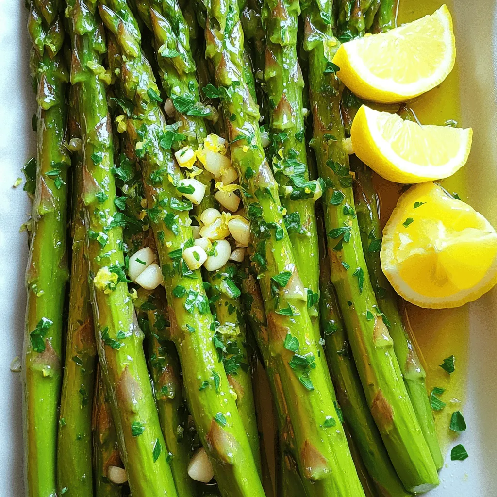 - 1 lb fresh asparagus, trimmed - 3 tablespoons olive oil - 4 cloves garlic, minced - Zest and juice of 1 large lemon - 1 teaspoon sea salt - ½ teaspoon black pepper - ¼ teaspoon red pepper flakes (optional for heat) - Fresh parsley, chopped (for garnish) - Lemon wedges (for serving) To create the lemon garlic asparagus, you need fresh ingredients. The asparagus should be firm and bright green. I love using olive oil for richness and garlic for flavor. The lemon zest adds a zesty touch, while the juice brightens the dish. Sea salt and black pepper enhance the taste, and red pepper flakes can add a nice kick if you like heat. Don't forget fresh parsley for a pop of color and garnish. Lastly, serve the dish with lemon wedges to boost the flavor even more! For the complete cooking process, check out the Full Recipe. - Preheat your oven to 400°F (200°C). This helps the asparagus cook evenly. - In a small bowl, whisk together 3 tablespoons of olive oil, 4 minced garlic cloves, the zest and juice of 1 lemon, 1 teaspoon sea salt, ½ teaspoon black pepper, and ¼ teaspoon red pepper flakes. Mix until smooth. - Take 1 pound of fresh asparagus and trim the ends. Coat it well with the lemon-garlic mixture. - Spread the coated asparagus on a baking sheet lined with parchment paper. Make sure they’re in a single layer for even cooking. - Place the baking sheet in the oven. Roast for 12-15 minutes. You want the asparagus to be tender and slightly crispy at the tips. - Once done, remove the asparagus from the oven. Garnish with fresh parsley for color. - Serve hot with lemon wedges on the side. This adds extra zest and flavor! For the full recipe, refer back to the ingredients list above. Enjoy your tasty lemon garlic asparagus! To pick fresh asparagus, look for bright green color and firm stems. The tips should be tightly closed. Avoid any that look wilted or have dark spots. Fresh asparagus should snap easily when bent. For cooking, choose asparagus that is about the thickness of a pencil. Thicker stalks are often more tender when cooked properly. To get the right crunch, do not overcook the asparagus. Roast it until it is just tender, about 12-15 minutes at 400°F. If you want a bit more flavor, add extra lemon juice or zest. You can adjust the seasonings to suit your taste. If you like heat, add more red pepper flakes. Lemon garlic asparagus pairs well with roasted chicken or fish. It also complements creamy pasta dishes nicely. For a refreshing drink, try a crisp white wine, like Sauvignon Blanc. This wine's citrus notes match well with the lemon flavor. Enjoy your meal with this tasty side dish for a true culinary delight! For the full recipe, check out the detailed instructions above. {{image_2}} You can easily change the taste of lemon garlic asparagus. Adding cheese is a great option. Grated Parmesan adds a rich flavor. Just sprinkle it on top before serving. You can also try other herbs. Fresh thyme or basil gives a nice twist. These herbs enhance the taste and add freshness. Feel free to mix and match to find your favorite combo. You have different ways to cook asparagus. Grilling is one fun option. It gives a smoky flavor and nice grill marks. Just toss the asparagus in the lemon-garlic mix and grill for 5-7 minutes. Roasting is another great choice. It makes the asparagus tender and crispy. Follow the roasting steps in the Full Recipe for the best results. For a quick meal, use the stovetop sauté method. Heat some olive oil in a pan. Add the asparagus and cook for 5-8 minutes. Stir frequently to cook evenly. This method is fast and keeps the asparagus crisp. Lemon garlic asparagus is naturally vegan. It’s also gluten-free, which is great for many diets. You can enjoy this dish without worry. If you want to add protein, try chickpeas. They pair well and keep it plant-based. This dish is flexible and suits many diets. To keep your lemon garlic asparagus fresh, place it in an airtight container. Refrigerate it right after serving. This helps maintain flavor and texture. Enjoy your leftovers within three days for the best taste. When you reheat, use the oven for great results. Preheat your oven to 350°F (175°C). Place the asparagus on a baking sheet and warm for about 10 minutes. This keeps it crisp and tasty. If you want to freeze asparagus, do it before cooking. First, wash and trim the asparagus. Blanch it in boiling water for two minutes. Then, place it in ice water to stop cooking. Drain well, and pack it in freezer bags. Remove air and seal tightly. You can also freeze cooked asparagus, but it may lose some crunch. Let it cool completely before packing it in bags. Again, remove air for best results. Fresh asparagus lasts about three to four days in the fridge. Look for bright green color and firm stems. If it starts to look limp or dark, it’s time to toss it. Frozen asparagus can last up to 10 months. Always check for freezer burn, which affects taste. For optimal freshness, use your asparagus soon after buying. This ensures you get the best flavor in your lemon garlic asparagus from the full recipe. To make lemon garlic asparagus, start by prepping fresh asparagus. Trim the ends to remove any tough parts. Preheat your oven to 400°F (200°C). In a bowl, mix olive oil, minced garlic, lemon zest, lemon juice, sea salt, black pepper, and optional red pepper flakes. Place the asparagus on a baking sheet lined with parchment paper. Drizzle the lemon-garlic mixture over the asparagus. Toss them to coat well. Spread them out in a single layer. Roast for 12-15 minutes until tender and crispy. Garnish with parsley and serve hot with lemon wedges. For a detailed guide, check the Full Recipe. Asparagus is low in calories and rich in nutrients. It contains vitamins A, C, E, and K. It also has fiber, folate, and antioxidants. These nutrients help improve digestion and support heart health. Asparagus is also a natural diuretic, which can help reduce bloating. Eating asparagus may boost your immune system and promote healthy skin. It’s a great addition to a balanced diet. Yes, you can use frozen asparagus. However, fresh asparagus gives the best texture. If you use frozen, cook it for a shorter time. Thaw it first and drain excess moisture. Then, follow the same steps as fresh asparagus. Keep an eye on it while roasting to avoid overcooking. Enjoy the convenience of frozen asparagus without losing flavor. This blog post showed you how to make tasty lemon garlic asparagus. We covered the ingredients, steps for roasting, and tips for success. You learned how to choose fresh asparagus and explore variations. I also shared storage tips for leftovers and answered common questions. Enjoy making this dish and impressing your family! With fresh ingredients and simple steps, you'll create a side that everyone loves. Try different flavors, and have fun experimenting. Your kitchen is your playground. Happy cooking!