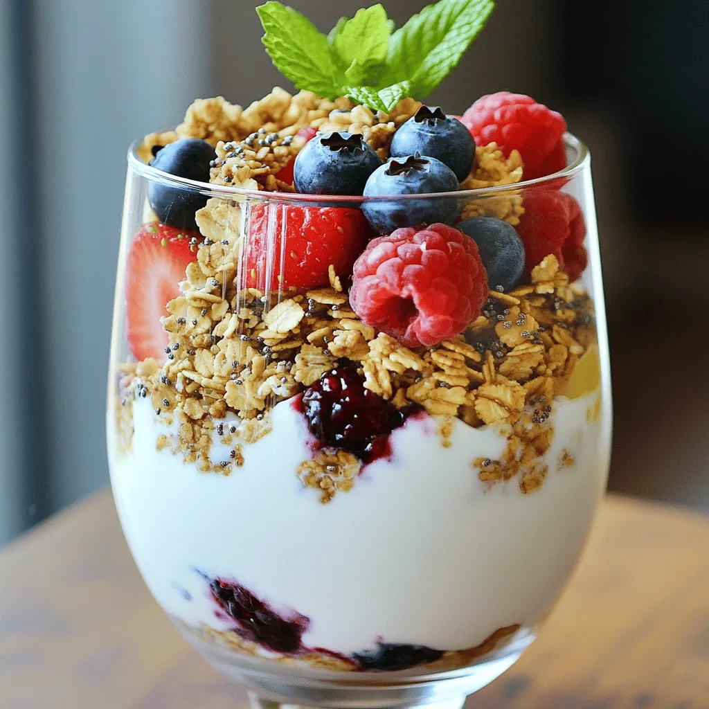 To make a tasty Greek yogurt parfait, you need a few key ingredients. Here’s what you should gather: - 2 cups Greek yogurt (plain or flavored) - 1 cup granola (store-bought or homemade) - 1 cup mixed berries (strawberries, blueberries, raspberries) - 2 tablespoons honey or maple syrup - 1 teaspoon vanilla extract These ingredients combine to create a creamy, crunchy, and sweet treat. The yogurt gives you protein and probiotics, while the berries add vitamins and fiber. Granola gives it crunch, making every bite fun. You can make your parfait even better with some fun toppings. Here are a few ideas: - 1 tablespoon chia seeds (optional) - Fresh mint leaves for garnish Chia seeds add a nice texture and extra nutrition. Mint leaves make your parfait look pretty and fresh. Feel free to get creative with other toppings too, like nuts, seeds, or coconut flakes. When picking Greek yogurt, quality matters. Look for yogurt with simple ingredients and no added sugars. It should have a thick and creamy texture. Taste is key, so don’t hesitate to try a few brands. My favorite is plain yogurt, as it mixes well with sweeteners and fruit. This way, you control the sweetness and flavor. For the best parfait, choose a yogurt you love! Start by getting a medium bowl. Add 2 cups of Greek yogurt to the bowl. For sweetness, mix in 2 tablespoons of honey or maple syrup. Then, add 1 teaspoon of vanilla extract for flavor. Stir it all together until smooth. This step makes a creamy base that tastes great. You can use plain or flavored yogurt, but I love vanilla. It adds a nice touch to the parfait. Grab some clear glasses or bowls. Begin layering your parfait by adding a spoonful of the yogurt mixture at the bottom. Next, sprinkle a layer of granola, about 1 cup total. This gives a nice crunch. After that, add a layer of mixed berries. Use strawberries, blueberries, and raspberries for colors and flavors. Keep layering until you fill the glass. Make sure to finish with a layer of yogurt on top. For a fun twist, sprinkle 1 tablespoon of chia seeds on top. These add extra texture and nutrition. Then, add fresh mint leaves for a pop of color. Serve right away to keep the layers fresh. You can enjoy this Greek Yogurt Parfait as a snack or breakfast. It's colorful and tasty. Follow the Full Recipe for exact steps and details. To create a stunning parfait, start with your yogurt mix. Use a clear glass so you can see the layers. Place a scoop of yogurt at the bottom. Next, add a layer of granola. Keep it even and avoid clumping. Add mixed berries on top, then repeat the steps. Make sure the last layer is yogurt. This method makes your parfait look amazing! Making granola at home is easy and fun! You only need a few simple ingredients. Gather oats, nuts, honey, and a pinch of salt. Mix them in a bowl, then spread on a baking sheet. Bake at 350°F for about 20 minutes. Stir halfway to brown it evenly. Let it cool before adding it to your parfait. Homemade granola tastes great and is healthy too! When serving your parfaits, think about colors and textures. Use fresh mint leaves on top for a pop of green. You can also drizzle honey or maple syrup over the layers. This adds shine and sweetness. For a fun twist, try using mason jars for a rustic look. Guests will enjoy the special touch. Remember, we eat with our eyes first! Check out the Full Recipe for more ideas. {{image_2}} You can change your Greek yogurt parfait based on the season. In spring and summer, use fresh berries like strawberries, blueberries, and raspberries. In fall, try apples and pears. You can even add some cinnamon for warmth. During winter, citrus fruits like oranges and grapefruits add a bright touch. Mix and match your fruits for fun flavors. Seasonal fruits not only taste great but also provide extra nutrients. If you want to change the sweetness, many options exist. You can use honey, maple syrup, or agave nectar. Each adds a unique taste. Try using mashed bananas for natural sweetness. You can also add a splash of vanilla or almond extract for depth. If you want a richer flavor, consider using nut butters. These options let you tailor your parfait to your taste. Making a vegan version of your parfait is easy. Instead of Greek yogurt, use dairy-free yogurt made from almond, coconut, or soy. These alternatives work well and still taste great. You can use the same layering method with granola and fruits. To sweeten, try agave or date syrup. These choices keep your parfait delicious while meeting dietary needs. For the full recipe, check out Greek Yogurt Parfait Delight. To keep your parfait fresh, cover it tightly with plastic wrap or a lid. Store it in the fridge. Enjoy your parfait within two days for the best taste. If you notice it getting watery, it's time to toss it. When prepping, store each layer separately. Keep the yogurt, granola, and fruit in different containers. This way, your granola stays crunchy and your fruit stays fresh. Assemble your parfaits just before serving. This keeps everything tasting great! Check your yogurt for any off smell or mold. If your berries look mushy or slimy, toss them out. Granola can go stale, so trust your nose. If it smells off, it’s best to discard it. Always trust your senses when it comes to food safety. Enjoy the delightful taste of Greek Yogurt Parfait Delight with this full recipe! Greek yogurt is packed with protein. A serving gives you about 20 grams, which helps build muscle and keeps you full. It has less sugar than regular yogurt, making it a smart choice. Greek yogurt also has probiotics. These good bacteria help your gut stay healthy. Plus, it’s rich in calcium, which is great for your bones. It can aid digestion and boost your immune system. Using Greek yogurt in your parfait adds nutrition without sacrificing taste. Yes, you can prepare Greek Yogurt Parfaits in advance. It’s best to store the yogurt and granola separately. This keeps the granola crunchy. You can layer the yogurt and fruit in jars or bowls. Seal them tightly and keep them in the fridge. They stay fresh for up to two days. Just add the granola right before eating for the best texture. This makes your parfait easy to grab for breakfast or a quick snack. You can easily customize your parfait. If you’re dairy-free, use coconut or almond yogurt. For a gluten-free option, choose gluten-free granola or nuts. If you need to cut sugar, try using fresh fruit or a sugar substitute. You can add seeds or nuts for extra crunch and healthy fats. This way, you can enjoy a tasty parfait that fits your needs. The Full Recipe includes many options, so feel free to mix and match! Greek yogurt parfaits are a delicious and healthy treat. You learned about essential ingredients, step-by-step instructions, and useful tips. We explored various variations and storage info, helping you create your perfect parfait. Now, you can make a tasty dessert that suits your taste and diet. Enjoy making these easy and fun parfaits for any occasion! Happy layering!