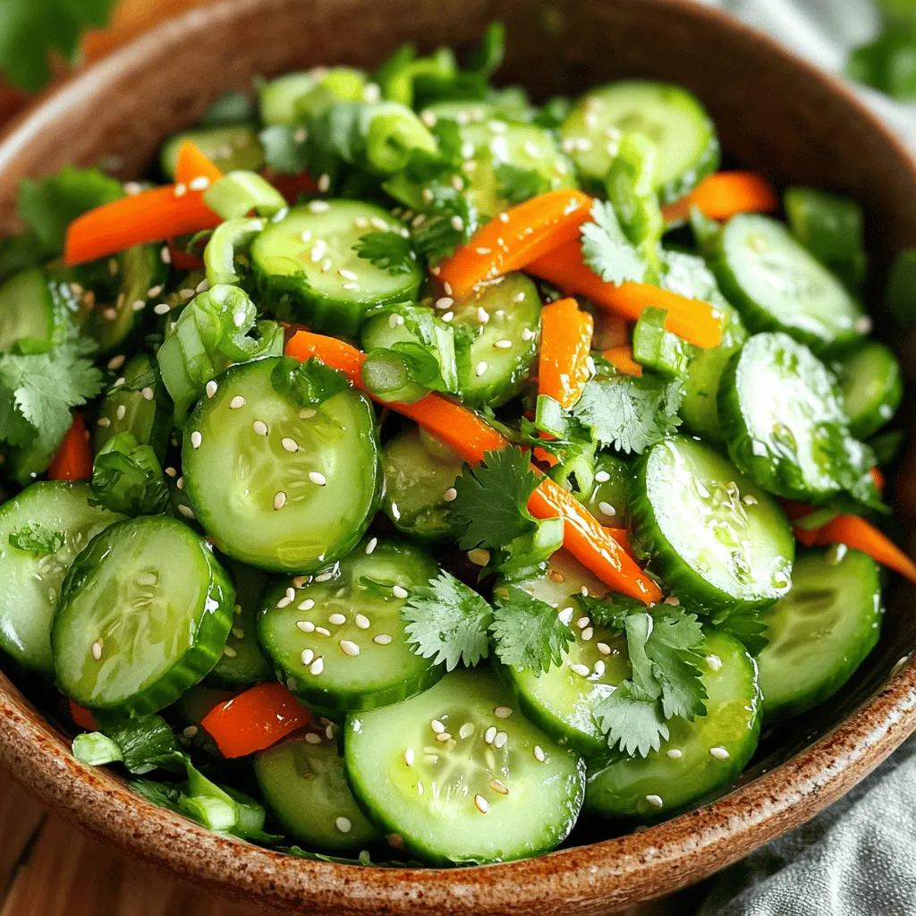 - Fresh cucumbers - Carrot and red bell pepper - Green onions and cilantro - Toasted sesame seeds - Dressing ingredients: sesame oil, rice vinegar, soy sauce, honey, garlic, ginger, salt, and pepper To make this salad, start with fresh cucumbers. I use large ones, so they stay crisp. Next, you’ll need a carrot for crunch and a red bell pepper for color. I love how it adds sweetness! Chop green onions and cilantro for that fresh flavor. Toasted sesame seeds give a nice crunch and nutty taste. Now, for the dressing, gather sesame oil for richness and rice vinegar for tang. Add soy sauce for saltiness. A touch of honey balances the flavors. Don’t forget minced garlic and grated ginger for depth. Lastly, season with salt and pepper to taste. You can find the full recipe to guide you through the steps. This salad brings together great tastes and textures, making it a must-try! Start with the cucumbers. I like to slice them thinly for great texture. You can use a sharp knife or a mandoline for even slices. If you want less water in your salad, sprinkle salt on the slices. Let them sit for about 10 minutes, then rinse and pat dry. This makes the salad crisper. Next, julienne the carrot. Cut it into thin matchstick shapes. This adds a nice crunch and color. For the red bell pepper, slice it thin as well. Aim for similar sizes to keep the salad uniform. Finally, chop the green onions and cilantro. These fresh herbs will add brightness and flavor. Use the green tops of the onions for a pop of color. In a small bowl, whisk together the dressing ingredients. Combine sesame oil, rice vinegar, soy sauce, honey, minced garlic, and grated ginger. Mix until it is smooth and well blended. You can customize the dressing too! If you like it sweeter, add more honey. For more zing, increase the rice vinegar. Taste as you go to find your perfect balance. Now, add all your prepared vegetables to a large bowl. Pour the dressing over the salad and toss gently. Make sure every piece gets coated. This is where the magic happens! Let the salad marinate for at least 10-15 minutes. This allows the flavors to meld together. The longer it sits, the better it tastes! Before serving, sprinkle toasted sesame seeds on top. They add an extra crunch and nutty flavor. For the complete recipe, check out the Full Recipe. Enjoy your fresh and crisp Asian sesame cucumber salad! Managing cucumber water is key. Cucumbers can be watery. To reduce this, sprinkle salt on the slices. Let them sit for ten minutes, then rinse and pat dry. This helps keep your salad crisp. You can change ingredients based on your taste. Use different vegetables like radishes or snap peas. If you want more flavor, add chili flakes or lime juice. For a protein boost, try adding grilled chicken or tofu. This makes the salad heartier. This salad pairs well with grilled meats. Serve it alongside teriyaki chicken or beef skewers. It also complements rice dishes or noodle bowls perfectly. For a fun presentation, serve the salad in clear cups. This shows off the bright colors. You can also add a sprinkle of sesame seeds on top for extra flair. For an elegant touch, serve it on a large platter with lemon wedges. Explore the full recipe for more details on making this delightful dish. {{image_2}} You can easily make this salad gluten-free. Just swap soy sauce for tamari. Tamari has a similar taste but is safe for gluten-sensitive diets. For vegan options, use agave syrup instead of honey. Both options keep the salad tasty and fresh. Want to change things up? Try adding different proteins. Tofu gives a nice texture and absorbs flavors well. If you prefer meat, grilled chicken works great too. You can also mix in other veggies or fruits. Think of adding shredded cabbage or slices of mango for a sweet twist. These changes keep the salad exciting! You can find the full recipe [here](#). To keep your Asian sesame cucumber salad fresh, use an airtight container. This helps keep the salad crisp. Place the salad in the fridge right after serving. If you have extra dressing, store it separately to prevent sogginess. This way, you can enjoy the salad later without losing its crunch. Your salad can last in the fridge for about 2 to 3 days. However, check for signs of spoilage. If the cucumbers look slimy or smell bad, it’s time to toss it. Freshness is key for taste and texture, so always trust your senses. For the full recipe, check the cooking section above. You can try peanut oil, olive oil, or sunflower oil. Each oil has its own taste. Peanut oil adds a nutty flavor. Olive oil gives a mild taste. Sunflower oil is light and neutral. These oils work well in dressings. Just remember, they will change the salad's flavor a bit. Yes, you can make this salad ahead. It holds up well in the fridge. Prepare the salad and store it in an airtight container. Keep the dressing separate until you are ready to eat. This way, the cucumbers stay crunchy. Mix them together just before serving for the best taste. This salad is quite healthy! Cucumbers are low in calories and hydrating. The dressing has healthy fats from sesame oil. It also contains vitamins from the veggies. One serving has about 100 calories. It is full of nutrients and fiber. Enjoy it as a side or a light meal. For the full recipe, check out the Crunchy Asian Sesame Cucumber Salad. Asian Sesame Cucumber Salad is fresh and full of flavor. We explored its key ingredients, from crisp cucumbers to rich sesame oil. You learned how to prepare each element and create a tasty dressing. Tips and variations add fun twists, making this salad perfect for any meal. Store it well to enjoy later. I hope this encourages you to try making this vibrant salad at home. Enjoy its crunch and ease, and share it with friends for a delightful dish everyone will love!