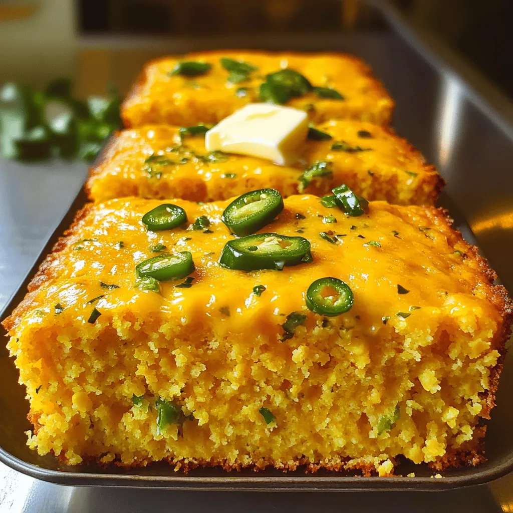 - Key Ingredients for Cheddar Jalapeño Cornbread - 1 cup cornmeal - 1 cup all-purpose flour - 1 tablespoon baking powder - 1/2 teaspoon salt - 1/4 teaspoon black pepper - 1 cup buttermilk (or a dairy-free alternative) - 1/3 cup vegetable oil - 2 large eggs - 1 cup sharp cheddar cheese, grated - 2-3 jalapeños, finely chopped (adjust according to spice preference) - 1/4 cup honey (optional, for sweetness) The key ingredients form the base of a rich, tasty cornbread. The cornmeal gives it that classic texture. The flour adds structure, while the baking powder helps it rise. Salt and pepper enhance the flavors, and the buttermilk adds moisture and tang. Eggs bind everything together. The cheddar cheese brings a savory richness, while jalapeños add a spicy kick. - Optional Ingredients for a Customized Flavor - 1/4 cup honey (for sweetness) - Fresh herbs like chives or cilantro - Other cheeses, like pepper jack or gouda You can tweak this recipe to fit your taste. Honey adds a touch of sweetness. Fresh herbs can brighten each bite. Different cheeses can change the flavor profile completely. - Dietary Adaptations (Dairy-free, Gluten-free options) - Use a dairy-free milk, like almond or oat milk, in place of buttermilk. - Substitute all-purpose flour with a gluten-free blend. Making this cornbread fit your diet is simple. Just swap out a few ingredients, and you can enjoy it too. For the full recipe, you can refer to the provided details. Enjoy your cooking! Prepping the Dry Ingredients Start by gathering your dry ingredients. In a large bowl, mix together: - 1 cup cornmeal - 1 cup all-purpose flour - 1 tablespoon baking powder - 1/2 teaspoon salt - 1/4 teaspoon black pepper Whisk these together. This helps to make sure they blend well and create a nice rise in your cornbread. Mixing the Wet Ingredients In a separate bowl, whisk together your wet ingredients. Combine: - 1 cup buttermilk (or a dairy-free alternative) - 1/3 cup vegetable oil - 2 large eggs If you want a touch of sweetness, add in 1/4 cup honey here. Mix until smooth. Combining the Ingredients Now, pour the wet mixture into the dry bowl. Stir gently just until they come together. Don't overmix! A few lumps are fine. Then, fold in: - 1 cup sharp cheddar cheese, grated - 2-3 jalapeños, finely chopped (adjust according to your spice preference) Make sure the cheese and jalapeños spread evenly in the batter. Pouring the Mixture Grease a 9-inch square baking dish or a cast-iron skillet with butter or oil. Pour your batter into the dish, spreading it evenly. Baking Time and Temperature Preheat your oven to 400°F (200°C). Place the dish in the oven and bake for 20-25 minutes. Testing for Doneness To check if it’s done, insert a toothpick into the center. It should come out clean. The top should be golden brown. After baking, let it cool for about 5 minutes before slicing. For a complete guide, you can check the Full Recipe. Enjoy your delicious cornbread warm! Avoiding Overmixing Overmixing can make cornbread tough. Mix just until the dry and wet ingredients blend. A few lumps are okay. This keeps the bread light and fluffy. Choosing the Right Cheese Sharp cheddar cheese gives the best flavor. Look for a cheese that melts well. You can also try pepper jack for a spicy kick. Suggested Herb Additions Add fresh herbs for extra flavor. Chopped chives or cilantro work great. A pinch of oregano or thyme can also boost taste. These herbs add depth to your cornbread. Adjusting Spice Levels You can change the heat level by using more or fewer jalapeños. For milder cornbread, remove the seeds. If you like heat, add more jalapeños or use a hotter variety. Adjusting spice lets you customize the flavor to your taste. {{image_2}} Using Different Cheeses You can easily switch up the cheese in this cornbread. If sharp cheddar isn’t your favorite, try Monterey Jack for a milder taste. Pepper Jack adds a nice kick without needing extra jalapeños. Or go bold with a blue cheese for a strong flavor. Each cheese brings its own magic to the dish. Adding Additional Veggies or Proteins Want to boost the nutrition? Toss in some veggies. Chopped bell peppers or corn kernels work well. You can even add cooked bacon or sausage for a hearty twist. These changes keep the recipe fresh and fun. Sweet Cornbread Variations If you crave sweetness, adjust the recipe. Add sugar or maple syrup to the batter. You can also fold in fruits like blueberries or cranberries. This gives a nice balance to the spicy jalapeños. Savory Herb Cornbread Alternatives For a herb-infused version, add fresh herbs like rosemary or thyme. These herbs bring a fragrant touch. You can also mix in garlic powder for more depth. This makes a great side for soups or stews, enhancing the meal. Check out the Full Recipe for more ways to enjoy your cornbread. To keep your Cheddar Jalapeño Cornbread fresh, follow these steps: - Best Practices for Refrigeration: Cool the cornbread completely. Wrap it tightly in plastic wrap. Place it in an airtight container. This keeps moisture in and prevents drying out. It lasts up to four days in the fridge. - Freezing for Longer Storage: For longer storage, cut the cornbread into squares. Wrap each piece in plastic wrap, then place them in a freezer bag. Label the bag with the date. You can freeze it for up to three months. Thaw overnight in the fridge for best results. When you're ready to enjoy leftover cornbread, reheating is key: - Oven vs. Microwave Methods: The oven gives the best texture. Preheat your oven to 350°F (175°C). Place the cornbread on a baking sheet. Heat for about 10-15 minutes. If you're in a hurry, use the microwave. Place a piece of cornbread on a microwave-safe plate. Heat for 20-30 seconds, checking for warmth. - Keeping It Moist: To keep it moist, add a splash of water to the plate when microwaving. Cover it with a damp paper towel. This helps steam the cornbread, keeping it soft and delicious. Can I make this cornbread ahead of time? Yes, you can make this cornbread ahead of time. Bake it, let it cool, and wrap it well. Store it in the fridge for up to three days. You can also freeze it for up to three months. Just make sure to wrap it tightly. How do I make cornbread moist? To make cornbread moist, do not overmix the batter. Overmixing makes it dry. Use buttermilk or a dairy-free alternative for extra moisture. Adding cheese and jalapeños also helps keep it moist. Finally, bake it until just golden, but not too long. What's the best way to serve cornbread? Serve cornbread warm. A pat of butter on top makes it even better. You can also add more jalapeños for heat. Pair it with chili or soups for a hearty meal. Enjoy it as a side or a snack. What can I use instead of buttermilk? If you need a substitute for buttermilk, mix one cup of milk with one tablespoon of vinegar or lemon juice. Let it sit for five minutes. This will give you a similar tangy flavor. You can also use almond milk or soy milk with the same method. Are there any nut-free alternatives for this recipe? This recipe is naturally nut-free. Just be sure to check labels on all your ingredients. Use vegetable oil, as it is nut-free. If you use a dairy-free cheese, verify that it does not contain nuts. Enjoy this cornbread without worry! In this blog post, we explored how to make delicious Cheddar Jalapeño Cornbread. We discussed key ingredients and how to adjust for dietary needs. You learned step-by-step instructions for preparation and baking. I shared tips to perfect the texture and enhance flavors. We also covered fun variations and proper storage methods, plus answers to common questions. Remember, cornbread is flexible. You can swap ingredients to fit your taste. Enjoy trying new flavors and make it your own! Happy baking!