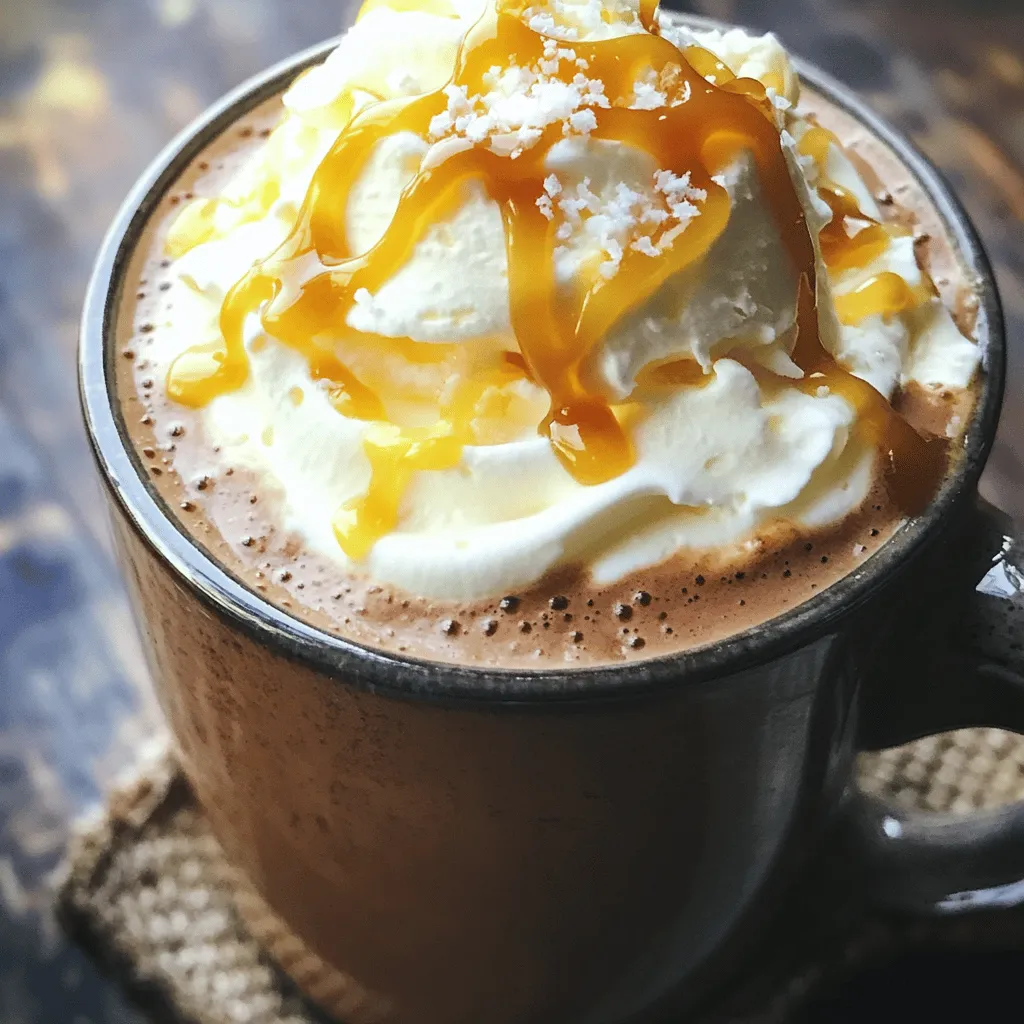 To make the best Salted Caramel Mocha Latte, gather these main ingredients: - 1 cup brewed espresso or strong coffee - 1 cup milk (dairy or non-dairy) - 2 tablespoons unsweetened cocoa powder - 2 tablespoons caramel sauce (plus extra for drizzling) - 1 tablespoon sugar (optional, adjust to taste) - ¼ teaspoon sea salt (plus more for garnish) - Whipped cream (for topping) These ingredients create a rich and creamy drink. The espresso gives a strong coffee flavor, while the cocoa powder adds deep chocolate notes. The caramel sauce brings sweetness and a touch of fun. The sea salt balances everything perfectly. You can customize your Salted Caramel Mocha Latte with these optional ingredients: - Flavored syrups (like vanilla or hazelnut) - A sprinkle of cinnamon or nutmeg - Different types of milk (almond, oat, or soy) - Vegan whipped cream for a dairy-free option These choices let you change the flavor to match your taste. Try adding a dash of cinnamon for a warm spice. Or, pick a flavored syrup to amp up the sweetness. Here's a quick look at the nutritional facts for a standard serving: - Calories: Approximately 300 - Protein: 8 grams - Fat: 10 grams - Carbohydrates: 45 grams - Sugar: 30 grams Keep in mind these values may change based on your ingredient choices. Using non-dairy milk or skipping the whipped cream can lower the calories. It’s a fun treat, but enjoy it in moderation. Brew your coffee or espresso first. Use one cup of strong coffee or espresso. Make sure it is fresh and hot. This will be the strong base of your latte. Pour it into your favorite mug. Set it aside while you make the rest. Now, let’s make the cocoa-caramel mixture. In a small saucepan, combine these items: - 1 cup milk (dairy or non-dairy) - 2 tablespoons unsweetened cocoa powder - 2 tablespoons caramel sauce (plus extra for drizzling) - 1 tablespoon sugar (optional) - ¼ teaspoon sea salt Heat this mixture over medium heat. Whisk it often until warm. Make sure the cocoa powder fully dissolves. This will take about 3-5 minutes. The smell will be amazing! Now for the fun part! Remove the saucepan from the heat. Froth the cocoa-caramel mixture. You can use a milk frother or a whisk. Froth until it is light and fluffy. Pour the brewed coffee or espresso into your mug. Then, gently pour the frothy cocoa-caramel mixture on top. Stir slightly to mix them. Next, add a generous dollop of whipped cream on top. Drizzle extra caramel sauce over the cream. For a final touch, sprinkle a pinch of sea salt. Now you are ready to enjoy this delightful treat! If you want the Full Recipe, check the details above. To create a latte with great texture, use cold milk. Whole milk works best but try non-dairy options too. Heat it gently, but do not boil. Use a frother for light, airy bubbles. Hold the frother just below the milk's surface. Move it in circles for better froth. If you lack a frother, use a whisk or a jar. Shake the milk in a jar until frothy, then heat it. Taste your drink as you go. If you want it sweeter, add more caramel or sugar. You can also use flavored syrups to change the taste. For a rich flavor, use dark chocolate cocoa powder. For less sweetness, cut back on the caramel. Remember, you can always add more, but you cannot take it out. Here are some tools that help make your latte perfect: - Espresso machine or coffee maker - Milk frother or whisk - Small saucepan for heating milk - Measuring spoons for accuracy - A sturdy mug for serving These items will help you craft a delicious salted caramel mocha latte at home. For the full recipe, check out the detailed instructions provided above. Enjoy the process and make it your own! {{image_2}} To make an iced version, start with cold brew coffee. Use the same cocoa-caramel mixture. Pour it over ice in a tall glass. Finish with whipped cream and a caramel drizzle. This drink is perfect for hot days. The cold drink makes the flavors even more refreshing and fun. You can change up the milk for your taste. Almond milk gives a nutty flavor. Oat milk adds creaminess without dairy. Coconut milk provides a tropical twist. Each choice brings new tastes to your latte. Feel free to experiment until you find your favorite blend. Want to spice things up? Add a dash of cinnamon or nutmeg for warmth. A splash of vanilla extract can sweeten the deal. You can also try different flavored syrups. Hazelnut or peppermint can change the whole drink. These small changes can turn your latte into a unique treat. Enjoy exploring all the flavor options! To keep your salted caramel mocha latte fresh, store leftover ingredients separately. Place any unused caramel sauce in a clean, airtight jar. Refrigerate it to keep it fresh for up to two weeks. If you have leftover cocoa-caramel mixture, store it in the fridge in a tight container. Use it within three days for the best taste. When it's time to enjoy your latte again, gently reheat the cocoa-caramel mixture. Use a small saucepan over low heat. Stir it often to avoid burning. If you need it warm quickly, a microwave works too. Heat it in short bursts, stirring in between. Once heated, pour it over fresh brewed coffee or espresso. Top it off with whipped cream and caramel drizzle for a treat that feels new! If you want to save your caramel sauce for later, freezing is a great option. Pour it into an ice cube tray or small containers. Once frozen, transfer the cubes to a zip-top freezer bag. This makes it easy to grab just the right amount when you need it. To use frozen caramel sauce, let it thaw in the fridge overnight. You can also warm it gently in a saucepan. Enjoy that rich flavor anytime! For the full recipe, check out the Salted Caramel Mocha Latte details above. Yes, you can use strong brewed coffee instead. Just brew one cup of coffee. It gives a nice flavor too. The taste will change slightly but still be yummy. You can also add more cocoa and caramel to boost flavors. You can use any milk you like. Dairy milk gives a rich taste. Almond, soy, or oat milk are great non-dairy choices. Each gives a unique twist. Choose what you enjoy most or what you have at home. To make it vegan, use non-dairy milk. Almond, soy, or oat milk work well. Also, choose a vegan caramel sauce. Check labels to ensure no animal products are in the sauce. This way, you still get that sweet flavor without dairy. You can find it at many coffee shops. Big chains often have it on their menu. Some local cafes also serve their unique versions. If you prefer homemade, you can easily make it with the Full Recipe. The Full Recipe for Salted Caramel Mocha Latte includes simple ingredients. You need brewed espresso or coffee, milk, cocoa powder, caramel sauce, sugar, and sea salt. Whipped cream tops it off for a rich finish. You can find the complete steps to make it yourself. You learned how to make a delicious Salted Caramel Mocha Latte. We covered the key ingredients and step-by-step instructions to brew this treat. I shared useful tips for frothing and flavor adjustments. You can also explore variations and storage options to enjoy this drink longer. Remember, customizing your latte makes it truly your own. Use this guide to impress your friends or treat yourself. Enjoy your perfect cup of heaven!