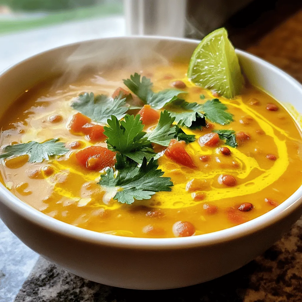 To make this tasty soup, you need a few key items. Here’s what you’ll need: - 1 cup red lentils, rinsed - 1 can (13.5 oz) coconut milk - 1 tablespoon coconut oil - 1 medium onion, finely chopped - 2 cloves garlic, minced - 1 tablespoon fresh ginger, grated - 2 tablespoons curry powder - 1 teaspoon turmeric powder - 4 cups vegetable broth - 1 cup diced tomatoes (fresh or canned) - 1 cup spinach or kale, chopped - Salt and pepper to taste - Juice of 1 lime - Fresh cilantro for garnish These ingredients come together to create a rich, creamy base. The red lentils offer protein and fiber, while coconut milk adds smoothness. The spices bring warmth and flavor, making every bite comforting. You can make this soup even better with some fun add-ins. Here are a few ideas: - Chopped bell peppers for crunch - Carrots or sweet potatoes for sweetness - Green peas for a pop of color - A dash of chili flakes for heat - Fresh herbs like basil or mint for freshness These options allow you to customize the soup to your taste. Feel free to mix and match based on what you like! This soup meets many dietary needs. It is naturally vegan since it uses no animal products. The coconut milk makes it rich without dairy. Plus, it is gluten-free. You can enjoy this dish without worries about gluten. This makes it a great choice for parties or family meals, as everyone can enjoy it! For the complete recipe, check out the Full Recipe. To make this Coconut Curry Lentil Soup, gather your ingredients first. You will need red lentils, coconut milk, coconut oil, onion, garlic, ginger, curry powder, turmeric, vegetable broth, diced tomatoes, spinach or kale, lime, salt, and pepper. This soup is quick to prepare and cook, taking only about 35 minutes. Start by rinsing the lentils. This helps remove any dirt or extra starch. 1. Heat the coconut oil: In a large pot, set the heat to medium. Add the coconut oil and let it melt. 2. Sauté the onion: Toss in the chopped onion and cook for about 5 minutes. You want it to become soft and clear. 3. Add garlic and ginger: Next, mix in the minced garlic and grated ginger. Cook this for one more minute until you smell the aroma. 4. Mix spices: Add the curry powder and turmeric. Stir well to coat the onion mix. Do this for about 30 seconds. 5. Add broth: Pour in the vegetable broth and let it simmer. This helps build flavor. 6. Cook lentils and tomatoes: Now, add the rinsed lentils and diced tomatoes. Let this cook for 15 to 20 minutes. The lentils should be soft. 7. Finish with coconut milk: Stir in the coconut milk and your choice of greens. Let this simmer for another 5 minutes. 8. Season to taste: Add salt, pepper, and lime juice. This brightens the flavor. 9. Serve: Ladle the soup into bowls and top with fresh cilantro. Enjoy! To get the best texture in your soup, pay attention to the cooking times. Do not rush. The lentils need enough time to soften without breaking apart. If you like a thicker soup, let it simmer a bit longer. For a thinner texture, add more vegetable broth. Always taste your soup before serving. Adjust the seasonings to your liking. This will make a big difference in flavor! For the full recipe, check out the ingredients mentioned above. You can change the spice level of your coconut curry lentil soup. If you like it mild, use less curry powder. Start with one tablespoon, then taste. If you want more heat, add a pinch of cayenne pepper. Fresh chili peppers also work well. Just slice them thin and add them in with the onions. This way, you control the flavor. A large pot or Dutch oven is best for this soup. It holds all the ingredients and helps them cook evenly. Use a wooden spoon to stir. This tool allows you to scrape the bottom without scratching the pot. A good knife is also key for chopping onions and garlic quickly. You might want a blender too, if you like smooth soup. This soup pairs well with rice or crusty bread. Serve it with a lime wedge on the side for extra zest. Fresh cilantro adds a nice touch. You could also add a dollop of yogurt if you want creaminess. For a full meal, consider a light salad with leafy greens. All these options make your meal more exciting. Try the full recipe to enjoy this nourishing dish! {{image_2}} You can switch up ingredients to make this soup your own. Try adding sweet potatoes for extra sweetness. They cook down nicely and give a creamy texture. You can also toss in carrots or bell peppers for color and crunch. If you want a kick, add some chili flakes or fresh chilies. You can even use vegetable broth with added spices for a deeper flavor. While red lentils are great for their quick cooking, you can use other types too. Green or brown lentils will work well, but they take longer to cook. These lentils hold their shape better and give a nice bite. Black lentils can also add a unique twist and a beautiful color to your soup. Just remember to adjust cooking times based on the lentils you choose. If you have dietary needs, don’t worry! You can make this soup fit your lifestyle. For a nut-free version, ensure your coconut milk is safe. You can swap coconut oil for olive oil or avocado oil if you prefer. For a lower-fat option, use light coconut milk or vegetable broth instead of the full-fat version. And for a gluten-free soup, always check your broth and spices to ensure they are certified gluten-free. Feel free to explore these options and find what works best for you! For the complete recipe, check out the Full Recipe section. To keep your Coconut Curry Lentil Soup fresh, let it cool first. Use airtight containers for storage. You can keep the soup in the fridge for up to 5 days. Make sure to label your containers with the date. This way, you won’t forget when you made it! Freezing is a great option for longer storage. Pour the cooled soup into freezer-safe bags or containers. Leave some space at the top for expansion. You can freeze it for up to 3 months. When you're ready to enjoy it, just pull it out and thaw it in the fridge overnight. For reheating, put the soup in a pot. Heat it over medium-low heat, stirring often. If it seems thick, add a splash of water or broth. You can also microwave it in a bowl. Just cover it and heat in short bursts, stirring in between. Enjoy your warm, flavorful soup! Coconut curry lentil soup has roots in South Asian cooking. It combines flavors from India and Sri Lanka. This dish showcases the use of lentils, a staple in many cultures. The addition of coconut milk adds creaminess and sweetness. Many people enjoy it for its rich taste and health benefits. Yes, you can use a slow cooker for this recipe. First, sauté the onion, garlic, and ginger in a pan. Then, add those to your slow cooker with the rest of the ingredients. Set your slow cooker on low for 6-8 hours or high for 3-4 hours. This method makes the soup even more flavorful. Coconut curry lentil soup lasts about 4 to 5 days in the fridge. Make sure to store it in an airtight container. This way, it stays fresh and tasty. Always check for any signs of spoilage before eating. Reheat it on the stove or in the microwave when you're ready to enjoy it again. Yes, you can make this soup without coconut milk. Try using almond milk or cashew cream instead. These options give a different but still creamy texture. You can also add more vegetable broth for a lighter soup. Adjust the spices for the best flavor. For the full recipe, check out the [Full Recipe]. This blog post detailed how to make Coconut Curry Lentil Soup. You learned essential and optional ingredients to enhance flavor. We explored easy steps to prepare and cook your soup, with tips for the best texture. I shared ways to adjust spice levels and suggested serving ideas. You can customize your soup with different ingredients or lentils. Lastly, I provided storage tips and answered common questions. Now, you're ready to make a hearty, delicious soup that fits your taste and dietary needs. Enjoy every comforting bowl!