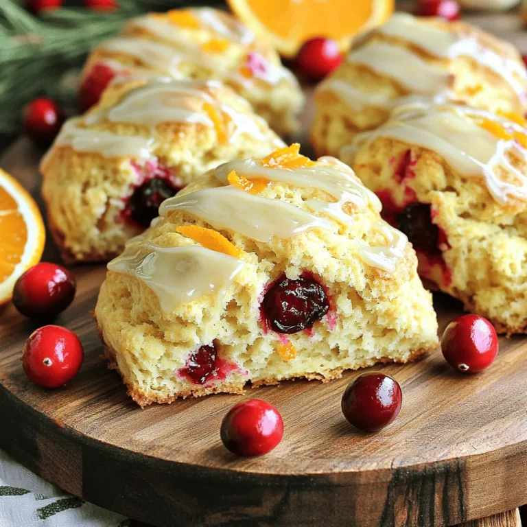 - 2 cups all-purpose flour - 1/4 cup granulated sugar - 1 tablespoon baking powder - 1/2 teaspoon salt - 1/2 cup cold unsalted butter, cubed - 1/2 cup fresh cranberries, chopped - Zest of 1 large orange - 1/2 cup buttermilk (or milk with vinegar) - 1 large egg - 1 teaspoon vanilla extract - 1/4 cup powdered sugar - 1 tablespoon orange juice - Clotted cream - Butter - Fresh cranberries and orange slices for garnish Using the right ingredients makes a huge difference in your scones. You need fresh cranberries for a bright flavor. The zest of the orange adds a nice touch, waking up your taste buds. Cold butter creates that perfect flaky texture. I like to use buttermilk because it gives a nice richness. If you want a sweet finish, mix powdered sugar and orange juice for a glaze. You can serve these scones with clotted cream or butter. Garnishing with cranberries and orange slices makes them look pretty. You can find the full recipe for Zesty Cranberry Orange Scones if you want to try this delightful treat! - Preheat the oven to 400°F (200°C). - Line a baking sheet with parchment paper for easy cleanup. - In a large bowl, combine 2 cups of flour, 1/4 cup of sugar, 1 tablespoon of baking powder, and 1/2 teaspoon of salt. Mix well to blend all the dry ingredients. - Take 1/2 cup of cold, cubed butter and add it to the flour mixture. - Use your fingers or a pastry cutter to blend the butter in. - Keep mixing until it looks like coarse crumbs. - In a separate bowl, whisk together 1/2 cup of buttermilk, 1 large egg, and 1 teaspoon of vanilla extract. - Pour this wet mixture into your dry ingredients. Stir gently to combine. - Be careful not to over-mix; it’s okay if some dry bits remain. - Turn the dough onto a lightly floured surface. - Knead it a couple of times, then shape it into a circle that is about 1 inch thick. - Cut the circle into 8 wedges and place them on the prepared baking sheet. - Place the baking sheet in the oven and bake for 15-18 minutes until they turn golden brown. - Once baked, cool them slightly before glazing. - You can find the full recipe for additional tips on glazing and serving. To make perfect scones, start with the right texture. Avoid over-mixing your dough. Mix until just combined. You want fluffy, soft scones. Over-mixing creates tough scones. Use cold ingredients for the best rise. Cold butter helps your scones puff up nicely. Creating a smooth glaze is easy. Mix orange juice with powdered sugar in a bowl. Stir until no lumps remain. This glaze adds a sweet touch to your scones. Drizzle the glaze over warm scones. The warmth helps the glaze soak in better. Serve your scones warm for the best taste. Pair them with clotted cream for a rich flavor. Fresh fruit adds a nice touch, too. I love to add slices of orange for extra zest. Arrange the scones on a platter for a pretty display. Garnish with fresh cranberries for a pop of color. Enjoy your delightful morning treat! {{image_2}} You can make your cranberry orange scones even more fun. Try adding chocolate chips for a sweet twist. Nuts like pecans or walnuts add a nice crunch. Dried fruits like apricots or cherries can also work well. Seasonal fruits, like blueberries or raspberries, can change the flavor too! These simple swaps keep your scones fresh and exciting. If you need a gluten-free option, don't worry! You can use gluten-free flour blends. Look for a blend that has a good mix of flours. This will give you a light and fluffy texture. Just remember to add a bit of xanthan gum if your blend does not include it. This helps hold everything together. Do you like your scones sweeter or less sweet? You can adjust the sugar to your taste. If you want a lighter scone, reduce the sugar by a couple of tablespoons. For a sweeter treat, feel free to add more. You can also mix in honey or maple syrup for a different flavor. Just remember to adjust your liquid ingredients if you add more sweeteners. For the full recipe, check out Zesty Cranberry Orange Scones . To keep your scones fresh, use an airtight container. This helps lock in moisture and flavor. Store them at room temperature for up to two days. If you want to keep them longer, the fridge is a good option. Just remember to let them cool completely before sealing them up. Freezing scones is easy. Start by letting them cool fully. Place them on a baking sheet in a single layer. Freeze them for about an hour. Once frozen, transfer them to a freezer bag. Remove as much air as possible. Label the bag with the date. You can freeze them for up to three months. When you're ready to enjoy, you can bake them straight from the freezer. Reheating scones is simple. Preheat your oven to 350°F (175°C). Place the scones on a baking sheet. Heat them for about 5-10 minutes. This keeps them warm and restores their crispness. If you want a quick option, use a microwave. Heat them for about 15-20 seconds. However, this may make them soft. For the best taste, stick to the oven method. You can easily make buttermilk at home. Mix one tablespoon of vinegar or lemon juice with one cup of milk. Let it sit for five minutes. You can also use plain yogurt or sour cream, thinned with a bit of milk. These options work well in your scones and keep them moist. To check if your scones are done, look for a golden brown color on top. You can also gently tap the bottom. If it sounds hollow, they are ready. Use a toothpick to poke the center. It should come out clean. Yes, you can freeze unbaked scone dough. After shaping the dough into wedges, place them on a baking sheet. Freeze until firm, then transfer to a bag. When ready to bake, preheat your oven and bake straight from frozen. Add a few extra minutes to the bake time. Serve cranberry orange scones warm for the best taste. Pair them with clotted cream or butter for added richness. You can also enjoy them with jam or fresh fruit. They look great on a platter with orange slices and cranberries for a fun touch. A scone can turn crumbly or tough if you over-mix the dough. Always mix gently until just combined. Using cold butter also helps create a light texture. If your ingredients are too warm, the scones can lose their rise and become dense. You can find the full recipe for these delightful scones in "Zesty Cranberry Orange Scones ". Enjoy making them! In this blog post, we explored the delightful world of Zesty Cranberry Orange Scones. We covered the key ingredients, step-by-step baking instructions, and tips for perfect scones. Remember to adjust sugar levels and consider fun variations to make your scones unique. Enjoy serving them warm with clotted cream and fresh fruit for a delightful treat. Baking should be fun and tasty, so get creative and enjoy every bite!