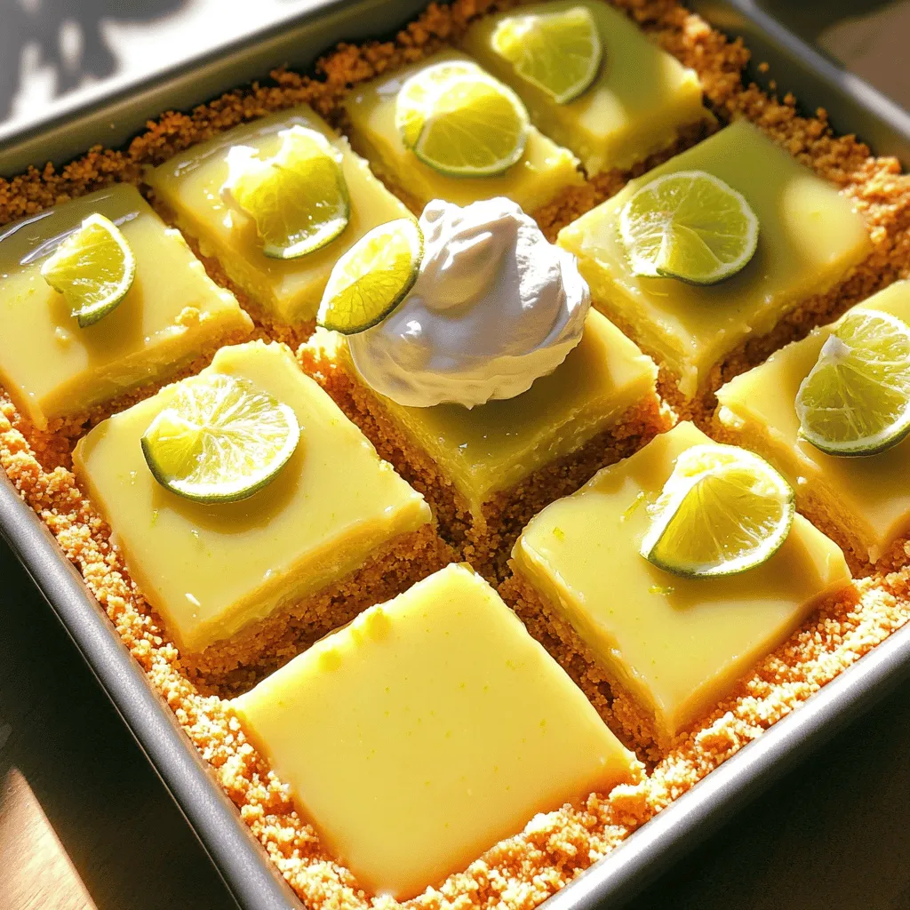 To make Key Lime Pie Bars, you need a few key ingredients. These will give your bars that classic taste. - For the crust: - 1 ½ cups graham cracker crumbs - ½ cup unsalted butter, melted - ⅓ cup granulated sugar - For the filling: - 2 large eggs - 1 cup sweetened condensed milk - ½ cup fresh key lime juice (or regular lime juice) - Zest of 2 key limes - ¼ teaspoon salt These ingredients create a rich and zesty flavor that many love. When it comes to lime juice, I recommend using fresh key lime juice. It has a unique tartness that gives the bars a fresh taste. If you can't find key limes, regular limes work too. To elevate your Key Lime Pie Bars, consider these toppings: - Whipped cream for a creamy finish - Lime slices for a bright, fresh touch These add a nice look and flavor. You can find the full recipe above to guide you through making these delightful bars. Enjoy the process and the tasty results! 1. Preheating the Oven and Preparing the Pan: Start by preheating your oven to 350°F (175°C). This step is key for even baking. While the oven heats, grab an 8x8-inch baking pan. Grease it lightly to prevent sticking. 2. Making and Pressing the Crust: In a mixing bowl, combine 1 ½ cups of graham cracker crumbs, ½ cup of melted unsalted butter, and ⅓ cup of granulated sugar. Mix until it feels like wet sand. Next, press this mixture firmly into the bottom of the pan. Make sure the layer is even for best results. 3. Mixing the Filling: In another bowl, whisk together 2 large eggs, 1 cup of sweetened condensed milk, ½ cup of fresh key lime juice, the zest of 2 key limes, and ¼ teaspoon of salt. Mix until everything blends smoothly. This filling gives the bars their bright, zesty flavor. 1. Baking the Crust and Filling Times: Place the pan in the preheated oven. Bake the crust for about 10 minutes until it turns lightly golden. After that, pour the key lime filling over the crust. Bake the entire pan for another 15 to 20 minutes. 2. Checking for Doneness: Keep an eye on the filling. It should be set but still have a slight jiggle in the center. This means it’s just right. Too much jiggling means it needs more time. 1. Recommended Cooling Times: Once baked, remove the bars from the oven. Let them cool at room temperature for a bit. Then, refrigerate them for at least 2 hours. This chilling time helps the bars firm up. 2. Tips for Cutting and Serving the Bars: When ready to serve, cut the chilled bars into squares. A sharp knife works best for clean cuts. For an extra treat, add a dollop of whipped cream on top and garnish with lime slices. These little touches make the dessert look fancy and fun. You can find the full recipe for these delightful Key Lime Pie Bars in the earlier sections. Enjoy your cooking! To get a crumbly texture, use fresh graham cracker crumbs. Crush them finely to ensure they mix well with butter. You can also blend in a little sugar for extra sweetness. If you lack graham crackers, try using crushed cookies, like digestive biscuits. They can give a unique flavor while still holding together well. Curdling in the filling can ruin your bars. To avoid this, mix the filling gently. Use room temperature eggs and sweetened condensed milk. This helps create a smooth mixture. Aim for a silky texture without any lumps. For the right consistency, make sure to whisk thoroughly. The filling should be thick but pourable. Serving your key lime pie bars can be fun and creative. Cut them into neat squares for a clean look. For a touch of flair, add a dollop of whipped cream on top. Lime slices on the side make a lovely garnish. You can even sprinkle some lime zest for extra color and flavor. Enjoy making your dessert not just tasty but pretty too! {{image_2}} You can change up the flavor of your Key Lime Pie Bars. Adding fruits makes it fun. Try mixing in berries like raspberries or strawberries. Their sweetness pairs well with the tart lime. You can also add coconut for a tropical twist. Just mix it into the filling before baking. For those who need a gluten-free crust, use almond flour or gluten-free graham crackers. This way, everyone can enjoy these tasty bars. If you want a lighter version, consider reducing the sugar. You can swap granulated sugar for a sugar substitute like stevia. This keeps the flavor but cuts down on calories. If you need a dairy-free option, try coconut milk instead of sweetened condensed milk. It adds creaminess while keeping the recipe rich and tasty. Want a fun twist? Make mini bars! Use a mini muffin tin to create bite-sized delights. They are great for parties and easy to share. You can also turn this recipe into a classic pie. Just use a pie crust instead of bars and bake it the same way. The pie version is a great option for gatherings or special occasions. For the full recipe, check out the original instructions. To keep your Key Lime Pie Bars fresh, place them in the fridge. Use an airtight container to prevent drying. This method helps maintain their zesty flavor and creamy texture. You can store them in the fridge for up to five days. After that, the taste may change, and they might not be as good. If you want to save some for later, freezing is a great option. First, cut the bars into squares. Then, wrap each piece in plastic wrap. Place the wrapped bars in a freezer-safe container. This keeps them safe from freezer burn. You can freeze them for up to three months. To thaw, move the bars from the freezer to the fridge. Let them sit overnight for the best results. You can also thaw them at room temperature for about an hour. This helps bring back their creamy texture. Using a sturdy container is key. A glass or plastic container with a tight lid works best. Avoid using flimsy bags, as they might break. Enjoy your frozen Key Lime Pie Bars any time! For the complete recipe, check out the Full Recipe section. Can you use regular limes instead of key limes? Yes, you can use regular limes. Key limes have a unique taste. They are smaller and more tart. Regular limes will work in a pinch. The bars may taste a bit different but still delicious. How do I know when the bars are done baking? The bars are done when the filling is set. It should have a slight jiggle in the center. If it looks too runny, bake for a few more minutes. Keep an eye on them to avoid overbaking. Can I make this recipe dairy-free? Yes, you can make it dairy-free. Use coconut cream instead of sweetened condensed milk. It adds a nice flavor and keeps the bars creamy. You can also find dairy-free butter for the crust. How do I adjust for different pan sizes? If you use a larger pan, the bars will be thinner. Reduce baking time to avoid overbaking. For a smaller pan, increase the filling amount. Just be mindful of baking times. What to serve with Key Lime Pie Bars? These bars pair well with whipped cream. Fresh fruit like berries also makes a great side. You can serve them with a scoop of vanilla ice cream for a treat. Best beverages to accompany the dessert I recommend iced tea or lemonade. Both drinks match the tartness of the bars well. You might also enjoy a light white wine or sparkling water for a refreshing touch. For the complete recipe, check out [Full Recipe]. In this article, we covered making delicious Key Lime Pie Bars. You learned about essential ingredients, step-by-step instructions, and helpful tips for perfect crust and filling. We also explored variations and storage options. Remember, these bars can be made with different flavors and served in new ways. With the right techniques, you can create a tasty treat everyone will enjoy. Keep these tips in mind, and your Key Lime Pie Bars will shine at any gathering!