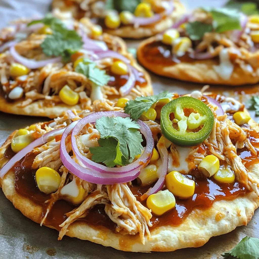 - 2 large flatbreads or naan - 2 cups cooked chicken, shredded - 1 cup BBQ sauce (your choice of flavor) - 1 cup shredded mozzarella cheese - 1/2 cup red onion, thinly sliced - 1/2 cup corn kernels (fresh, frozen, or canned) - 1/4 cup fresh cilantro, chopped (for garnish) - 1/2 cup sliced jalapeños for heat I love using large flatbreads or naan for this recipe. They make a great base. You can find these at most grocery stores. Cooked shredded chicken gives the pizza its heartiness. I often use leftover chicken for this. BBQ sauce adds a sweet and tangy flavor that brings everything together. Choose your favorite brand or make your own for a special touch. The cheese is essential for that gooey goodness. Shredded mozzarella melts perfectly and creates a lovely texture. For a fun twist, you can customize your pizza with optional ingredients. Thinly sliced red onion adds a nice crunch. Corn kernels bring sweetness and color. Fresh cilantro adds a pop of flavor and makes the dish look nice. If you like some heat, slice up some jalapeños. They give the pizza a spicy kick. For the full recipe, you can check out the entire cooking process. This pizza is easy to make and so tasty! - First, preheat your oven to 425°F (220°C). This ensures even cooking. - In a mixing bowl, combine 2 cups of shredded chicken with 1 cup of BBQ sauce. Mix well. Make sure the chicken is fully coated in BBQ sauce. - Place 2 large flatbreads or naan on a baking sheet. Brush a thin layer of olive oil on each flatbread. This helps it crisp up nicely. - Evenly spread the BBQ chicken mixture over each flatbread. Use a spoon to make sure it covers the whole surface. - Next, sprinkle 1 cup of shredded mozzarella cheese over the chicken. Add toppings like 1/2 cup of thinly sliced red onions and 1/2 cup of corn kernels. If you like heat, top with sliced jalapeños. - Bake in the preheated oven for about 10-12 minutes. You want the cheese to melt and the edges of the flatbread to turn golden brown. - To tell if it’s done, look for bubbly cheese and crisp edges. Once ready, remove it from the oven and let it cool for a minute. - For a fresh touch, garnish with chopped cilantro before cutting into wedges. Enjoy your BBQ Chicken Flatbread Pizza! See the Full Recipe for more details. To get a crispy flatbread, you need to prep it right. Start by brushing each flatbread with a thin layer of olive oil. This oil helps it crisp up while baking. Place the flatbreads on a baking sheet or pizza stone. Make sure your oven is preheated to 425°F (220°C) before you bake. Bake for about 10-12 minutes. You will know it’s ready when the edges turn golden brown and the cheese is bubbly. For extra flavor, think about adding toppings. You can try sliced bell peppers, mushrooms, or even pineapple. These toppings add great taste and color. Choose a BBQ sauce that you love. A smoky or sweet sauce works best for this pizza. You can also mix sauces if you want something different. This way, you can make it your own. Pair your BBQ chicken flatbread pizza with some crunchy sides. A fresh side salad or coleslaw goes well. You can also serve it with dips like ranch or garlic sauce. These sauces add more flavor and make eating even more fun. Enjoy your meal with friends or family for a great time! {{image_2}} You can switch up the protein on your BBQ Chicken Flatbread Pizza. Pulled pork or beef makes a tasty choice. Both add a rich, savory flavor. Simply replace the chicken with your chosen meat. Shred or chop it, then mix it with BBQ sauce. If you prefer a vegetarian meal, try using grilled veggies instead. Roasted mushrooms or zucchini work great. You can also use beans for added protein. This way, you keep the flavors while making it meat-free. Want to change the flavor? Mix BBQ sauce with hot sauce for a kick. This adds heat and depth to your pizza. Just blend the two sauces until you get your desired spice level. You can also try pesto or white sauce instead of BBQ. Pesto brings a fresh, herby taste. White sauce gives a creamy texture. Both options can pair nicely with your toppings. Seasonal vegetables can enhance your BBQ Chicken Flatbread Pizza. In the summer, add fresh tomatoes or bell peppers. In the fall, try butternut squash or caramelized onions. These veggies add color and flavor. For a holiday twist, create a themed version. Use cranberry sauce instead of BBQ for a festive touch. Top with turkey or roasted veggies. This way, you can enjoy a holiday pizza that stands out. You can store leftover BBQ chicken flatbread pizza in the fridge. First, let it cool down. Then, wrap it tightly in plastic wrap or foil. This keeps it fresh and prevents it from drying out. Store it in an airtight container if you prefer that. It will last for up to three days. Always label the container with the date. To keep your flatbread crispy, use an oven or toaster oven. Preheat it to 350°F (175°C). Place the pizza on a baking sheet. Heat for about 10 minutes. This helps the crust regain its crunch. You can also use a skillet over medium heat. Cook for about 5 minutes on each side. This method works well too. If you want to save your flatbread pizza for later, freezing is a great choice. First, let it cool completely. Then, wrap each piece in plastic wrap. After that, place it in a freezer bag or container. Label it with the date. It can last for up to two months in the freezer. To reheat, thaw it in the fridge overnight before using the oven or skillet. Enjoy your pizza anytime! For the full recipe, check out the details above. BBQ chicken flatbread pizza lasts about 3 to 4 days in the fridge. Make sure to keep it in an airtight container. This helps keep the flavors fresh. When you want to eat it again, check the pizza for any signs of spoilage. If it looks and smells good, you are all set! Yes, you can use store-bought flatbread. It saves time and effort. Many stores offer different types of flatbreads that work well for this recipe. Just choose one that you like. You can even use naan if you want a thicker base. You can prepare the flatbread pizza ahead of time. First, mix the shredded chicken with BBQ sauce. Spread the mixture on the flatbread, but do not add cheese yet. Cover it with plastic wrap and store it in the fridge. When you are ready to bake, just add the cheese and other toppings. Then, bake it as usual. Yes, you can grill the flatbread! Grilling adds a smoky flavor that is very tasty. Preheat your grill to medium heat. Place the flatbread on the grill for a few minutes until it gets nice grill marks. Then, add the toppings and close the lid. Check it often to avoid burning. This method gives you a fun outdoor cooking experience. For the full recipe, check the detailed instructions. BBQ chicken flatbread pizza is a fun and tasty meal. We covered the key ingredients, like flatbreads and chicken, plus essential steps for prep and baking. You can customize your pizza with toppings and sauces for extra flavor. Remember, storing and reheating leftovers properly keeps them tasty. Try different proteins and seasonal veggies to switch it up. Enjoy this easy dish, and share it with friends for a great time!