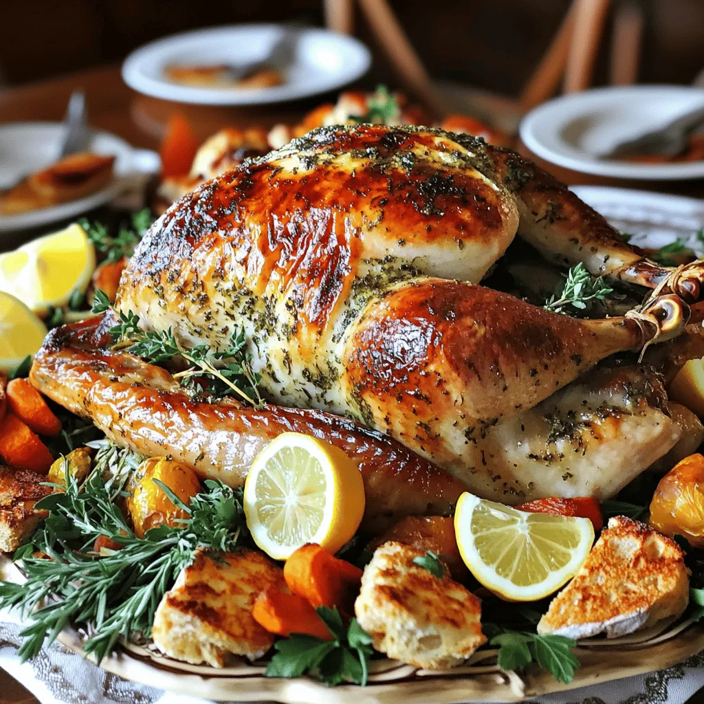 To make a tasty herb butter roasted turkey, gather these items: - 1 whole turkey (12-14 lbs) - 1 cup unsalted butter, softened - 1/4 cup fresh rosemary, chopped - 1/4 cup fresh thyme, chopped - 1/4 cup fresh parsley, chopped - 1 lemon, zested and juiced - 10 cloves garlic, minced - Salt and pepper to taste - 4 cups low-sodium chicken broth - 2 onions, quartered - 4 carrots, cut into large chunks - 4 celery stalks, cut into large chunks Fresh herbs are key to a great turkey. They give your bird a punch of taste. Rosemary, thyme, and parsley are my favorites. Each herb brings its own flavor. Rosemary adds a woodsy taste. Thyme gives a hint of minty warmth. Parsley brightens the dish with freshness. Use these herbs fresh. Dried herbs lack the same strong flavor. You can add a few more things for extra flavor. Some people like to add sage to their herb mix. Sage has a nice, earthy taste. You might also try adding garlic powder to the butter for a more robust garlic flavor. Other options include adding orange zest for a fruity twist or even some crushed red pepper for heat. These choices can take your turkey to the next level. For the full recipe, check out my Herb Butter Roasted Turkey. First, preheat your oven to 325°F (163°C). This helps cook the turkey evenly. While the oven heats, pat the turkey dry with paper towels. This step is key to getting crispy skin. Carefully separate the skin from the turkey breast using your fingers. Make sure you don’t tear the skin. This creates a space to add flavor. Now, let’s make the herb butter. In a bowl, mix 1 cup of softened butter with the chopped rosemary, thyme, parsley, lemon zest, and minced garlic. Add salt and pepper to taste. This mixture will bring amazing flavor to your turkey. Use half of this herb butter to spread under the skin of the turkey breast. The rest will go on the outside. This method helps keep the turkey moist and tasty. Next, place the turkey breast-side up on a roasting rack in a large pan. Pour 4 cups of low-sodium chicken broth into the bottom of the pan. This will keep the turkey juicy. Cover the turkey loosely with aluminum foil. Roast it for about 13-15 minutes per pound. Check the turkey often. Remove the foil during the last hour to get that crispy skin. Always check for doneness by measuring the internal temperature. It should reach 165°F (74°C) in the thickest part of the thigh. Once done, let the turkey rest for 20-30 minutes before carving. This helps the juices stay inside the meat. You can find the full recipe for this herb butter roasted turkey to guide you through these steps. To get a crispy skin on your herb butter roasted turkey, follow these steps: - Dry the skin: Before cooking, use paper towels to pat the skin dry. This helps it crisp up. - Use butter: Rub herb butter all over the turkey. The fat helps create a golden skin. - Roast uncovered: For the last hour of cooking, remove any foil. This allows the skin to brown nicely. - Increase oven temperature: If needed, raise the oven temperature to 375°F (190°C) during the last stages of roasting. Avoid these common mistakes for the best results: - Skipping the drying step: Wet skin will not crisp up well. Always dry it first. - Not seasoning enough: Don't forget to season inside and outside of the turkey. Salt is key! - Overcooking: Use a meat thermometer. The turkey should reach 165°F (74°C) in the thigh. - Cutting too soon: Let the turkey rest for 20-30 minutes after cooking. This keeps the meat juicy. To elevate the flavors of your turkey, consider these ideas: - Add citrus: Stuff the cavity with lemon wedges or orange slices for extra zest. - Use different herbs: Try sage or dill alongside rosemary and thyme for unique tastes. - Infuse broth: Add herbs or spices to the chicken broth in the roasting pan for more depth. - Try garlic: Roasted garlic can add a rich, sweet flavor. Mix it into the herb butter. By following these tips and tricks, you will achieve a flavorful and beautifully roasted turkey. Check the [Full Recipe] for complete details on creating this dish. {{image_2}} You can change the herbs to suit your taste. Try using sage, dill, or oregano. Each herb brings its own unique flavor. Mixing herbs can create a special taste. For example, a blend of sage and thyme adds warmth. You could also mix in some basil for a fresh twist. Just remember, fresh herbs work best for a strong flavor. The cooking time depends on the turkey's weight. A good rule is about 13-15 minutes per pound. If you use a stuffed turkey, add 30 minutes to the total time. Always check the turkey's temperature. It should reach 165°F in the thickest part. If it’s not done, keep cooking and check again. This ensures a juicy and safe turkey for your meal. Stuffing adds flavor and moisture to your turkey. You can use classic bread stuffing or try wild rice. Add fruits like cranberries or apples for sweetness. Nuts like walnuts or pecans can create a nice crunch. If you prefer a lighter option, use vegetables like mushrooms or spinach. They add flavor and keep the dish fresh. Explore different combinations to find your favorite! For more details, check the Full Recipe. After your meal, let the turkey cool. Remove any meat from the bones. Place it in an airtight container. Store it in the fridge for up to four days. Keep the skin separate if you want it crispy later. If you have gravy, put it in a separate container too. To freeze leftover turkey, first, slice it into smaller pieces. Wrap each piece tightly in plastic wrap. Then, place the wrapped turkey in a freezer-safe bag or container. Label it with the date. You can freeze turkey for up to six months. When you are ready to eat it, just thaw it in the fridge overnight. When reheating turkey, keep it moist. Preheat your oven to 325°F (163°C). Place the turkey in a baking dish. Add a splash of broth or water to the dish. Cover it with foil to prevent drying out. Heat for about 20-30 minutes, or until it reaches 165°F (74°C). For extra crispy skin, remove the foil for the last 10 minutes. Enjoy your delicious Herb Butter Roasted Turkey again! You need to roast your turkey for about 13-15 minutes per pound. So, if your turkey weighs 12 pounds, expect it to take around 2.5 to 3 hours. Keep in mind that oven temps vary. Always check the internal temperature of the thickest part of the thigh. It should reach 165°F for safety. Fresh herbs make a big difference! I love using rosemary, thyme, and parsley. Rosemary adds a strong, earthy flavor. Thyme brings a subtle minty taste. Parsley gives a fresh touch. You can mix and match these herbs to suit your taste. Dried herbs can work too, but fresh herbs are best for flavor. Absolutely! This herb butter works great on chicken, pork, or beef. You can rub it under the skin or on the outside of the meat. The butter melts as it cooks, adding a rich flavor. Plus, you can try different herbs based on the meat you choose. For the full recipe, check out the Herb Butter Roasted Turkey section. You now have a complete guide to roasting a turkey. We covered key ingredients, including fresh herbs, to boost flavor. I shared steps to prepare the oven and make herb butter. You learned tips for crispy skin and common mistakes to avoid. Explore variations for herbs and side dishes. Lastly, I provided storage tips for leftovers. Enjoy your perfectly roasted turkey this holiday season! Happy cooking!