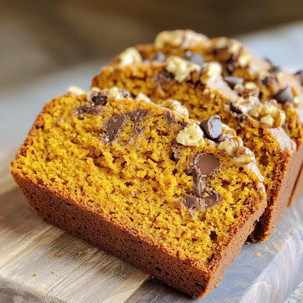 - 1 cup canned pumpkin puree - 1/2 cup vegetable oil - 1 cup brown sugar, packed - 1/2 cup granulated sugar - 3 large eggs These core ingredients make the bread moist and sweet. Canned pumpkin puree brings a rich flavor. Vegetable oil keeps the bread soft. Brown and granulated sugars add a nice sweetness, while eggs help bind everything together. - 1 1/2 cups all-purpose flour - 1 teaspoon baking soda - 1/2 teaspoon baking powder - 1 teaspoon ground cinnamon - 1/2 teaspoon ground nutmeg - 1/4 teaspoon ground cloves Flour gives structure to the bread. Baking soda and baking powder help it rise. Cinnamon, nutmeg, and cloves add that warm, cozy taste we love in fall. Each spice works together to create a lovely aroma. - 1 cup semi-sweet chocolate chips - 1/2 cup chopped walnuts (optional) These optional ingredients enhance both flavor and texture. Chocolate chips add sweetness and richness. Walnuts offer a nice crunch. You can mix and match these to your liking. For the full recipe, check the detailed instructions above. 1. Preheat your oven to 350°F (175°C). Grease a 9x5-inch loaf pan or line it with parchment paper. This helps with easy removal. 2. In a mixing bowl, add canned pumpkin puree, vegetable oil, brown sugar, and granulated sugar. Whisk until smooth. This creates a rich base for your bread. 1. In another bowl, whisk together the all-purpose flour, baking soda, baking powder, cinnamon, nutmeg, cloves, and salt. This step ensures even mixing of the dry ingredients. 2. Gradually add the dry mixture to the pumpkin mixture. Stir gently until just combined. Be careful not to overmix, as this can make the bread tough. 1. Gently fold in the semi-sweet chocolate chips and walnuts if you choose to add them. This gives a nice texture and flavor. 2. Pour the batter into the prepared loaf pan and smooth the top with a spatula. This helps the bread rise evenly. 3. Bake in the preheated oven for 55-65 minutes. Check doneness by inserting a toothpick into the center. If it comes out clean, the bread is ready. This simple method for Chocolate Chip Pumpkin Bread is a must-try. It is a cozy treat that brings joy to any fall gathering. For the complete recipe, refer to the Full Recipe section. To avoid overmixing, mix your wet and dry ingredients until just combined. Stir gently when adding the chocolate chips. This keeps your bread light and fluffy. Overmixing can make the bread tough, so be gentle. To ensure perfect doneness, check your bread with a toothpick. Insert it into the center of the loaf. If it comes out clean, your bread is ready. Bake it longer if it has wet batter on the toothpick. The best way to enjoy Chocolate Chip Pumpkin Bread is warm, straight from the oven. Spread a little butter on top for added richness. You can also enjoy it with a cup of coffee or tea. The flavors blend wonderfully with warm drinks. For pairing ideas, try it with a glass of cold milk or a pumpkin spice latte. The chocolate and pumpkin flavors dance together, making a perfect match. For proper storage, wrap your bread in plastic wrap or foil. This keeps it fresh for several days. Store it at room temperature. If you want to keep it longer, place it in the fridge. For reheating, slice your bread and place it in a toaster or microwave. Heat it for about 10-15 seconds in the microwave for a warm, soft treat. Enjoy it warm, with or without toppings. {{image_2}} You can change the taste of chocolate chip pumpkin bread easily. Try adding different spices, like ginger or allspice, for a new twist. You can also mix in dried fruits, such as cranberries or raisins, to add a sweet surprise. For a richer flavor, experiment with dark chocolate chips or even white chocolate. Each choice adds a unique touch to your bread. If you need gluten-free options, swap all-purpose flour for a gluten-free blend. Make sure it binds well and rises like regular flour. You can also make the bread vegan. Replace eggs with flax eggs or unsweetened applesauce. Use plant-based oil instead of vegetable oil. These changes keep the flavor while making it suitable for everyone. You can have fun with the size and shape of your bread. Make mini loaves for easy sharing or portion control. They bake faster too, so check them after 30-35 minutes. Muffins or cupcakes are another great option. Just adjust the bake time to about 20 minutes. This way, you can enjoy your chocolate chip pumpkin bread in many forms! For the complete recipe, check out the Full Recipe section. To keep your chocolate chip pumpkin bread fresh, wrap it tightly. Use plastic wrap or aluminum foil. Store it in a cool, dry place. This helps keep the bread moist. You can also store it in an airtight container. This will help keep it fresh for up to five days. Yes, you can freeze chocolate chip pumpkin bread. To freeze, wrap it in plastic wrap first. Then, place it in a freezer bag. Be sure to remove as much air as possible. This will help prevent freezer burn. When you are ready to eat it, thaw it overnight in the fridge. You can also leave it on the counter for a few hours. To check if the bread is done, use a toothpick. Insert it into the center of the loaf. If it comes out clean or with a few moist crumbs, it is done. The edges should pull away from the pan slightly. The top should also feel firm to the touch. If the toothpick comes out wet, bake it a little longer. For this tasty chocolate chip pumpkin bread, you will need: - 1 cup canned pumpkin puree - 1/2 cup vegetable oil - 1 cup brown sugar, packed - 1/2 cup granulated sugar - 3 large eggs - 1 1/2 cups all-purpose flour - 1 teaspoon baking soda - 1/2 teaspoon baking powder - 1 teaspoon ground cinnamon - 1/2 teaspoon ground nutmeg - 1/4 teaspoon ground cloves - 1/2 teaspoon salt - 1 cup semi-sweet chocolate chips - 1/2 cup chopped walnuts (optional) Making this bread is simple. Start by preheating your oven to 350°F. Grease your loaf pan or line it with parchment paper. In a bowl, mix the pumpkin, oils, and sugars until smooth. Beat in the eggs. Next, in another bowl, whisk together the dry ingredients. Gradually add this mix to the wet ingredients. Be careful not to overmix. Finally, fold in the chocolate chips and walnuts if you like. Pour the batter into the pan and bake it. You can whip this up in about 15 minutes. It will take around 55 to 65 minutes to bake. This recipe yields about 8 slices. Enjoy this warm treat with family or friends! You now have a clear guide to make Chocolate Chip Pumpkin Bread. Remember the key ingredients: pumpkin puree, sugars, and spices. Follow the step-by-step instructions for the best results. Use my tips to avoid common baking mistakes and enhance flavors. Explore variations for unique tastes and dietary needs. Keep the bread fresh with proper storage and enjoy it warm or cold. Bake this delicious treat often, and share it with friends. Your kitchen will smell wonderful! Enjoy every bite of your creation.