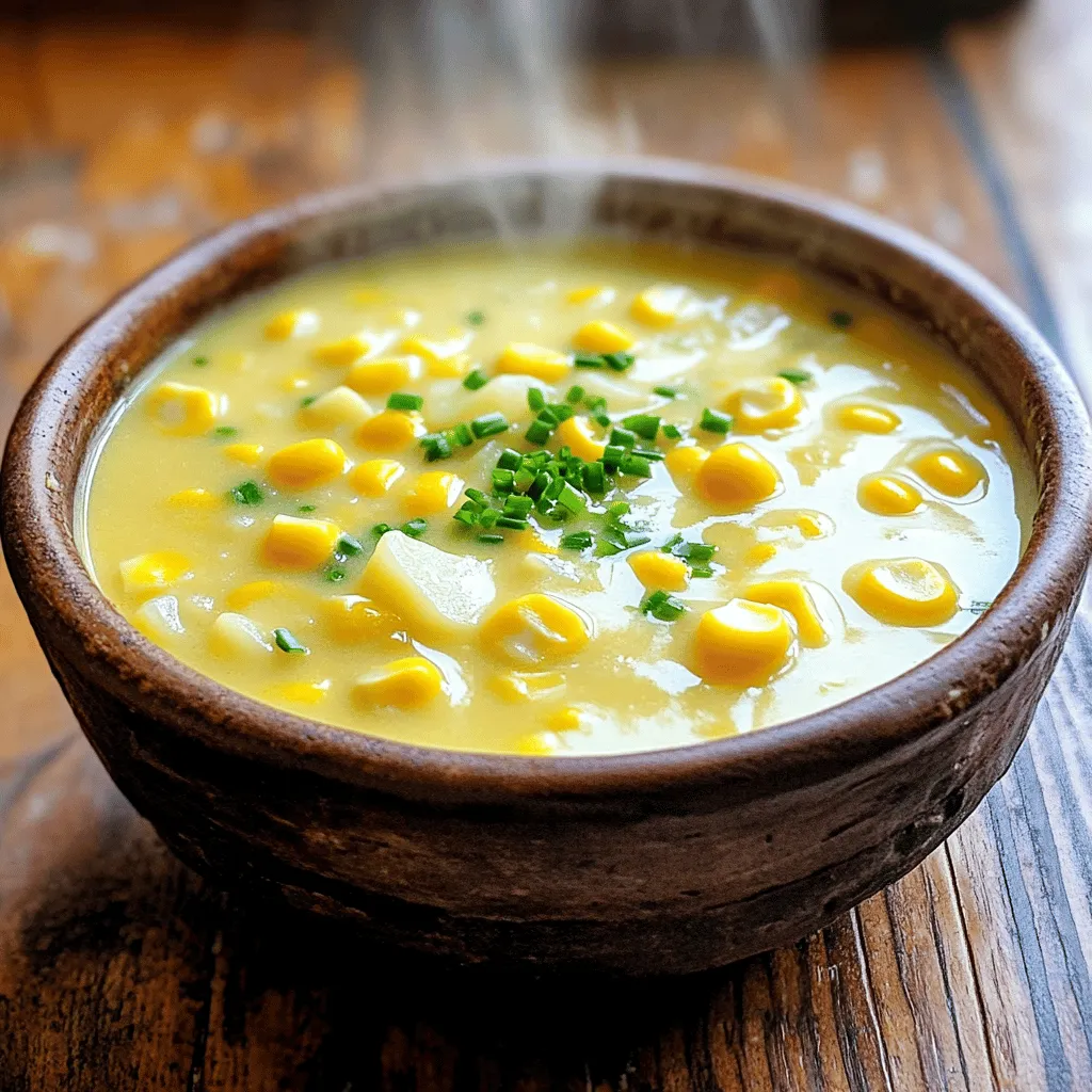 - 4 cups fresh corn kernels (or 2 cans of corn, drained) - 1 medium onion, diced - 2 cloves garlic, minced - 2 medium potatoes, peeled and diced - 4 cups vegetable broth - 1 cup heavy cream (or coconut milk for a dairy-free option) - 1 teaspoon smoked paprika - Salt and pepper to taste - 2 tablespoons olive oil The main ingredients in this chowder make it delicious and filling. Fresh corn gives it a sweet flavor. If fresh corn is hard to find, canned corn works just as well. Onion and garlic add depth to the taste. Potatoes make the chowder hearty and comforting. Use vegetable broth for a rich base. Heavy cream or coconut milk adds creaminess. Smoked paprika gives a hint of smokiness that elevates the dish. Don't forget to add salt and pepper for flavor balance. - Fresh chives - Additional spices Garnishes add a fun touch. Fresh chives give a burst of color and taste. You can also sprinkle extra spices for more flavor. Try some chili powder for heat or a dash of cumin for warmth. These small touches make your chowder even more delightful. For the full recipe, follow along with the steps to create this creamy corn chowder. 1. Sautéing onions and garlic Start by heating olive oil in a large pot over medium heat. Add the diced onion and sauté it for about 5 minutes. You want the onion to become soft and translucent. Then, stir in the minced garlic and smoked paprika. Cook this for one more minute until you smell the garlic. 2. Adding potatoes and corn Next, add the diced potatoes and corn kernels to the pot. Pour in the vegetable broth. Bring everything to a boil. Once it boils, reduce the heat and let it simmer for about 15 minutes. This will cook the potatoes until they are tender. 3. Cooking the chowder After simmering, your pot should smell amazing. Check to make sure the potatoes are soft. They should be easy to pierce with a fork. This step is key for a nice texture in your chowder. 1. Using an immersion blender Now it's time to blend! Use an immersion blender to blend about half of the chowder. This will create a creamy base while keeping some chunks for texture. It's simple and makes clean-up easy! 2. Transferring soup to a blender If you lack an immersion blender, don’t worry. Carefully scoop out half of the soup and pour it into a regular blender. Blend until smooth and then return it to the pot. 1. Adding cream and seasoning Once blended, stir in the heavy cream or coconut milk. Season the chowder with salt and pepper to taste. Heat it through for another 5 minutes, but don't let it boil. This helps the flavors meld perfectly. 2. Serving suggestions Serve your chowder hot. Garnish with chopped fresh chives for a pop of color and flavor. You can also enjoy it with crusty bread or a fresh salad. Enjoy this comforting dish! For the full recipe, check out the deliciously creamy corn chowder recipe. To make the best corn chowder, start with the corn. Fresh corn gives the sweetest taste. Look for plump kernels with bright yellow color. If fresh corn is not available, canned corn works well too. Next, balance the flavors with spices. Smoked paprika adds a rich, smoky note. You can also use a pinch of cayenne for heat. Taste as you go, and adjust the spices to your liking. If you want a dairy-free chowder, there are great alternatives to heavy cream. Coconut milk gives a rich and creamy texture. You can also use almond or oat milk, but they may be less creamy. To adjust the creaminess, blend more of the chowder. This helps create a smooth base while keeping some chunks for texture. You can cook this chowder in a few different ways. For a slow cooker, combine the ingredients and cook on low for 6-8 hours. This method really enhances the flavors. If you prefer the Instant Pot, set it to manual for 10 minutes. Be sure to let the pressure release naturally. Both methods yield a warm and comforting chowder. {{image_2}} You can switch up the flavors in your chowder. Adding bacon or ham gives a nice smoky taste. Just cook the meat first, then add it to the pot. For a vegetarian twist, try different vegetables. Bell peppers, zucchini, or carrots work well. Just chop them up and toss them in with the corn. If you like heat, add some chopped peppers. Jalapeños or poblanos can spice things up. You can also try unique seasonings. A pinch of cumin or coriander can add a fun twist. Don't be afraid to experiment with what you have. Pairing your chowder with bread or salad enhances the meal. A crusty baguette is perfect for dipping. You can also serve it in a bread bowl for a fun touch. For a creative presentation, use a shallow bowl and sprinkle fresh chives on top. This adds color and flavor, making your dish look as good as it tastes. To store leftovers, let the chowder cool first. Transfer it to an airtight container. This helps keep it fresh for later. Use glass or plastic containers with tight lids. These containers work best for storing soups and chowders. If you want to freeze chowder, pour it into freezer-safe bags or containers. Leave some space at the top for expansion. Seal the bags tightly. To thaw, place the frozen chowder in the fridge overnight. Reheat it on the stove over low heat. Stir often to keep it smooth and creamy. In the fridge, your chowder lasts about 3 to 4 days. Always check for signs of spoilage. If it has an off smell or strange color, toss it out. Keeping an eye on your chowder helps you enjoy it safely. What can I substitute for heavy cream? You can use coconut milk. It gives a creamy texture. Another option is whole milk. This will make it lighter but still tasty. Can I use frozen corn instead of fresh? Yes, frozen corn works well. It is just as sweet and flavorful. Plus, it saves time. Do I need to peel the potatoes? Yes, peeling is best. It helps the chowder be smooth. However, you can leave the skin on for more texture. How can I make it thicker? To thicken the chowder, blend more of it. You can also add mashed potatoes or cornstarch. Both work great! Can I serve it cold? Corn chowder is best hot. However, you can chill it for a cold soup twist. Just add fresh herbs before serving. What toppings are best for corn chowder? Chopped chives add color and flavor. You can also use crispy bacon bits or a dollop of sour cream. These toppings enhance the dish. This blog post covered how to make corn chowder from start to finish. We discussed the key ingredients like fresh corn, onion, and potatoes. You learned step-by-step how to prepare, blend, and finish your chowder. Tips for making it dairy-free and suggestions for flavors and variations helped expand your options. With proper storage and answers to common questions, you're now ready to create a tasty corn chowder. Enjoy experimenting with different flavors and garnishes for a personal touch!