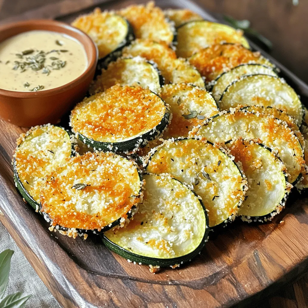 To create perfect Zucchini Parmesan Crisps, you need a few key ingredients: - 2 medium zucchinis, sliced thin (about 1/8 inch) - 1 cup grated Parmesan cheese - 1 cup breadcrumbs (preferably panko for extra crunch) - 1 teaspoon garlic powder - 1 teaspoon onion powder - 1/2 teaspoon paprika - 1/2 teaspoon black pepper - 1 teaspoon dried oregano - Salt to taste - 1 large egg, beaten - Cooking spray or olive oil for drizzling These ingredients come together to form a crunchy and tasty snack that is also healthy. If you don't have some of these ingredients, don't worry! Here are some swaps you can try: - Use mozzarella or cheddar cheese instead of Parmesan for a different flavor. - Swap the breadcrumbs for crushed cornflakes or ground nuts for a gluten-free option. - If you lack garlic powder, fresh garlic works well too. Just chop it finely. - You can skip the egg and use a flaxseed meal with water as a binding agent for a vegan option. Zucchini Parmesan Crisps are not just tasty; they are also good for you! Here’s a quick look at the nutrition: - Low in calories, making them a great snack choice. - Zucchini adds fiber and vitamins, promoting good digestion. - Parmesan cheese adds protein and calcium, which are essential for strong bones. - Using olive oil keeps the dish heart-healthy. For the full recipe, check the detailed instructions above. Enjoy making these crispy delights! Start by preheating your oven to 425°F (220°C). This high heat helps the zucchini crisps become crispy. While the oven heats up, line a baking sheet with parchment paper. This step keeps the crisps from sticking. It also makes cleanup easier. Next, slice your zucchinis thin, about 1/8 inch. Thin slices cook faster and become crispier. In a medium bowl, mix together the breadcrumbs, grated Parmesan cheese, garlic powder, onion powder, paprika, black pepper, dried oregano, and a pinch of salt. This mix gives the crisps great flavor. In another bowl, beat one large egg until well mixed. Dip each zucchini slice into the egg, letting extra egg drip off. Then, press the slice into the breadcrumb mix. Make sure to coat both sides well. Place the coated slices on your baking sheet. Once all your zucchini slices are coated, lightly spray or drizzle them with cooking spray or olive oil. This helps them crisp up nicely in the oven. Bake the zucchini slices for 20-25 minutes. Flip them halfway through for even cooking. You want them golden brown and crispy. When done, remove them from the oven and let them cool slightly. Enjoy your crunchy and simple snack! For the complete recipe, check the Full Recipe section. To make your zucchini crisps super crunchy, follow these tips. First, slice the zucchini thin, about 1/8 inch. This helps them cook evenly. After slicing, sprinkle some salt and let them sit for 10 minutes. This draws out moisture, which helps with crispiness. After that, dry them with a paper towel. A dry surface makes a better coating. Finally, don’t forget to spray them lightly with olive oil before baking. This adds to the crunch. You can jazz up your zucchini crisps with different flavors. Try adding some grated Parmesan cheese to the breadcrumbs for extra cheese flavor. You can also mix in some chili powder for a kick. If you love herbs, add fresh thyme or basil to the breadcrumb mix. For a zesty twist, squeeze some lemon juice over the crisps right before serving. This will brighten the taste and make them refreshing. Avoid cutting your zucchini too thick. Thick slices will not crisp up well. Also, don’t overcrowd the baking sheet. Leave space between each slice for hot air to flow. Skipping the egg wash is another mistake. The egg helps the coating stick to the zucchini. Lastly, resist the urge to open the oven while baking. This lets heat escape and can lead to soggy crisps. Follow these tips, and you’ll love the results! For the full recipe, check the earlier section. {{image_2}} You can change the taste of your zucchini parmesan crisps by using different cheeses. Try using mozzarella for a gooey texture or pecorino for a sharper flavor. Mixing cheeses can create a unique taste. Add herbs like basil or thyme for extra flavor. Fresh herbs can make a big difference. Experiment to find your favorite combination. If you want a vegan version, swap the egg for a flaxseed mixture. Mix one tablespoon of flaxseed meal with three tablespoons of water. Let it sit for five minutes until it thickens. For cheese, use nutritional yeast or a vegan cheese blend. These options keep the crunch while making it plant-based. You can enjoy these crisps without dairy. Serve your zucchini crisps with dips for a fun snack. A simple marinara or a creamy ranch dip works great. Pair them with a light salad for a complete meal. You can also add them to a cheese board for a crunchy touch. They add color and flavor to any table. Explore different pairings to elevate your snack time. For the full recipe, check out the details above. Store any leftover zucchini crisps in an airtight container. This keeps them fresh. Place a paper towel inside to absorb moisture. This helps to maintain their crunch. Keep the container in the fridge for up to three days. If you plan to eat them later, avoid stacking the crisps. To reheat your zucchini crisps, use an oven or an air fryer. Preheat the oven to 400°F (200°C). Place the crisps on a baking sheet. Heat for about 5-7 minutes until they are warm and crispy again. If using an air fryer, set it to 350°F (175°C) and heat for 3-5 minutes. Avoid the microwave, as it makes them soggy. You can freeze zucchini crisps for longer storage. First, let them cool completely. Then, place them in a single layer on a baking sheet. Freeze until firm, about one hour. Transfer the frozen crisps to a freezer bag or container. Remove as much air as possible before sealing. They can stay frozen for up to three months. When ready to eat, reheat directly from the freezer using the methods above. Enjoy your snacks at their best! Yes, you can use regular Parmesan cheese. However, grated cheese works better. Grated cheese sticks to the zucchini well. This helps create a nice, crunchy layer. For best results, choose a high-quality Parmesan. Cut your zucchini into thin slices. Aim for about 1/8 inch thick. This size cooks evenly and crisps up nicely. A mandoline slicer makes this easy. If you don’t have one, a sharp knife works well too. To make this recipe gluten-free, swap out regular breadcrumbs for gluten-free ones. Panko-style gluten-free crumbs add great crunch. Make sure the Parmesan cheese is gluten-free too. This way, you can enjoy delicious Zucchini Parmesan Crisps without worry. For the full recipe, check out the details above. In this blog post, we explored how to make crispy zucchini parmesan crisps. You learned about key ingredients, smart substitutes, and their nutritional benefits. I shared step-by-step instructions to help you achieve the perfect texture. We discussed tips to enhance flavor and avoid common mistakes, plus variations for different tastes. Finally, I covered storage and reheating methods to keep your crisps fresh. Enjoy making this tasty snack that fits your diet and preferences!