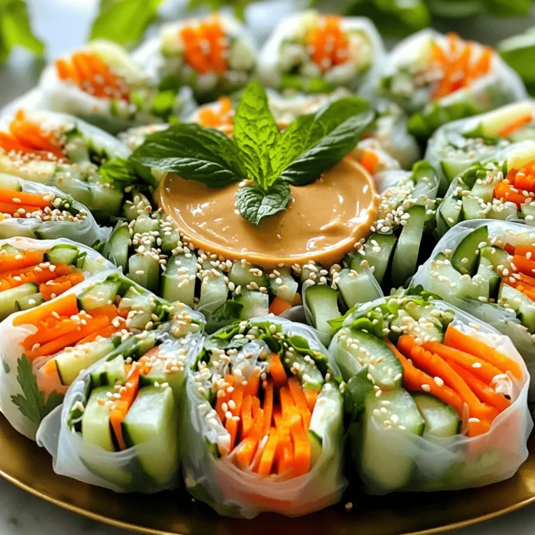 - 8 rice paper wrappers - 1 cup cooked vermicelli noodles - 1 cup shrimp, cooked and halved (or tofu for a vegetarian option) - 1 cup carrot, julienned - 1 cup cucumber, julienned - 1 cup bell pepper, thinly sliced - 1/2 cup fresh mint leaves - 1/2 cup fresh basil leaves - 1/4 cup fresh cilantro leaves - 1 avocado, sliced (optional) - 1/3 cup peanut butter - 2 tablespoons soy sauce - 1 tablespoon honey or agave syrup - 1 tablespoon rice vinegar - 1 teaspoon garlic, minced - 1 teaspoon grated ginger - Water to thin, as needed Creating fresh spring rolls is simple and fun! Each ingredient adds flavor and texture. The rice paper wrappers hold everything together, while the cooked vermicelli noodles give it a nice chew. You can use shrimp or tofu, making this dish versatile for different diets. Fresh vegetables make your rolls colorful. Carrots and cucumbers add crunch. Bell peppers bring sweetness. Don’t forget the herbs! Mint, basil, and cilantro give a refreshing taste. You can even add avocado for creaminess. For the peanut sauce, mix peanut butter with soy sauce for saltiness. Honey or agave syrup adds sweetness. Rice vinegar gives it a tangy kick. Garlic and ginger enhance the flavor. Adjust the water to get the sauce smooth and easy to dip. This recipe is perfect for gatherings or a light meal. You can find the full recipe at the beginning of this article. Enjoy your fresh spring rolls with that delicious peanut sauce! To make the peanut sauce, gather these ingredients: - 1/3 cup peanut butter - 2 tablespoons soy sauce - 1 tablespoon honey or agave syrup - 1 tablespoon rice vinegar - 1 teaspoon garlic, minced - 1 teaspoon grated ginger - Water to thin, as needed Start by placing the peanut butter in a bowl. Then, add the soy sauce, honey, rice vinegar, minced garlic, and grated ginger. Whisk these together well. You want a smooth mix, so add water a little at a time. Stop when the sauce is pourable but not too runny. This sauce adds rich flavor and a nice creaminess to the rolls. Next, prepare the rice paper wrappers. Fill a shallow dish with warm water. Take one rice paper wrapper and dip it into the water. Hold it there for about 15-20 seconds. You want it to be soft but not too mushy. Once it feels right, lift it out carefully and place it on a clean surface. Be gentle with the softened wrappers. They can tear easily. If you find one tears, don’t worry. Just grab another wrapper. With practice, you will get the hang of it! Now comes the fun part: assembling your fresh spring rolls. Place the softened wrapper on your surface. Add about 2 tablespoons of cooked vermicelli noodles in the center. Then, layer a few pieces of shrimp or tofu, a small handful of julienned carrots, cucumbers, and bell peppers. Don’t forget your herbs like mint, basil, and cilantro! To roll, fold the bottom of the wrapper over the filling. Fold in the sides next, then roll tightly away from you. Keep it snug but not too tight, or the wrapper may tear. Repeat this with the remaining wrappers and fillings. Serve your fresh spring rolls on a platter. You can drizzle the peanut sauce on top or place it in a bowl for dipping. These rolls are a delightful treat! For the complete recipe, check the Full Recipe section. To make fresh spring rolls, you need to handle rice paper wrappers with care. Soaking them in warm water is key. Avoid soaking for too long. If they get too soft, they will tear easily. Dip each wrapper for about 15-20 seconds. Look for a pliable feel, but not mushy. When you fill the rolls, keep the filling in the center. Use just enough to avoid overflow. This way, the wrappers won’t stretch too much. Distribute the ingredients evenly to maintain balance. A good mix of veggies and protein creates a great taste. For a beautiful presentation, arrange the spring rolls on a large platter. You can garnish with extra herbs. A sprinkle of sesame seeds adds flair too. This makes your dish appealing and fun. Pair your spring rolls with peanut sauce for dipping. This sauce adds a rich, creamy taste. You can also try serving with sweet chili sauce for a spicy kick. Both options can enhance your meal and make it more exciting. {{image_2}} You can easily make fresh spring rolls without shrimp. Tofu is a great substitute. It adds protein and absorbs flavors well. Just press and cube the tofu, then pan-fry it until golden. You can also play with different fillings. Try adding: - Sliced bell peppers - Shredded cabbage - Avocado slices - Cooked edamame - Mushrooms These options not only add flavor but also color to your rolls. Mix and match according to what you like! To make your spring rolls pop, add fresh herbs. You can use: - Cilantro - Thai basil - Dill These herbs will add a fresh kick. For heat, consider adding spices or chili. A pinch of red pepper flakes works well. You can also use fresh chili slices for a bolder flavor. Experimenting with these ideas will elevate your dish. Each bite can surprise you with new tastes! To keep your fresh spring rolls tasty, you must store them right. Place the rolls in a single layer on a plate. Cover them with a damp paper towel. Then, wrap the plate with plastic wrap. This helps to keep them moist and fresh. If you have more rolls, stack them carefully with damp paper towels between each layer. Store your rolls in the fridge for up to two days. The rice paper may dry out, so eat them soon for the best flavor. If you notice any dryness, dip them briefly in warm water before serving. Peanut sauce is easy to store. Pour it into an airtight container after making it. You can keep it in the fridge for up to a week. Always stir the sauce before using. If it gets too thick, add a little water to thin it out. For long-term storage, freeze the sauce in small portions. Use ice cube trays for easy serving sizes. When you want to use it, just thaw it in the fridge overnight. This way, you always have peanut sauce ready for your rolls or other dishes. To keep your spring rolls from sticking, follow these tips: - Soak rice paper wrappers in warm water for just 15-20 seconds. - Use a clean, flat surface to roll your spring rolls. - Place the rolls on a parchment-lined plate to avoid sticking. - Avoid overlapping the rolls while they cool. These steps help ensure a smooth rolling process. The wrappers should be soft but not too mushy. Yes, you can make the peanut sauce ahead of time. - Store the sauce in an airtight container in the fridge. - It lasts for about one week. - If it thickens, just add a little water and stir to thin it out. Making the sauce in advance can save you time. You can easily enjoy it later! If you can't find rice paper, here are some great alternatives: - Use lettuce leaves for a fresh crunch. - Try soy paper for a unique flavor. - Thinly sliced cucumbers can also work well as wrappers. These options let you enjoy fresh spring rolls even if rice paper is not available. Get creative with your fillings! Fresh spring rolls are easy to make. You need rice paper, vermicelli noodles, and shrimp or tofu. Let's not forget the fresh veggies and herbs like carrots, mint, and cilantro. The peanut sauce adds the perfect touch with peanut butter, honey, and garlic. Remember to soak the rice paper properly and roll them tightly. Experiment with flavors and fillings to find your favorites. Store leftovers correctly for the best taste. Now, you can impress your friends with delicious spring rolls. Enjoy creating your own tasty rolls!