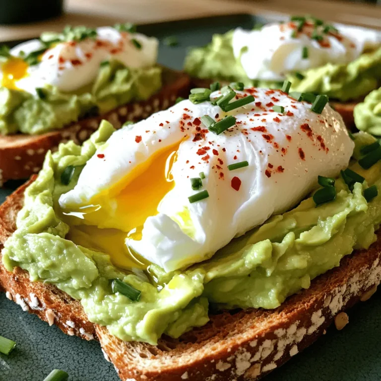 - 2 slices of whole grain or sourdough bread - 1 ripe avocado - 2 large eggs - 1 tablespoon lemon juice - Salt and pepper to taste - 1/4 teaspoon red pepper flakes (optional) - Fresh chives or cilantro, chopped (for garnish) - Olive oil (for drizzling) To make delicious avocado toast with a poached egg, start with fresh ingredients. The bread choices, whole grain or sourdough, give a nice crunch. A ripe avocado adds creaminess and flavor. Use large eggs to get a perfect poached egg on top. For seasoning, lemon juice brightens the taste. Salt and pepper add depth. If you like a bit of heat, sprinkle in some red pepper flakes. Fresh herbs like chives or cilantro add a pop of color and flavor. A drizzle of olive oil brings everything together. For the full recipe, you can refer to the comprehensive guide above. This dish is simple yet satisfying, perfect for breakfast or a light meal. - Step 1: Toast the bread slices to your desired crispiness. I love using whole grain or sourdough for a nice crunch. You can use a toaster or a skillet. Make sure it gets golden and warm. - Step 2: Cut the avocado in half and remove the pit. Use a spoon to scoop the green flesh into a bowl. Mash it with a fork until smooth. Add one tablespoon of lemon juice, salt, and pepper to taste. Mix well. This gives the avocado a nice, fresh flavor. - Step 3: Fill a saucepan with water and bring it to a gentle simmer. You can add a splash of vinegar, but it’s not a must. This helps the eggs hold their shape. - Step 4: Crack one egg into a small bowl. Create a whirlpool in the simmering water. Slip the egg into the center. Poach for about 3-4 minutes for a runny yolk. If you want it firmer, cook it a bit longer. Use a slotted spoon to remove the egg and drain excess water. Repeat this for the second egg. Now you’re ready to assemble your delicious avocado toast with poached eggs. For the full recipe, refer back to the ingredients and steps provided earlier. Enjoy! To get a perfect runny yolk, start with fresh eggs. Fresh eggs hold their shape better. Use a deep pot with simmering water. Add a splash of vinegar; it helps the egg keep its form. Swirl the water gently before adding the egg. This motion helps the egg white wrap around the yolk. Poach for about 3 to 4 minutes. If you want a firmer yolk, leave it a bit longer. After cooking, remove the egg with a slotted spoon. Let it drain on a paper towel. To boost the taste of your avocado toast, try adding spices. A pinch of garlic powder or smoked paprika gives great flavor. You can also mix in some feta cheese for creaminess. If you like heat, add more red pepper flakes. For a fresh twist, mix in diced tomatoes or radishes. They add color and crunch. You can even drizzle a little hot sauce for extra kick. These small changes make a big difference in taste. A beautiful plate makes your meal even better. Start with well-toasted bread as your base. Spread the mashed avocado evenly on top. Place the poached egg gently on the avocado. For a pop of color, sprinkle chopped chives or cilantro on top. A drizzle of olive oil adds shine and flavor. Arrange the toast on a clean plate. You can even add a few cherry tomatoes on the side for a nice touch. Your dish will look as good as it tastes! For the full recipe, check out the main section. {{image_2}} You can choose many types of bread for your avocado toast. Each bread gives a unique taste and texture. Here are some great choices: - Whole grain bread adds fiber and taste. - Sourdough gives a nice tang and chewiness. - Gluten-free bread works for those with gluten issues. - Rye bread adds a rich flavor and hearty bite. - Ciabatta offers a soft inside with a crispy crust. Try different breads to find your favorite! Get creative with toppings to make your toast special! Here are some fun ideas: - Smoked salmon adds a savory, rich flavor. - Feta cheese brings a salty, creamy bite. - Cherry tomatoes add a juicy, bright taste. - Radishes give a nice crunch and peppery taste. - A sprinkle of everything bagel seasoning can add extra flavor. Mix and match these toppings for a tasty twist! You can easily modify this recipe for different diets. Here are some tips: - For gluten-free, use gluten-free bread. - To make it vegan, swap eggs for chickpeas. - Use nutritional yeast for a cheesy flavor without dairy. - Try avocado hummus instead of mashed avocado for a twist. These changes help everyone enjoy this dish! If you have leftover avocado toast with poached eggs, store them right. First, keep the toast and eggs separate. Place the toast in an airtight container. Store the poached eggs in a small bowl covered with plastic wrap. This method helps keep them fresh. Use the leftovers within a day for the best taste. To reheat your avocado toast, use a toaster oven. Heat it at a low setting for a few minutes. This method warms the bread without making it soggy. For the poached eggs, gently warm them in hot water for a minute. Avoid the microwave, as it can overcook the eggs. To store avocados and prevent browning, place them in the fridge. If you have a cut avocado, sprinkle lemon juice on it. This juice slows down oxidation. Wrap it tightly in plastic wrap or place it in an airtight container. Use the avocado within a day or two for the best flavor. To poach an egg, start with fresh eggs. Use a small bowl to crack your egg. Bring water to a gentle simmer in a saucepan. Adding a splash of vinegar helps keep the egg together. Stir the water to create a whirlpool, then gently slide the egg in. Cook for 3-4 minutes for a runny yolk. If you prefer it firmer, cook it a bit longer. Use a slotted spoon to lift the egg out. Drain it on a paper towel before serving. This method keeps the egg tender and soft. Yes, you can prep some parts ahead. Toasting the bread can be done in advance. You can also mash the avocado and store it in the fridge. Add lemon juice to slow browning. However, poaching the eggs is best done fresh. If you want to save time, poach the eggs just before serving. This keeps the yolks runny and the dish warm. To boost protein, try adding: - Cooked bacon or turkey bacon - Sliced smoked salmon - Crumbled feta or goat cheese - A sprinkle of hemp seeds - Sliced hard-boiled eggs These toppings add flavor and nutrition to your meal. To keep your avocado fresh, use lemon juice. It slows down browning. Store it in an airtight container. You can also cover it with plastic wrap. Make sure the wrap touches the surface of the avocado. This minimizes air exposure. If your avocado does brown, you can scrape off the top layer. The green underneath will still be good. Avocado toast with poached eggs is simple and tasty. It starts with toasted bread, mashed avocado, and perfectly poached eggs. We explored tips for perfecting your poach and enhancing flavors. Remember, you can customize with toppings or alternative breads. Store leftovers properly to keep them fresh. Enjoy your creation, and let your taste buds delight in this wholesome meal. Cooking doesn’t have to be complicated. Make it fun and satisfying!