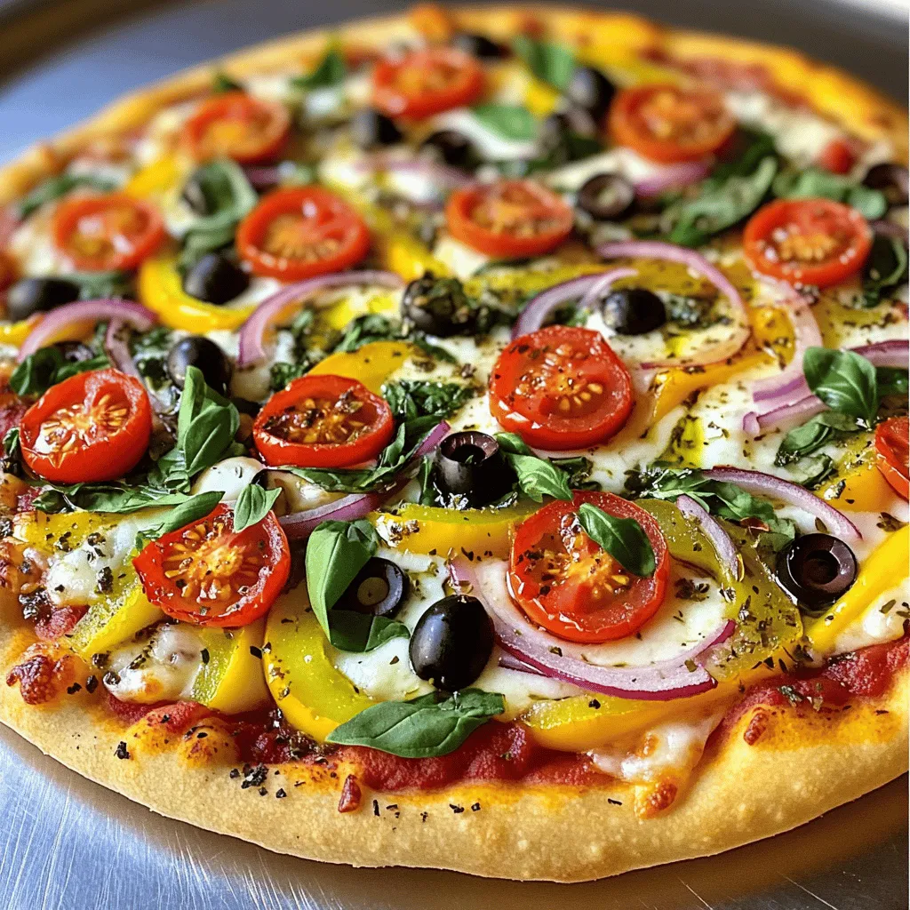 To make a delicious Garden Veggie Pizza, you need simple and fresh ingredients. Here’s what you’ll gather: - Pre-made pizza dough (or homemade) - Marinara sauce - Shredded mozzarella cheese - Fresh vegetables: - Bell peppers - Red onion - Spinach - Cherry tomatoes - Black olives - Seasonings and oil: - Oregano - Garlic powder - Olive oil - Salt - Pepper These ingredients combine to create a colorful and tasty pizza. Each vegetable adds its own flavor, making every bite exciting. You can choose your favorite veggies too. This pizza is a great way to use what you have on hand. Using pre-made dough can save time. However, making your own dough adds a personal touch. It’s fun to roll it out and shape it the way you like. If you want to add more flavor, consider fresh herbs. Basil is a great choice; it pairs well with the marinara sauce. For the cheese, I recommend using high-quality mozzarella. It melts beautifully and gives that classic pizza taste. With the right ingredients, your Garden Veggie Pizza will be both flavorful and healthy! For the full recipe, check out the detailed steps. 1. Preheat your oven to 475°F (245°C). If you have a pizza stone, place it in the oven. This helps get a crispy crust. 2. On a clean surface, lightly flour it. Roll out your pizza dough into a circle or rectangle. You can choose the shape you like best. Transfer the dough to a parchment-lined baking sheet or a hot pizza stone. 1. Grab your marinara sauce. Spread it evenly over the dough. Leave a little space at the edges for the crust. 2. Next, sprinkle the shredded mozzarella cheese on top of the sauce. Make sure to cover it well. 3. In a bowl, mix the diced bell peppers, sliced red onion, chopped spinach, halved cherry tomatoes, and sliced black olives. Add oregano, garlic powder, salt, and pepper. Toss it all together until mixed well. 4. Spread this colorful veggie mixture evenly over the cheese layer. This adds great flavor and crunch. 1. Carefully move your pizza to the oven. Bake it for about 12-15 minutes. Keep an eye on it. You want the crust to be golden and crispy, and the cheese should be bubbly. 2. Once cooked, take the pizza out of the oven. Let it cool for a couple of minutes. If you like, you can garnish it with fresh basil leaves. 3. Now, cut your pizza into slices and serve it hot. Enjoy your delicious Garden Veggie Pizza! For a detailed guide, check the Full Recipe. To roll your dough perfectly, start with a floured surface. Press the dough down with your hands. Then, use a rolling pin to stretch it evenly. Work from the center to the edges. You can also use your hands to stretch it if you're feeling brave! For a crispy crust, preheat your oven to 475°F (245°C). If you have a pizza stone, place it in the oven while it heats. This helps create a nice, crisp base. Drizzle a bit of olive oil on the dough before adding sauce. This step locks in moisture and adds flavor. To make your pizza pop, think about adding some extra seasonings. Sprinkle in some crushed red pepper flakes for heat. A pinch of smoked paprika can also enhance the flavor. For your veggies, try marinating them before adding to the pizza. A mix of olive oil, lemon juice, and herbs works great. Let them soak for about 30 minutes. This will boost their taste and make every bite more exciting. For the full recipe, check the complete instructions provided above. Enjoy crafting your delicious Garden Veggie Pizza! {{image_2}} You can switch up your garden veggie pizza by adding different vegetables. Zucchini and mushrooms are great options. They add texture and flavor. You can slice zucchini thin or use small mushrooms for a fun bite. Each veggie brings its own taste, making your pizza unique. Feel free to play with cheese too. Instead of mozzarella, try goat cheese or feta. These cheeses add creaminess and a salty kick. Mixing cheeses can create a rich flavor that surprises your taste buds. For those who need gluten-free options, you can use gluten-free pizza dough. Many brands offer pre-made crusts that taste great. You can also make your own from almond flour or cauliflower. Both options keep your pizza tasty while meeting dietary needs. If you're vegan, there are excellent cheese alternatives. Look for plant-based cheeses that melt well. You can find options made from nuts or soy. These choices keep your pizza flavorful and creamy, perfect for everyone. For more details on making this delicious pizza, check the Full Recipe. To keep your Garden Veggie Pizza fresh, follow these steps: - Refrigeration guidelines: Place leftover slices in an airtight container in the fridge. They will stay good for up to 3 days. If you have more pizza, wrap it tightly in plastic wrap before putting it in the container. This helps prevent drying out. - Freezing for long-term storage: For longer storage, you can freeze your pizza. Wrap each slice in plastic wrap and then place them in a freezer bag. This method keeps the pizza tasty for up to 2 months. Remember to label the bag with the date, so you know how long it has been frozen. To enjoy your pizza again, reheating is key. Here are the best methods: - Oven method: Preheat your oven to 375°F (190°C). Place the pizza slices on a baking sheet. Cover them with foil to keep moisture in. Bake for about 10-15 minutes. This will make the crust crispy again. - Skillet method: Heat a non-stick skillet over medium heat. Place a slice in the skillet and cover it with a lid. Cook for about 5-8 minutes. This method warms the pizza well and keeps the crust crispy. Using these tips, you can enjoy your Garden Veggie Pizza just like new! For the complete recipe, check out the Full Recipe section. Can I use store-bought sauce? Yes, you can use store-bought sauce. It saves time and still tastes great. Look for quality marinara or pizza sauce. Check the label for added sugars and preservatives. How can I make it spicier? You can add crushed red pepper flakes to the sauce. You might also try sliced jalapeños or spicy olives. These will kick up the heat without losing flavor. What are good side dishes to serve? Fresh salads pair well with your pizza. A simple green salad with a tangy vinaigrette works best. You can also serve garlic bread or a vegetable platter for added crunch. For those who want a detailed guide, check the Full Recipe. You will find all the steps and ingredients needed to make your perfect Garden Veggie Pizza. You now know how to make a tasty garden veggie pizza. Starting with fresh ingredients, you can create a delicious meal that’s easy to customize. Remember to roll the dough just right and keep an eye on the baking time. Try different veggies and cheeses for new flavors. Store leftovers properly and get ready to enjoy them again. Keep experimenting, and you’ll find your perfect pizza blend!