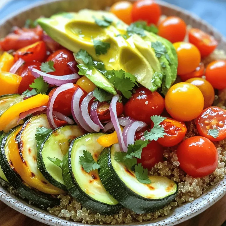 - 1 cup quinoa, rinsed - 2 cups vegetable broth (or water) - 1 red bell pepper, chopped - 1 yellow bell pepper, chopped - 1 zucchini, sliced - 1 small red onion, chopped - 1 cup cherry tomatoes, halved - 2 tablespoons olive oil - 1 teaspoon garlic powder - 1 teaspoon smoked paprika - Salt and pepper to taste - 1 avocado, sliced - 1/4 cup fresh cilantro or parsley, chopped - Juice of 1 lime This bowl is not just tasty; it's also good for you. Each serving gives you a mix of protein, fiber, and healthy fats. Quinoa provides about 8 grams of protein per cup. The veggies add vitamins A and C, plus minerals like potassium. Together, they create a balanced meal perfect for lunch or dinner. - Quinoa: This grain packs protein and fiber. It helps keep you full and supports digestion. - Bell Peppers: They boost your immune system with vitamin C. Their bright color means they are full of antioxidants. - Zucchini: Low in calories, it adds moisture and fiber. This veggie helps your heart and keeps you hydrated. - Avocado: Full of healthy fats, it helps reduce bad cholesterol. Plus, it makes the dish creamy and rich. - Olive Oil: This oil is heart-healthy. It contains good fats that help your body absorb nutrients. Using these ingredients not only makes your meal tasty, but also helps your body stay strong and healthy. For the full recipe, check out the cooking instructions above. First, rinse the quinoa under cold water. This step removes any bitter taste. Next, bring 2 cups of vegetable broth to a boil in a medium pot. Add 1 cup of rinsed quinoa to the boiling broth. Reduce the heat to low. Cover the pot and let it simmer for 15 minutes. After cooking, take it off the heat and fluff it with a fork. This process makes the quinoa light and fluffy. While your quinoa cooks, it's time to roast the veggies. Preheat your oven to 425°F (220°C). In a large bowl, mix together the chopped red and yellow bell peppers, zucchini, red onion, and halved cherry tomatoes. Drizzle 2 tablespoons of olive oil over the vegetables. Then, add 1 teaspoon of garlic powder, 1 teaspoon of smoked paprika, and salt and pepper to taste. Toss everything well so the veggies are coated. Spread them out on a baking sheet. Roast in the oven for 20-25 minutes. Stir them halfway through for even cooking. You want them to be tender and slightly caramelized. Once the veggies are done, it’s time to build your bowl. In a large serving bowl, combine the cooked quinoa with the roasted vegetables. Gently toss in 1 sliced avocado and 1/4 cup of chopped cilantro or parsley. Squeeze the juice of 1 lime over the top for a fresh touch. Serve this colorful meal warm. This bowl is not only tasty but also full of nutrients. For the full recipe, check out the details above. To cook quinoa just right, start by rinsing it well. This removes the bitter coating. Use two cups of vegetable broth for each cup of quinoa. Bring the broth to a boil. Then, lower the heat and cover the pot. Let it simmer for 15 minutes. When done, fluff it gently with a fork. This will keep it light and airy. Roasting brings out the sweet flavors in vegetables. I love using a mix of colors for a vibrant bowl. Great choices include: - Red bell pepper - Yellow bell pepper - Zucchini - Red onion - Cherry tomatoes These veggies not only taste good but also add great color and texture. Seasonings can transform your dish. I like to keep it simple yet bold. Use garlic powder and smoked paprika for a warm flavor. Add salt and pepper to taste. Toss the veggies with olive oil and these seasonings before roasting. This step ensures each bite is full of flavor. You can also try fresh herbs like cilantro or parsley for a fresh kick. A squeeze of lime juice at the end adds brightness to the bowl. For the full recipe, check the Roasted Rainbow Veggie Quinoa Bowl. {{image_2}} You can make your roasted veggie quinoa bowl even better by adding protein. Chickpeas are a great choice. They add texture and grow your meal's fiber. Just rinse canned chickpeas, toss them with spices, and roast them along with the veggies. If you prefer meat, chicken works well too. Simply season diced chicken with salt and pepper. Then roast it with the veggies until cooked. This adds flavor and substance to your bowl, making it even more filling. You can switch up the grains in your bowl for variety. Brown rice is a good option. It has a nutty taste and chewy texture. Cook it the same way as quinoa, using vegetable broth for extra flavor. Farro is another option. It is hearty and packed with nutrients. Cook it according to package instructions, and mix it with your roasted veggies for a delightful twist. For a vegan option, simply skip any animal protein. Use beans or lentils to add protein. They blend well with the flavors of the roasted veggies. If you need a gluten-free choice, quinoa already fits this need. However, if you want to try something new, use rice or buckwheat. These grains are gluten-free and add different textures. For the full recipe, check out the Roasted Rainbow Veggie Quinoa Bowl 🥗. After enjoying your Roasted Veggie Quinoa Bowl, you may have some leftovers. To keep them fresh, place the bowl in an airtight container. Store it in the fridge. Proper storage helps maintain flavor and texture. Use the leftovers within three days for the best taste. When you're ready to eat your leftovers, reheating is easy. You can use a microwave or a stovetop. If using a microwave, place the bowl on a microwave-safe dish. Heat in short bursts of 30 seconds until warm. Stir between intervals to heat evenly. On the stovetop, add a splash of water to the pan. This helps prevent sticking. Heat it on medium-low and stir until warm. If you want to save your bowl for later, freezing is a great option. Let the bowl cool completely before freezing. Portion it into freezer-safe containers. Make sure to leave some space at the top, as food expands when frozen. To thaw, place the container in the fridge overnight. Reheat as mentioned earlier for a quick meal. A Roasted Veggie Quinoa Bowl is a colorful dish packed with flavor and nutrients. It features quinoa as the base, topped with roasted vegetables. You can use bell peppers, zucchini, onions, and tomatoes. This bowl is healthy and filling, perfect for lunch or dinner. It’s also easy to make and great for meal prep. Yes, you can use any vegetables you like! Carrots, broccoli, or cauliflower work well too. Feel free to mix and match your favorites. Just keep in mind that different veggies may change the cooking time. Aim for vegetables that roast nicely, creating that sweet flavor we love. Quinoa takes about 15 minutes to cook. First, rinse it under cold water to remove the bitter coating. Then, add it to boiling vegetable broth or water. Reduce the heat to low and cover it. When all the liquid is absorbed, fluff it with a fork. To make your bowl more filling, try adding protein. Chickpeas or black beans are great options. You can also add grilled chicken or tofu for extra substance. Nuts or seeds, like almonds or pumpkin seeds, can add crunch and healthy fats too. If you want a creamier texture, add more avocado! For the full recipe, check out the Full Recipe section above. This blog post covers how to create a tasty roasted veggie quinoa bowl. We’ve explored key ingredients, their health benefits, and how to prep, roast, and assemble your dish. Tips include cooking perfect quinoa and flavor tricks. You learned about variations with proteins, grains, and dietary options. Lastly, we discussed storing and reheating your leftovers. Now, it's time to get cooking. Enjoy your healthy meals and share your unique creations!