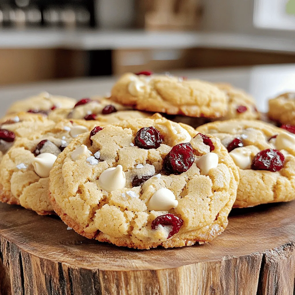 - 1 cup unsalted butter, softened - 3/4 cup brown sugar, packed - 1/2 cup granulated sugar - 2 large eggs - 1 teaspoon vanilla extract - 2 1/4 cups all-purpose flour - 1 teaspoon baking soda - 1/2 teaspoon salt - 1 cup dried cranberries - 1 cup white chocolate chips - 1/2 cup chopped pecans (optional) These ingredients make the base for my white chocolate cranberry cookies. Each one plays a vital role in taste and texture. The butter adds richness. The brown sugar brings a lovely caramel flavor. The granulated sugar gives sweetness. Eggs help bind the mix and add moisture. Vanilla extract adds depth. Flour gives the cookies structure. Baking soda helps them rise, while salt balances the sweetness. Dried cranberries add a sweet and tart touch. White chocolate chips give a creamy contrast. Chopped pecans add crunch, but they are optional. - Butter alternatives: You can use coconut oil or margarine instead of butter. - Sugar alternatives: Substitute with coconut sugar or a sugar blend. - Dried cranberry options: You may use raisins or chopped dried cherries for a twist. Feel free to mix and match based on what you prefer or have on hand. This flexibility keeps the joy of baking alive! - Preheat your oven to 350°F (175°C). - Line two baking sheets with parchment paper. - In a large bowl, cream together 1 cup of softened unsalted butter, 3/4 cup of brown sugar, and 1/2 cup of granulated sugar. Use an electric mixer until fluffy. - Add 2 large eggs one at a time. Mix well after each one. Then stir in 1 teaspoon of vanilla extract. - In another bowl, whisk together 2 1/4 cups of all-purpose flour, 1 teaspoon of baking soda, and 1/2 teaspoon of salt. Gradually add this mix to the wet ingredients until just combined. - Gently fold in 1 cup of dried cranberries and 1 cup of white chocolate chips. If you like, add 1/2 cup of chopped pecans. - Use a cookie scoop or tablespoon to drop rounded balls of dough onto the lined baking sheets. Leave space between each ball for spreading. - Bake for 10-12 minutes. The edges should be lightly golden. The cookies will look soft but will firm up as they cool. - Let the cookies cool on the sheets for 5 minutes. Then transfer them to a wire rack to cool completely. - Achieving the perfect cookie texture: Aim for a soft and chewy cookie. Start with softened butter. This helps in creaming it well with sugars. Mix until fluffy. Do not overmix once you add the flour. This keeps your cookies light. - Avoiding common baking mistakes: Measure your flour correctly. Use a spoon to fluff it up, then scoop it into your measuring cup. Avoid packing it down. Also, ensure your oven is preheated. This helps cookies bake evenly. - Adding spices for extra flavor: Try adding a pinch of cinnamon or nutmeg. These spices can enhance the taste. They pair well with both white chocolate and cranberries. - Garnishing ideas: sea salt or nuts: A sprinkle of sea salt on top can boost flavor. If you like crunch, add chopped pecans. They add a nice texture and a nutty flavor. - Creative serving ideas: Serve the cookies on a beautiful platter. A colorful plate makes them look even more tempting. You can also stack them high for a fun display. - Gift packaging options: Place cookies in a glass jar. Tie a ribbon around it for a lovely gift. You can also use clear bags tied with twine for a rustic touch. {{image_2}} You can change the flavor of white chocolate cranberry cookies easily. Adding citrus zest gives a fresh taste. Try using lemon or orange zest for a bright, zingy note. Just a teaspoon is enough to make a big difference. You can also play with nuts and fruits. Instead of pecans, use walnuts or almonds. You can even add chopped dried apricots or cherries for a fun twist. Mixing flavors keeps things exciting. If you need gluten-free cookies, swap the all-purpose flour with a gluten-free blend. There are many good options at the store now. Just make sure it works for baking. For vegan cookies, replace the butter with coconut oil. Use flax eggs instead of regular eggs. Mix one tablespoon of flaxseed meal with two and a half tablespoons of water. Let it sit for a few minutes. This will help bind the ingredients together. You can make these cookies festive for any holiday. For Christmas, add in spices like nutmeg or cinnamon. They bring warmth and joy to the cookies. In fall, try adding pumpkin spice to the dough. This gives a cozy flavor that pairs well with cranberries. You can even decorate with colored icing for a fun touch. Cookies last about a week at room temperature. To keep them fresh, store the cookies in an airtight container. Place parchment paper between layers to avoid sticking. Keep them in a cool, dry place away from sunlight. You can freeze the dough or the baked cookies. If you freeze the dough, scoop it into balls and freeze them on a baking sheet. Once frozen, transfer them to a freezer bag. If you freeze baked cookies, let them cool first. Wrap each cookie in plastic wrap and place in a bag. To thaw, simply take out the cookies and let them sit at room temperature for about 30 minutes. For dough, bake straight from the freezer, adding a couple of minutes to the bake time. To soften cookies, use the microwave. Heat them for about 10-15 seconds. For a crispy texture, warm the cookies in the oven at 350°F for 5 minutes. Enjoy them fresh with that perfect bite! To make these cookies, follow these steps: 1. Preheat your oven to 350°F (175°C) and line two baking sheets with parchment paper. 2. In a large bowl, cream 1 cup of softened unsalted butter with 3/4 cup of brown sugar and 1/2 cup of granulated sugar until light and fluffy. 3. Add 2 large eggs one at a time, mixing well after each. Stir in 1 teaspoon of vanilla extract. 4. In another bowl, whisk together 2 1/4 cups of all-purpose flour, 1 teaspoon of baking soda, and 1/2 teaspoon of salt. 5. Gradually add the dry mix to the wet mix until just combined. 6. Fold in 1 cup of dried cranberries, 1 cup of white chocolate chips, and 1/2 cup of chopped pecans if you like. 7. Use a cookie scoop or tablespoon to drop dough onto the baking sheets, leaving space for spreading. 8. Bake for 10-12 minutes until the edges are lightly golden. Let them cool for 5 minutes before moving them to a wire rack. Yes, you can use fresh cranberries, but there are pros and cons. Pros: - Fresh cranberries are tart and juicy. - They add a burst of flavor and freshness. Cons: - Fresh cranberries can make cookies more moist. - You may need to adjust the sugar since fresh ones are more tart. You can find these cookies at local bakeries. Many bakeries offer them as seasonal treats. You can also check online. Websites like Etsy or specialty cookie shops often sell them. Look for local shops that deliver or ship. You can tell the cookies are done by looking for visual cues. - The edges should be lightly golden. - The center may look soft but will firm up as they cool. - Generally, baking takes 10-12 minutes. Use these tips to achieve perfect cookies every time! You learned how to make tasty white chocolate cranberry cookies with simple steps. We discussed ingredient options, substitutions, and tips for perfect cookies. Remember to store your cookies well and try different variations to keep things fun. Baking can be a joyful experience. Enjoy sharing your cookies with friends and family! Your cookie adventure continues.