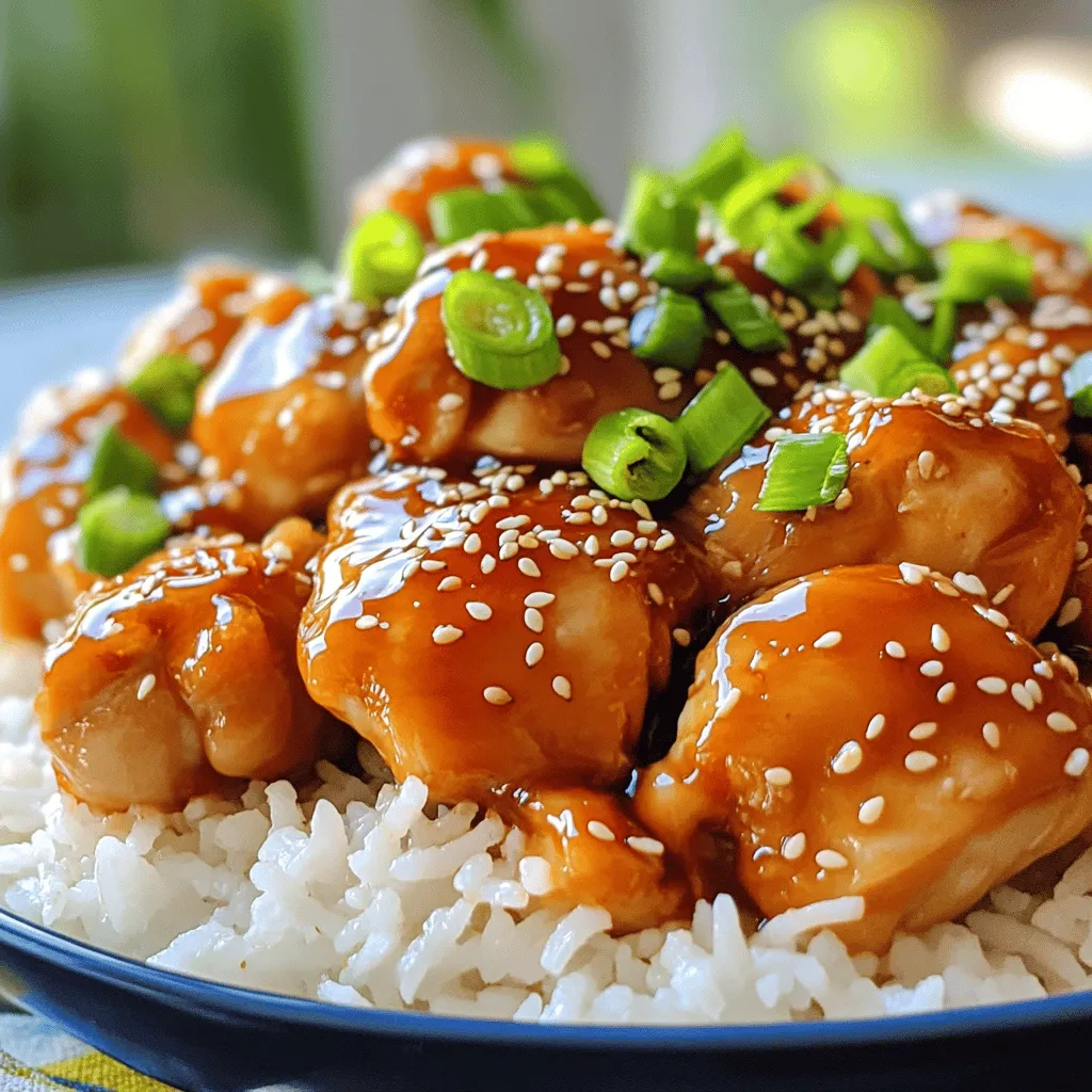 - 1.5 lbs boneless skinless chicken thighs, cut into bite-sized pieces - 1/2 cup soy sauce (low-sodium is best) - 1/4 cup honey or maple syrup - 1/4 cup rice vinegar - 2 tablespoons sesame oil - 2 cloves garlic, minced - 1 tablespoon fresh ginger, minced - 1 cup chicken broth - 1 tablespoon cornstarch mixed with 2 tablespoons water (for thickening) - Sesame seeds for garnish - Chopped green onions for garnish In this recipe, I use chicken thighs because they stay juicy. The soy sauce gives a salty flavor, while honey or maple syrup adds sweetness. Rice vinegar adds a tangy kick. You can add sesame oil for nuttiness. Fresh garlic and ginger bring zest and warmth. Chicken broth helps create a tasty sauce. The cornstarch thickens the sauce, making it more delicious. Finally, sesame seeds and chopped green onions are great for topping. They add crunch and color to your dish. Enjoy crafting this tasty meal! 1. Whisking the Teriyaki Sauce Ingredients In a bowl, combine the following: - 1/2 cup soy sauce - 1/4 cup honey or maple syrup - 1/4 cup rice vinegar - 2 tablespoons sesame oil - 2 cloves garlic, minced - 1 tablespoon fresh ginger, minced Whisk these until they blend well. This sauce gives the chicken its sweet and savory taste. 2. Optional Ingredients for Extra Flavor You can add red pepper flakes for heat or a splash of orange juice for zest. These options kick up the flavor. 1. Sautéing the Chicken Set your Instant Pot to 'Sauté' mode. Add a drizzle of sesame oil if you like. Once hot, add: - 1.5 lbs boneless skinless chicken thighs, cut into bite-sized pieces Cook for about 3-4 minutes until the chicken turns lightly brown. 2. Adding Sauce and Chicken Broth Pour the teriyaki sauce and 1 cup chicken broth over the chicken. Stir well to coat everything. This step ensures every bite is tasty. 1. Sealing the Instant Pot Close the lid of your Instant Pot. Make sure the vent is sealed tightly. This keeps all the steam inside for cooking. 2. Cooking Time and Settings Set the Instant Pot to 'Pressure Cook' on high for 8 minutes. This time helps the chicken absorb all those flavors. 1. Using Cornstarch and Water Mixture After cooking, open the lid. Switch back to 'Sauté' mode. Mix: - 1 tablespoon cornstarch - 2 tablespoons water Stir this into the pot. Cook for 2-3 minutes until the sauce thickens. This gives it a nice glaze. 1. Recommended Side Dishes Serve the teriyaki chicken over: - Steamed rice - Quinoa Both pair well and soak up the sauce. 2. Garnishing Options Don't forget to garnish! Use: - Sesame seeds - Chopped green onions These add visual appeal and extra flavor. Enjoy your meal! - Adjusting Sweetness and Saltiness: If you like your teriyaki a bit sweeter, add more honey or maple syrup. For a saltier taste, use regular soy sauce instead of low-sodium. Taste the sauce before cooking. This way, you can tweak it just right. - Alternative Ingredients for Dietary Preferences: If you need to make this dish gluten-free, choose tamari instead of soy sauce. For a vegan option, swap the chicken with firm tofu or seitan. You can also use agave nectar instead of honey for a fully plant-based version. - Overcooking Chicken: One of the biggest mistakes is cooking the chicken too long. Set your Instant Pot to cook on high for no more than 8 minutes. If you overcook, the chicken may become dry and tough. - Not Sealing the Pot Properly: Always check the sealing ring before cooking. If it’s not in place, the pot won’t build pressure. This can lead to uneven cooking and a mess in your kitchen. - Enhancements for Flavor and Texture: To add more crunch, toss in some chopped bell peppers or snap peas once the chicken is done. You can also sprinkle crushed red pepper flakes for a spicy kick. Serving over fluffy rice or quinoa will soak up the delicious sauce. Don't forget to garnish with sesame seeds and green onions for that perfect finish! {{image_2}} You can boost the flavor and nutrition by adding vegetables. Bell peppers and broccoli work great. Just chop them up into bite-sized pieces. After you sauté the chicken, add these veggies in the pot. They cook quickly and soak up the teriyaki sauce. This way, you get a colorful and healthy meal in one pot! Want to mix things up? You can use chicken breasts instead of thighs. Chicken breasts are leaner, so they cook faster. You might need to lower the cooking time to about six minutes. If you prefer a plant-based meal, try tofu. Use firm tofu, cut into cubes. Sauté it just like the chicken to give it a nice texture. Add a twist to the classic recipe by including pineapple. Pineapple gives a sweet and tangy flavor. You can add fresh or canned pineapple chunks right before the pressure cooking step. Also, consider adding spices like red pepper flakes or sesame seeds. These spices add a nice kick and depth to your dish. - Refrigeration Tips: Place leftover teriyaki chicken in an airtight container. It will stay fresh for 3 to 4 days in the fridge. Make sure to cool the chicken to room temperature before sealing. This helps keep it moist and tasty. - Freezing Options: You can freeze the teriyaki chicken too. Use a freezer-safe bag or container. It will stay good for up to 3 months. When ready to eat, thaw it in the fridge overnight. This keeps the chicken juicy. - Best Methods for Keeping Chicken Tender: To reheat, use the microwave or stovetop. If using a microwave, do it in short bursts. Heat for 1 to 2 minutes at a time. Stir often to avoid hot spots. If using the stovetop, warm it in a pan with a splash of chicken broth. This keeps the chicken moist and flavorful. To make this dish from scratch, start with the sauce. In a bowl, whisk together: - 1/2 cup soy sauce - 1/4 cup honey or maple syrup - 1/4 cup rice vinegar - 2 tablespoons sesame oil - 2 cloves garlic, minced - 1 tablespoon fresh ginger, minced This mix creates a rich teriyaki sauce. Next, turn on the Instant Pot to 'Sauté' mode. Add a splash of sesame oil (optional) and 1.5 lbs of bite-sized boneless, skinless chicken thighs. Sauté the chicken for 3-4 minutes until it turns lightly brown. Pour the sauce and 1 cup of chicken broth over the chicken. Stir well. Close the lid and seal the vent. Set the pot to 'Pressure Cook' on high for 8 minutes. After cooking, let it naturally release for 5 minutes, then quick release any remaining pressure. To thicken the sauce, switch back to 'Sauté' mode. Stir in a mix of 1 tablespoon cornstarch and 2 tablespoons water. Cook for another 2-3 minutes until the sauce is thick. Serve over rice or quinoa, adding sesame seeds and chopped green onions for garnish. Yes, you can use frozen chicken for this recipe. However, you need to adjust the cooking time. If using frozen chicken thighs, set the cooking time to 10-12 minutes instead of 8. This extra time ensures that the chicken cooks all the way through. Remember to keep the vent sealed during cooking. After the cooking time, let the pot release pressure naturally for 5 minutes. Then, quick release any remaining pressure. The sauce will still thicken perfectly. Teriyaki chicken pairs well with many side dishes. Here are some tasty options: - Steamed rice or quinoa - Stir-fried vegetables like broccoli or bell peppers - Asian-style coleslaw - Fried rice - Noodles You can also serve it with a light salad topped with sesame dressing. These sides enhance the flavors and make your meal more colorful and enjoyable. Instant Pot Teriyaki Chicken is simple and tasty. We covered the main ingredients, like chicken thighs and teriyaki sauce. You learned step-by-step instructions, from making the sauce to pressure cooking. I shared tips for sweetness and avoiding mistakes. Variations included adding vegetables or using tofu. Lastly, I gave storage tips for leftovers. Now, you can make this dish with confidence. Enjoy experimenting and sharing your flavorful meals!