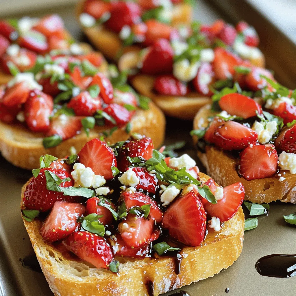 To make a delightful Strawberry Basil Bruschetta, you will need these key ingredients: - 1 French baguette, sliced into 1/2-inch rounds - 2 cups fresh strawberries, hulled and diced - 1/4 cup fresh basil leaves, finely chopped - 3 tablespoons balsamic glaze - 2 tablespoons olive oil - 1 garlic clove, halved - Salt and pepper to taste These ingredients combine to create a fresh and vibrant appetizer. The strawberries bring sweetness, while basil adds a nice herbal note. The baguette gives a crunchy base, perfect for holding the toppings. For those who want to elevate their bruschetta, consider these optional ingredients: - Feta cheese, crumbled - Fresh mozzarella, cut into small pieces Adding cheese gives a creamy texture and rich flavor. It pairs well with the sweet strawberries and fragrant basil. If you don't have some ingredients on hand, here are easy substitutions: - Use whole grain or ciabatta bread instead of a French baguette. - Swap strawberries with diced peaches or tomatoes for a different taste. - Try balsamic vinegar if you lack balsamic glaze. Just use less, as it’s stronger in flavor. These substitutions can help you adapt the dish to what you have. Feel free to experiment while keeping the essence of the bruschetta! First, preheat your oven to 400°F (200°C). This step warms up the oven and gets it ready for toasting. Next, take your French baguette and slice it into 1/2-inch rounds. Lay these slices in a single layer on a baking sheet. Brush each slice lightly with olive oil on both sides. This oil helps create a nice crunch. Place the baking sheet in the oven and toast the baguette slices for about 5-7 minutes. You want them to turn golden brown and crispy. While the bread toasts, it's time to make the strawberry-basil mixture. Start with 2 cups of fresh strawberries. Remove the stems and dice them into small pieces. Next, chop 1/4 cup of fresh basil leaves finely. In a bowl, combine the diced strawberries and chopped basil. This mix will add fresh flavor. Drizzle 3 tablespoons of balsamic glaze over the mixture. Gently toss everything together until well-coated. Lastly, season with salt and pepper to taste. This adds a touch of balance to the sweetness. Once the baguette slices are toasted, remove them from the oven. Take a garlic clove and cut it in half. Use the cut side to rub onto each toasted slice. This adds a nice garlic flavor. Now, top each slice with a generous spoonful of the strawberry-basil mixture. For extra creaminess, you can sprinkle some crumbled feta cheese or small pieces of fresh mozzarella on top. Serve the bruschetta right away as an appetizer or snack. Garnish with extra basil if you like. Enjoy this fresh and flavorful treat! Toasting the bread is key for great bruschetta. First, preheat your oven to 400°F (200°C). Slice the French baguette into rounds. Thin slices will toast faster, so aim for about 1/2 inch. Place them on a baking sheet and brush both sides with olive oil. This step adds flavor and helps achieve a crispy texture. Bake for 5-7 minutes. Keep an eye on them; you want a golden-brown finish. Strawberry basil bruschetta is perfect for many events. Serve it as a light appetizer at parties or picnics. You can also enjoy it as a snack during movie nights. For fancy dinners, place it on a platter with a drizzle of balsamic glaze. It looks and tastes gourmet. You can even pair it with a glass of sparkling wine for a fun treat. This bruschetta shines with fresh flavors. You can try adding feta cheese or fresh mozzarella for creaminess. A sprinkle of black pepper or a pinch of sea salt can enhance the taste. For a spicy kick, consider adding thin slices of jalapeño. The sweet strawberries balance well with the basil's herbal notes and the tangy balsamic glaze. Enjoy experimenting with different flavor combinations! {{image_2}} To make a vegan version of strawberry basil bruschetta, skip the cheese. The dish still shines without it. The berries and basil bring fresh flavor. You can add more balsamic glaze for a sweet kick. This keeps everything light and bright, perfect for any gathering. You can mix sweet and savory in many ways. Try adding a drizzle of honey for extra sweetness. A sprinkle of sea salt can enhance the flavors. You might also consider adding sliced almonds for a nutty crunch. These twists keep the dish exciting and fun. Feel free to get creative with your toppings. Crumbled goat cheese can add a tangy touch. You can also use avocado for a creamy base. If you want heat, add thin chili slices. Each topping changes the flavor and makes your bruschetta unique. To keep your Strawberry Basil Bruschetta fresh, store it in an airtight container. Place leftover bruschetta in the fridge within two hours of making it. Do not add the topping until you are ready to eat. If you do, the bread may get soggy. If you want to enjoy your bruschetta warm, reheat the bread slices first. Place the slices in a preheated oven at 350°F (175°C) for about 5 minutes. This will restore some crispness. After, add the strawberry-basil topping back on. Avoid microwaving, as it can make the bread chewy. When stored properly, Strawberry Basil Bruschetta lasts for up to 2 days in the fridge. The toppings will stay good for one day. After that, the strawberries may lose their freshness and flavor. Always check for any signs of spoilage before eating. Yes, you can prepare some parts early. You can mix the strawberries and basil a few hours before. Keep it in the fridge to stay fresh. Just wait to toast the baguette until you are ready to serve. Toasting them makes them crispy. If you toast them too early, they may get soggy. If you don’t have balsamic glaze, try using balsamic vinegar. Just add a bit of honey or sugar to sweeten it. You can also use a fruit-based glaze. A raspberry or honey glaze works well too. These options still give a nice flavor to your bruschetta. Traditional bruschetta uses baguette, which is not gluten-free. However, you can use gluten-free bread. Many stores sell gluten-free baguettes. This way, you can enjoy the same great taste without gluten. Always check the labels to be sure it meets your needs. We explored how to make delicious Strawberry Basil Bruschetta from key ingredients to storage tips. You learned about optional flavors, perfect toasting, and fun variations. Try vegan twists or sweet and savory add-ins to mix it up. Remember, this dish is best fresh but still tasty when stored well. Use this guide to impress your friends at your next gathering. Enjoy crafting this delightful dish!