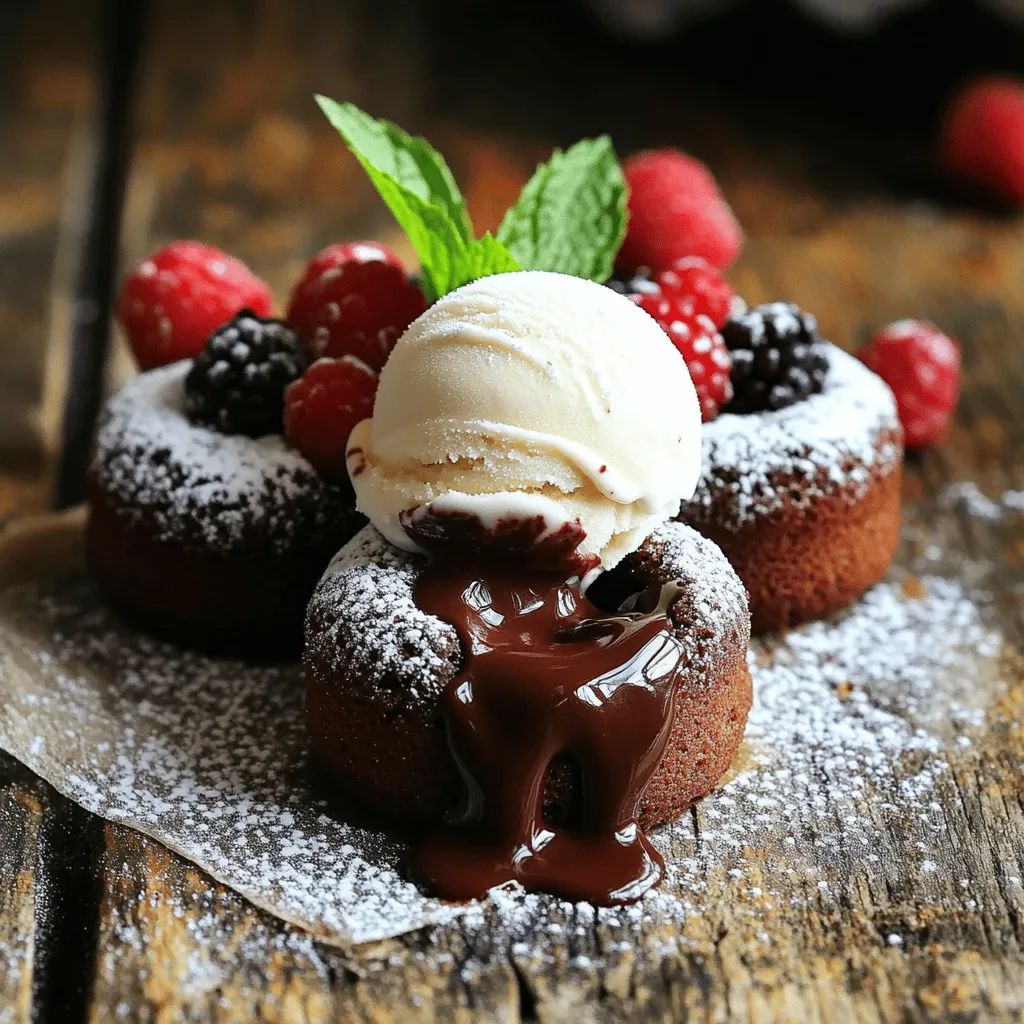 - 1/2 cup unsalted butter (plus extra for greasing) - 1 cup semi-sweet chocolate chips - 1/2 cup powdered sugar - 2 large eggs - 2 large egg yolks - 1 teaspoon vanilla extract - 1/4 cup all-purpose flour - Pinch of salt To make mini chocolate lava cakes, you need simple yet rich ingredients. Unsalted butter adds creaminess. Semi-sweet chocolate chips give a deep, sweet flavor. Powdered sugar sweetens the mix. Eggs and egg yolks create a rich texture. Vanilla extract adds warmth. All-purpose flour binds everything together. A pinch of salt balances the sweetness. - Ice cream or whipped cream for serving - Fresh berries for garnish You can enhance your lava cakes with ice cream or whipped cream. These toppings add coolness and creaminess. Fresh berries also brighten the dish. They add color and a burst of flavor. You can mix and match these to make your dessert even more special. - Preheat your oven to 425°F (220°C). - Grease four ramekins with butter. Dust them lightly with flour, tapping out any extra. This step helps the cakes slide out easily. - In a microwave-safe bowl, combine 1 cup of chocolate chips and 1/2 cup of unsalted butter. - Heat in 30-second bursts. Stir after each time until the mixture is smooth. - Add 1/2 cup of powdered sugar to the melted chocolate and whisk until combined. - Crack in 2 large eggs and 2 large egg yolks. Whisk them together with the chocolate mix. - Pour in 1 teaspoon of vanilla extract and a pinch of salt. Fold in 1/4 cup of all-purpose flour until just mixed. Don’t overmix; this keeps the cakes light. - Divide the batter evenly among the prepared ramekins. They should be about 3/4 full. - Place the ramekins on a baking sheet. Bake in the preheated oven for 12-14 minutes. The edges should be firm, but the center should remain soft. - Once baked, let them cool for 1 minute. Use a knife to run around the edges of each ramekin. Invert each cake onto a plate and gently lift off the ramekin. To get that gooey center, timing is key. Bake your mini chocolate lava cakes for 12 to 14 minutes. Start checking at 12 minutes. The edges should feel firm, but the center must remain soft. Also, keep an eye on your oven temperature. An oven thermometer helps ensure it stays at 425°F (220°C). If it's too hot, your cakes will bake too fast, losing that lovely molten core. Mixing well is crucial for a smooth batter. When you add the eggs, whisk until you see no lumps. This will help the cakes rise evenly. Overbaking is a common mistake. If you leave them in too long, the center will harden. Aim for that soft, molten texture. Remember, you can always bake a bit longer if needed. A little dusting of powdered sugar gives your cakes a classy touch. Use a fine sieve to sprinkle it evenly on top. Don’t forget the mint! A fresh sprig adds color and a pop of flavor. You can also garnish with berries for a nice contrast on the plate. Enjoy your dessert with style! {{image_2}} You can change up the taste of your mini chocolate lava cakes with fun flavors. - Adding espresso powder: This gives your cakes a rich mocha flavor. Just mix in one teaspoon of espresso powder when you add the powdered sugar. It enhances the chocolate and adds a nice kick. - Incorporating orange zest: For a bright citrus twist, mix in a teaspoon of fresh orange zest. The citrus flavor will brighten the chocolate and create a unique dessert. You can also adapt the recipe to fit different diets. - Gluten-free options: Use almond flour instead of all-purpose flour. This swap keeps the cakes moist and adds a nutty flavor. - Vegan adaptations: Replace the eggs with flax eggs. Mix one tablespoon of ground flaxseed with three tablespoons of water for each egg. This keeps the texture great while making it vegan-friendly. To keep your mini chocolate lava cakes fresh, store them in the fridge. Use an airtight container to avoid drying them out. Place the cooled cakes inside and cover them well. They can last up to three days in the refrigerator. For reheating, take the cakes out of the fridge. Place them in the microwave for about 20-30 seconds. Check for warmth, then serve. This method helps keep the centers gooey and delicious. You can freeze mini chocolate lava cakes before or after baking. If you freeze them before baking, prepare the batter. Fill the ramekins and cover them tightly with plastic wrap. They can stay in the freezer for up to two months. If you’ve baked them already, let the cakes cool completely. Wrap each one in plastic wrap and then in foil. They will keep well in the freezer for about two months too. For thawing, move the cakes to the fridge overnight. After that, you can reheat them as described above. This way, you can enjoy a warm lava cake anytime! To check if your lava cakes are done, look for firm edges. The center should still be soft. It can jiggle a bit when you gently shake the ramekin. If the edges are set and the center is wobbly, you’ve got it right! Yes, you can make the batter ahead of time. Just prepare the batter and store it in the fridge. When you’re ready to bake, pour it into greased ramekins and bake. You may need to add a minute or two to the baking time if the batter is cold. If you don’t have semi-sweet chocolate chips, you can use dark chocolate or milk chocolate instead. Each will give a slightly different taste. Dark chocolate will be richer, while milk chocolate will be sweeter. Yes, you can bake these cakes in muffin tins. Just be sure to adjust the baking time. Mini muffin tins might take about 8-10 minutes. Regular muffin tins could take a bit longer, around 14-16 minutes. Keep an eye on them! If you overbake the cakes, they will lose their gooey center. Instead, they may turn out dry and cake-like. The rich, molten chocolate won’t flow when you cut into them. Aim for that perfect balance of firm edges and soft center! In this post, we explored how to make mini chocolate lava cakes. We covered the key ingredients, easy steps, and tips for perfecting your lava cakes. You can customize flavors and modify diets to suit your needs. Remember to check for that gooey center when baking. Storing leftovers or freezing them is simple. With these tips, you can impress friends and family. Enjoy the deliciousness of your homemade treats!