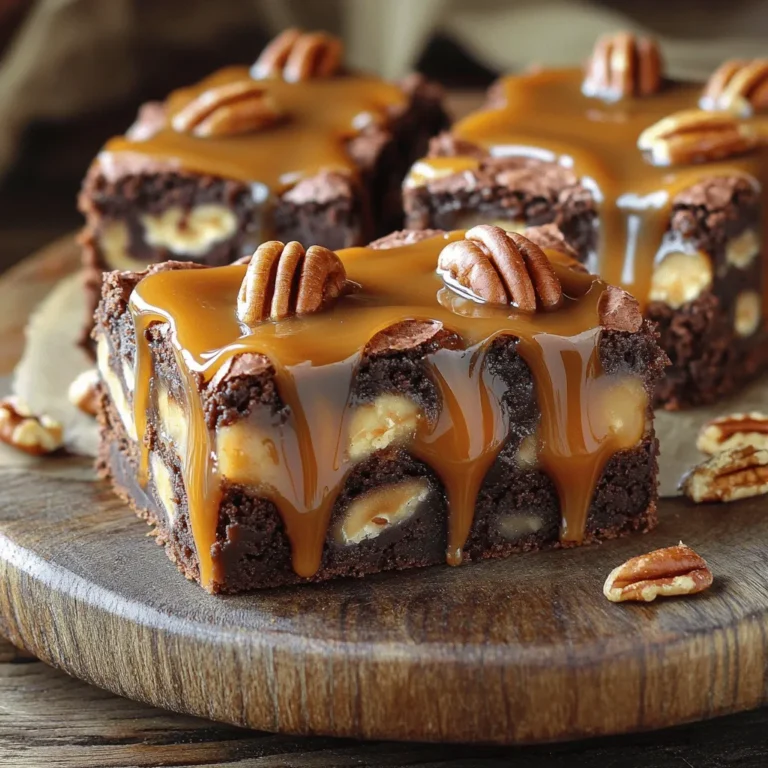 To create these tasty caramel pecan turtle brownie bars, gather the following ingredients: - 1 cup unsalted butter, melted - 1 ½ cups granulated sugar - 1 cup packed brown sugar - 4 large eggs - 2 teaspoons vanilla extract - 1 cup all-purpose flour - 1 cup unsweetened cocoa powder - ½ teaspoon salt - 1 cup semi-sweet chocolate chips - 1 cup pecans, roughly chopped - 1 cup caramel sauce (store-bought or homemade) - Use unsalted butter for better control of salt levels in your dessert. - Choose semi-sweet chocolate chips for a rich, balanced sweetness. - Use fresh pecans for the best flavor and crunch. - If you make homemade caramel, it can add a personal touch and depth to the bars. - Ensure your cocoa powder is unsweetened for the best chocolate flavor. These ingredients will create a delightful mix of flavors and textures. Enjoy the process! 1. Preheat your oven to 350°F (175°C). This step ensures even baking. 2. Prepare a 9x13 inch baking pan. You can grease it or line it with parchment paper. This helps with easy removal later. 3. Mix the wet ingredients. In a large bowl, combine the melted butter, granulated sugar, and brown sugar. Stir well until it blends into a smooth mix. 4. Add the eggs. Beat in four large eggs one at a time. Mix after each addition. Then stir in two teaspoons of vanilla extract. 1. Whisk the dry ingredients. In another bowl, mix one cup of flour, one cup of cocoa powder, and half a teaspoon of salt. 2. Fold the dry mix into the wet mix. Add the dry ingredients to the wet ones gradually. Stir until just combined. Avoid overmixing; this keeps the bars soft. 3. Incorporate chocolate chips and pecans. Gently fold in one cup of semi-sweet chocolate chips and one cup of roughly chopped pecans. 1. Layer the batter in the pan. Pour half of the brownie batter into the prepared pan. Spread it evenly. 2. Swirl the caramel. Drizzle half of the caramel sauce over the batter. Use a knife to create gentle swirls. 3. Add the rest of the batter. Pour the remaining batter on top. Smooth it out. Drizzle the rest of the caramel on top and swirl it again with a knife. 4. Bake the bars. Place the pan in the oven. Bake for 25-30 minutes. To check for doneness, insert a toothpick in the center. It should come out with a few moist crumbs but not wet batter. To make great caramel pecan turtle brownie bars, avoid common mistakes. One big pitfall is overmixing the batter. This can make your brownie bars tough. Mix the dry and wet ingredients until just combined for a soft texture. Cooling is key before slicing your bars. If you cut them too soon, they may crumble. Let them cool completely in the pan on a wire rack. This helps set the layers and keeps them intact. For a beautiful presentation, serve your brownie bars on a nice platter. Drizzle extra caramel sauce on top and add whole pecans for flair. It looks fancy and tastes amazing! Pair these bars with a scoop of vanilla ice cream or a hot cup of coffee. The warm brownies and cold ice cream create a perfect balance. You can also try serving them with a glass of milk for a classic treat. To keep leftover brownie bars fresh, store them in an airtight container. This helps maintain their softness and flavor. Place a piece of parchment paper between layers if stacking them. For longer shelf life, you can freeze the bars. Wrap each piece in plastic wrap and then place them in a freezer bag. They can last for up to three months in the freezer. When you are ready to enjoy them, just thaw at room temperature. {{image_2}} You can easily make this recipe to fit your diet. For a gluten-free version, use almond flour instead of all-purpose flour. Almond flour gives a nutty taste that pairs well with the brownies. It keeps them moist too. If you want a dairy-free option, swap out the butter for coconut oil or vegan butter. For the caramel sauce, look for dairy-free brands or make your own from coconut milk. These swaps keep the flavor rich without dairy. Mixing in different ingredients can change your brownies a lot. You can add dried fruit like cherries or cranberries for a sweet touch. Or, try different nuts like walnuts or hazelnuts for extra crunch. Each mix-in adds a unique flavor and texture. Using flavored caramel sauces can also elevate your dessert. Salted caramel brings a nice contrast to the sweet chocolate. Chocolate caramel can add an extra layer of richness. Both options create a fun twist on the classic recipe. Look for a few signs to know when your brownie bars are done. First, the edges should look set and firm. They will pull slightly away from the sides of the pan. Next, check the center with a toothpick. Insert it in the middle; it should come out with a few moist crumbs, not wet batter. This usually takes between 25 to 30 minutes of baking. If the toothpick comes out clean, the bars might be overbaked. Yes, you can make these brownie bars ahead of time! Once they cool, store them in an airtight container. Keep them at room temperature for up to three days. For longer storage, wrap them well and place them in the freezer. When ready to enjoy, let them thaw in the fridge overnight or at room temperature for a few hours. You can reheat them in the oven for a warm treat. If you have a nut allergy, there are tasty substitutes for pecans. Try using sunflower seeds or pumpkin seeds. Both add a nice crunch and flavor. You can also use crushed graham crackers for a different texture. If you want to keep it simple, just leave out the nuts altogether. The brownie bars will still taste great! - Prep time: 15 mins - Cook time: 25-30 mins - Total time: 50 mins - Servings: 24 bars The recipe for Caramel Pecan Turtle Brownie Bars is simple and quick. You can have these tasty treats ready in just 50 minutes. Start by prepping for 15 minutes. Then, bake for about 25 to 30 minutes. This recipe yields 24 bars, perfect for sharing or enjoying throughout the week. These bars blend rich chocolate with sweet caramel and crunchy pecans. Each bite gives a delightful mix of textures and flavors. The prep time is short, making it easy to whip up a batch anytime. When gathering your ingredients, keep in mind the quality you choose. Use unsalted butter for better control over salt levels. Pick semi-sweet chocolate chips for a balanced sweetness that pairs well with the caramel. This recipe is not just delicious; it's also fun to make. Enjoy the process and savor the moments as you create a treat that everyone will love. This guide covered everything you need for delicious brownie bars. We explored key ingredients, step-by-step methods, and helpful tips for baking success. Remember to mix wet and dry ingredients well, and let your bars cool fully before cutting. You can also try fun variations and substitutions for dietary needs. With practice, you'll master this easy recipe. Enjoy your baking and share these treats with others. Can't wait for you to take your first bite!