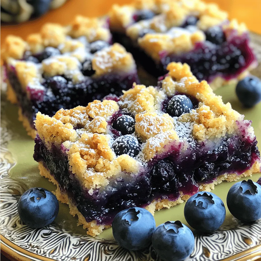 To make your blueberry crumble bars, gather these simple ingredients: - 2 cups fresh blueberries - 1/4 cup granulated sugar - 1 tablespoon lemon juice - 1 teaspoon vanilla extract - 1 1/2 cups all-purpose flour - 1 cup rolled oats - 1/2 cup brown sugar, packed - 1/2 teaspoon baking soda - 1/2 teaspoon salt - 1/2 cup unsalted butter, melted - 1/2 teaspoon cinnamon These ingredients create a perfect balance of sweet and tart. Fresh blueberries bring flavor and nutrition. The granulated sugar and brown sugar add sweetness and depth. Lemon juice brightens the dish, while vanilla extract adds warmth. For the base and crumble, flour and oats provide a hearty texture. Baking soda and salt help the bars rise and enhance flavors. Melted butter binds it all, creating a deliciously crumbly topping. Lastly, cinnamon gives warmth and a hint of spice. With these ingredients, you will make a tasty treat that everyone will love! First, preheat your oven to 350°F (175°C). This step is key for even baking. Next, line an 8x8-inch baking dish with parchment paper. Leave some paper hanging over the sides. This helps you lift the bars out later. In a medium bowl, add 2 cups of fresh blueberries. Then, sprinkle in 1/4 cup of granulated sugar. Add 1 tablespoon of lemon juice and 1 teaspoon of vanilla extract. Gently mix everything together until the blueberries are coated. Set this mixture aside while you prepare the base. In a large bowl, combine 1 1/2 cups of all-purpose flour, 1 cup of rolled oats, 1/2 cup of packed brown sugar, 1/2 teaspoon of baking soda, 1/2 teaspoon of salt, and 1/2 teaspoon of cinnamon. Stir until the dry ingredients mix well. Pour in 1/2 cup of melted unsalted butter. Use a fork or your fingers to mix until it forms a crumbly texture. Remember to save about 1 cup of this crumble for later. Press the remaining crumble mixture firmly into the bottom of the lined baking dish. This forms your base. Bake it for 10 minutes in the preheated oven. After baking, remove the dish and spread the blueberry mixture over the baked base. Finally, sprinkle the reserved crumble on top, covering the blueberries as evenly as you can. Return the baking dish to the oven. Bake for an additional 25-30 minutes. Look for a golden brown top and bubbly blueberries. This means your bars are almost ready. Once baked, take the dish out of the oven. Let it cool in the pan for at least 15 minutes. Use the parchment paper to lift the bars out. Place them on a wire rack to cool completely. When cool, cut the bars into squares. Enjoy your delicious blueberry crumble bars! The texture of your crumble matters a lot. You want it just right—not too dry or too wet. A dry crumble can feel gritty and unappealing. On the other hand, a wet crumble can become mushy. Aim for a mix that feels crumbly but sticks together when pressed. This gives you those nice, crunchy bites on top while keeping the base firm. Always choose fresh blueberries when you can. Fresh blueberries taste brighter and sweeter than frozen ones. They hold their shape better during baking. This means you get juicy bursts of flavor in each bite. If you must use frozen blueberries, let them thaw first. Pat them dry to remove excess moisture. This helps keep your crumble from becoming soggy. Ovens can act differently, so keep an eye on your bars. If your oven runs hot, check for doneness a bit early. If it runs cool, you may need a few extra minutes. Look for a golden top and bubbling blueberries. This means your bars are ready to enjoy. Using an oven thermometer can help you get the right temperature every time. {{image_2}} Feel free to swap blueberries for other fruits. Raspberries, strawberries, or blackberries work great. You can even mix different berries for a colorful treat. Each fruit adds its own flavor and sweetness. Just remember to adjust the sugar based on the fruit's natural sweetness. If you need a gluten-free option, use gluten-free flour. Almond flour or a mix of gluten-free blends also works well. Make sure to check the package for the right measurement. You may need to add a little more butter to keep the crumble moist. The taste will still be delicious! You can add nuts like walnuts or pecans for crunch. Chopped chocolate gives a sweet twist to the bars. A dash of nutmeg or cardamom enhances the flavor profile too. Don’t hesitate to mix and match these options to suit your taste. Each addition makes your crumble bars unique and special! Store your blueberry crumble bars in an airtight container. This keeps them fresh and tasty longer. If you don’t have one, cover them tightly with foil. Foil works well but may not keep the bars as fresh. Always choose airtight containers when possible. To freeze your bars, first cut them into squares. Place the pieces on a baking sheet lined with parchment paper. Freeze them for about an hour until firm. Then, transfer the squares to a freezer bag. Seal the bag tightly, removing as much air as possible. To thaw, simply take out a square and let it sit at room temperature. You can also reheat it in the oven for a warm treat. At room temperature, blueberry crumble bars stay fresh for about 3 to 4 days. Keep them in a cool, dry place. For longer storage, freezing is best. Always check for signs of spoilage, like mold or off smells. Enjoy your delicious bars while they’re fresh! Yes, you can use frozen blueberries. Just know they may change the texture. Frozen berries hold more water. This can make the bars a bit soggy. You might need to bake them a few minutes longer. Keep an eye on the color and bubbling. I love serving these bars with ice cream or whipped cream. A scoop of vanilla adds creaminess. It pairs well with the sweet blueberries. You can also sprinkle some fresh berries on top. This adds a nice touch and taste. Yes, you can prepare these bars in advance. Bake them and let them cool fully. Once cool, cut them into squares. Store the squares in an airtight container. They stay fresh for a few days. For longer storage, freeze them. Look for a golden brown top. The blueberries should bubble around the edges. A toothpick inserted in the center should come out clean. This means the bars are baked through. If it comes out wet, bake a bit longer. Crumble and crisp are both baked fruit desserts. The main difference is the topping. A crumble has a buttery, crumbly topping. A crisp usually has oats and nuts in the topping. Both are delicious in their own way! This blog post covered how to make delicious blueberry bars. We discussed ingredients, step-by-step instructions, tips for the best texture, and variations. You can add different fruits, go gluten-free, or enhance flavor with spices. Follow proper storage guidelines to keep your bars fresh. Whether you share them or freeze extras, they’ll be a hit. Remember, baking is fun and allows for creativity. Enjoy your sweet treat, knowing you’ve made it from scratch!