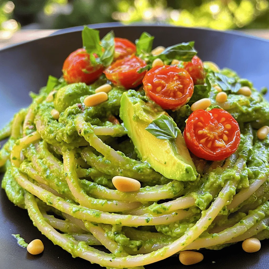 To make Avocado Green Goddess Pasta, gather these fresh and tasty ingredients: - 12 oz whole wheat pasta (spaghetti or penne) - 2 ripe avocados - 1 cup fresh basil leaves - 1 cup fresh parsley leaves - 1 garlic clove, minced - 2 tablespoons lemon juice - ¼ cup extra virgin olive oil - ½ teaspoon salt - ¼ teaspoon black pepper - ½ cup cherry tomatoes, halved - ¼ cup pine nuts, toasted (for garnish) - Grated Parmesan cheese (optional, for serving) Each ingredient adds flavor and nutrition. Whole wheat pasta provides fiber. Avocados give creaminess and healthy fats. Fresh herbs like basil and parsley bring bright flavors. Garlic adds a punch, while lemon juice offers tang. Olive oil adds richness, and salt and pepper enhance everything. Cherry tomatoes give sweetness and color. Pine nuts add crunch and make it fancy. Optional Parmesan cheese can add a savory touch. Gather everything to create this fresh dish! To start, fill a large pot with water. Add a pinch of salt to it. Bring the water to a boil. Once boiling, add 12 oz of whole wheat pasta. Cook it as per the package instructions, usually 8 to 10 minutes. You want the pasta to be al dente, which means it should be firm but not hard. Keep an eye on the time. Before draining the pasta, reserve ½ cup of the pasta water. This water will help adjust the sauce later. Once the pasta is ready, drain it in a colander. For the sauce, gather these ingredients: - 2 ripe avocados - 1 cup fresh basil leaves - 1 cup fresh parsley leaves - 1 garlic clove, minced - 2 tablespoons lemon juice - ¼ cup extra virgin olive oil - ½ teaspoon salt - ¼ teaspoon black pepper In a food processor, put the avocados, basil, parsley, garlic, lemon juice, olive oil, salt, and pepper. Blend everything until it turns smooth and creamy. If it seems too thick, add a bit of the reserved pasta water. This will help you reach the right consistency for the sauce. You want it creamy but not runny. Now, take the drained pasta and put it back in the pot. Pour the green goddess sauce over the pasta. Toss the pasta well so that every piece gets coated with the sauce. This is key for flavor. Next, gently fold in ½ cup of halved cherry tomatoes. They add a nice pop of freshness. Taste it, and if needed, add a touch more salt and pepper. To get the right thickness for your sauce, use reserved pasta water. Start with a small amount and add more if needed. This will help make your sauce creamy but not too thick. If you want, you can swap olive oil with avocado oil or sunflower oil. Both give a nice taste and work well in the sauce. This pasta pairs nicely with a simple side salad. A salad with mixed greens and lemon dressing balances the creaminess. You can also add grilled chicken or shrimp for extra protein. For more flavor, sprinkle red pepper flakes or fresh herbs on top. To avoid overcooked pasta, check it often while it cooks. You want it al dente, which means firm to the bite. When blending the sauce, use a food processor for a smooth mix. If you don’t have one, a blender works too. Just blend in short bursts, so you don’t over-process the ingredients. {{image_2}} For a vegan twist, simply skip the cheese. You can also replace the olive oil with avocado oil. This keeps the creamy texture while making it plant-based. Try adding nutritional yeast for a cheesy flavor boost. It gives a nice umami taste without dairy. Want some protein? You can add tofu or chickpeas. Tofu works well if you sauté it first. It adds a nice texture. Chickpeas give a hearty feel to the pasta. You can also toss in seasonal veggies like spinach or zucchini. This adds color and nutrition. If you need a gluten-free option, use gluten-free pasta. There are many types available, like brown rice or chickpea pasta. These options keep the dish delicious. You can also replace the pasta with zucchini noodles. Just spiralize the zucchini for a fresh alternative. To keep your Avocado Green Goddess Pasta fresh, use airtight containers. Glass containers work great as they do not stain or retain odors. You can also use plastic containers if they seal well. Store the pasta in the fridge and enjoy it for up to three days. After that, the avocados may brown, and the pasta can become mushy. When reheating, avoid the microwave if possible. Microwaving can turn your pasta into a soggy mess. Instead, warm it on the stove over low heat. Add a splash of olive oil or a bit of reserved pasta water to help it stay creamy. If you want to freeze it, leave out the tomatoes and cheese. You can freeze the pasta for one month, but the texture may change once thawed. To make Avocado Green Goddess Pasta, start by cooking the pasta. Boil water in a large pot and add salt. Cook the whole wheat pasta until al dente, usually about 8 to 10 minutes, depending on the brand. Save half a cup of the hot pasta water, then drain the pasta. Next, make the sauce. In a food processor, blend two ripe avocados, a cup of fresh basil leaves, a cup of fresh parsley leaves, one minced garlic clove, two tablespoons of lemon juice, a quarter cup of olive oil, half a teaspoon of salt, and a quarter teaspoon of black pepper. Blend until smooth. If the sauce seems thick, add some reserved pasta water to thin it out. Combine the drained pasta with the green goddess sauce in the pot. Toss well until the pasta is fully coated. Finally, fold in half a cup of halved cherry tomatoes. Serve with toasted pine nuts and grated Parmesan cheese if you like. Yes, you can make the sauce in advance. Store it in an airtight container in the fridge. It will keep for about two days. To prevent browning, add a little extra lemon juice on top before sealing. When you’re ready to use it, just give it a quick stir. If it’s too thick, add a splash of pasta water to loosen it up. This makes it easy to prep ahead and enjoy a fresh meal later. Avocado Green Goddess Pasta pairs well with many sides. Here are a few ideas: - A simple green salad with a light vinaigrette - Grilled or roasted vegetables for added flavor - Garlic bread for a crunchy side - A chilled soup like gazpacho on hot days These sides enhance the meal and add variety to your dining experience. In this post, I covered how to make Avocado Green Goddess Pasta. We explored the ingredients, step-by-step instructions, and helpful tips. You learned how to create a creamy sauce and toss it with whole wheat pasta. Additionally, I shared variations for vegan and gluten-free options. This dish is easy to make and delicious. Enjoy making it your own!