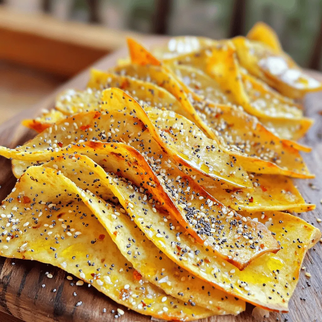 - Everything Bagels - Olive Oil - Garlic Powder - Onion Powder - Sesame Seeds - Poppy Seeds - Sea Salt - Optional: Crushed Red Pepper Flakes To make Air Fryer Everything Bagel Chips, you need simple ingredients. First, grab two Everything Bagels. You can find these at most bakeries or grocery stores. Slice them thinly. Thin slices ensure they get crispy in the air fryer. Next, gather your seasonings. You will need one tablespoon of olive oil. This helps the bagels crisp and adds flavor. Then, add one teaspoon each of garlic powder and onion powder. These spices give the chips a tasty kick. You’ll also need one teaspoon of sesame seeds and one teaspoon of poppy seeds. These seeds add texture and visual appeal. For salt, half a teaspoon of sea salt is great. You can adjust this to fit your taste. If you want some heat, add half a teaspoon of crushed red pepper flakes. This step is optional but fun for spice lovers. With these ingredients ready, you can now create a crunchy snack that is sure to impress! To start, you need to set your air fryer to 350°F (175°C). This temperature helps create that perfect crunch. Next, prepare the basket by ensuring it is clean. A clean basket lets the hot air circulate well, giving you even cooking. Now, grab your Everything Bagels. Slice them into thin chips. Thin slices are key to crispy chips. Place the slices in a large mixing bowl. Drizzle 1 tablespoon of olive oil over the bagel slices. Make sure each chip gets a light coat. This oil helps the seasonings stick. Sprinkle 1 teaspoon of garlic powder, 1 teaspoon of onion powder, 1 teaspoon of sesame seeds, 1 teaspoon of poppy seeds, and 1/2 teaspoon of sea salt over the bagels. If you like some heat, add 1/2 teaspoon of crushed red pepper flakes. Gently toss the bagel slices until they are evenly coated with the oil and seasonings. It's time to cook! Place the seasoned bagel chips in a single layer in the air fryer basket. If your air fryer is small, you may need to do this in batches. Air fry the chips for 6-8 minutes. Check them halfway through, and shake the basket to ensure even cooking. When they turn golden brown and crispy, they are ready! Remove the chips from the air fryer and let them cool on a wire rack. This step keeps them crispy. Enjoy your Air Fryer Everything Bagel Chips! To get that nice crunch, keep your bagel chips spaced out. If they touch, they may not cook evenly. I recommend placing the chips in a single layer in the air fryer. This helps hot air move around them and creates a crisp texture. You should also check for doneness halfway through cooking. After about 3-4 minutes, open the air fryer. Give the basket a shake to mix things up. This step ensures that all chips cook evenly. Look for a golden color; that's your cue they are ready. You can easily change the flavor of these bagel chips. Try adding different spices to make them your own. For example, paprika can give a sweet smokiness. Cumin can add a warm, earthy taste. Using different bagel flavors is also a fun option. You might choose a garlic bagel or a sesame bagel. Each brings its unique twist to the final snack. Experiment and see what flavors make you smile! {{image_2}} To keep your Air Fryer Everything Bagel Chips fresh, store them at room temperature. Use an airtight container to prevent air from making them soft. This method helps maintain their crunch. If you live in a humid area, avoid places with moisture. Refrigeration isn’t usually needed, but if you want, you can. Store them in a sealed bag or container. Just know that this may change their texture. They might not be as crunchy after refrigeration. If your bagel chips lose their crunch, don’t worry! You can easily restore them. Place the chips back in the air fryer. Set it to 350°F (175°C) and air fry for about 2-3 minutes. Keep an eye on them to avoid burning. Another method is to use the oven. Spread the chips on a baking sheet and bake at 350°F for 5-6 minutes. This will help them become crispy again. Enjoy your chips as if they were fresh! Each serving of these Air Fryer Everything Bagel Chips has about 150 calories. They are a fun snack that can satisfy your cravings. Here’s a quick look at key nutrients per serving: - Total Fat: 6g - Saturated Fat: 1g - Carbohydrates: 21g - Fiber: 2g - Protein: 5g These chips pack flavor without heavy calories. The healthy fats from olive oil help keep you full. You can make these bagel chips even healthier. Here are some easy swaps: - Reducing sodium intake: Use less sea salt or try salt-free seasonings. You can add herbs like dill or oregano for flavor without the sodium. - Alternative oils and seasonings: Instead of olive oil, try avocado oil for a different taste. You can also use nutritional yeast instead of garlic and onion powder for a cheesy flavor that’s lower in calories. These substitutions help you enjoy a tasty snack while keeping your health in mind. Yes, stale bagels work great for this recipe. They add a strong crunch. Slice them thinly, and they’ll crisp up nicely in the air fryer. If your bagels are hard, soak them briefly in water. This step will help soften them before slicing. If your chips lack crispiness, check a few things. Ensure you slice the bagels thin. Thin slices cook better and become crispier. Also, avoid overcrowding the air fryer basket. Space them out to allow hot air to circulate. Lastly, increase the cooking time by a minute or two, but watch closely to prevent burning. To make gluten-free bagel chips, use gluten-free bagels. Many stores sell them now. Follow the same recipe steps. Just be sure to check the bagel's ingredients for any hidden gluten. You can also use gluten-free seasonings to keep everything safe and tasty. You learned how to make delicious air fryer bagel chips with easy steps. We covered the best ingredients and cooking tips. You can make them crispy and try fun flavor twists. Remember to store them right for freshness and keep your snacks crunchy. Use leftover bagels and adjust seasonings to suit your taste. Follow these tips, and you'll enjoy tasty snacks anytime.