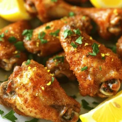 - 2 lbs chicken wings For this recipe, I use fresh chicken wings. You can find them at your local grocery store. Make sure they are thawed if you buy frozen ones. - 2 tablespoons olive oil - 1 tablespoon lemon pepper seasoning - 1 teaspoon garlic powder - 1 teaspoon onion powder - 1/2 teaspoon paprika - Salt to taste The olive oil helps the seasoning stick and adds flavor. Lemon pepper seasoning gives the wings a zesty kick. Garlic and onion powders add depth, while paprika adds a bit of warmth. Adjust the salt to your liking. - Fresh parsley, chopped (for garnish) - Lemon wedges (for serving) Chopped parsley adds a pop of color and freshness. Lemon wedges are perfect for squeezing over the wings just before eating. This extra burst of citrus enhances the overall flavor. You can also serve these wings with a side of your favorite dipping sauce for added fun. First, you need to dry the chicken wings. Grab some paper towels and pat them dry. This helps make them crispy when you air fry. Make sure to get rid of extra moisture. This step is key to perfect wings. In a large bowl, mix the olive oil, lemon pepper seasoning, garlic powder, onion powder, paprika, and salt. Stir until it forms a thick paste. Next, add the dried chicken wings to the bowl. Toss the wings well to coat them evenly. Every wing should be covered in that zesty mix. This gives them great flavor. Now it’s time to cook! Preheat your air fryer to 380°F (193°C) for five minutes. Once it's ready, place the wings in a single layer in the basket. Do not overcrowd them. This lets hot air flow all around, making them crispy. Air fry the wings for 25 to 30 minutes. Flip them halfway through to cook evenly. Check that they reach an internal temperature of 165°F (74°C). For extra crispiness, add five more minutes at the same temperature. After cooking, let the wings rest for a few minutes. Garnish with chopped parsley and serve with lemon wedges on the side. Enjoy the burst of flavor! To get the crispiest chicken wings, start by drying them well. Use paper towels to remove moisture. Less moisture means a better crunch. After coating the wings, let them sit for 10 minutes. This helps the spices stick better. When air frying, arrange the wings in a single layer. Avoid overcrowding the basket. This ensures hot air circulates freely. For an extra crispy finish, add 5 more minutes of cooking time at the same temperature. Lemon pepper is great, but you can mix it up! Try adding cayenne pepper for heat. You can also use smoked paprika for a different flavor. A mix of herbs like thyme or rosemary works well too. If you love garlic, try adding fresh minced garlic to the spice blend. This adds a deeper flavor that pairs nicely with the lemon. Don't be afraid to experiment and find your favorite blend. The best cooking temperature for wings is 380°F (193°C). This gives a nice crispy skin and juicy meat. If your wings are larger, you might need to cook them a bit longer. Check the internal temperature with a meat thermometer. It should reach 165°F (74°C) to be safe to eat. If you prefer less crispiness, reduce the cooking time by a few minutes. Always flip the wings halfway for even cooking. {{image_2}} To make spicy lemon pepper wings, add more heat! Mix 1-2 teaspoons of cayenne pepper or hot sauce into your spice paste. This adds a nice kick. The lemon flavor will balance the heat. Toss the wings well in the spicy mix before air frying. You will enjoy this bold twist on the classic recipe. For a rich and savory flavor, try garlic parmesan lemon wings. Add 1/2 cup of grated parmesan cheese to your spice mix. You can also add extra garlic powder, about 1-2 teaspoons, for a bolder garlic taste. Coat the wings as usual, then air fry. After cooking, sprinkle more parmesan on top for a cheesy finish. This option is a great choice for cheese lovers! If you love fresh herbs, herb-infused lemon wings are a must-try! Add 1-2 tablespoons of fresh chopped herbs like rosemary, thyme, or oregano to your spice mix. This will bring a fresh taste to the wings. Toss the wings well in the herb mix before air frying. The herbs will add a wonderful aroma and flavor. Enjoy a taste of garden freshness with every bite! Store leftover wings in a shallow container. Make sure to cover them tightly. They will stay fresh for up to three days in the fridge. If you want to keep them longer, freezing is a great option. To reheat, use the air fryer for best results. Preheat it to 350°F (175°C) and cook the wings for about 5-7 minutes. This will help them regain their crispiness. You can also use an oven. Set it to 350°F (175°C) and heat for around 10-15 minutes. If you want to freeze your wings, let them cool first. Place them in a freezer bag. Try to squeeze out as much air as possible before sealing. They will last for up to three months. When ready to eat, thaw them in the fridge overnight before reheating. You should cook chicken wings for 25-30 minutes at 380°F (193°C). Flip them halfway through to ensure even cooking. Check the wings with a meat thermometer. They need to reach 165°F (74°C) for safe eating. If you want them extra crispy, add 5 more minutes at the same temperature. Yes, you can use frozen chicken wings. However, you will need to adjust the cooking time. Cook them for about 30-35 minutes. Make sure to check their internal temperature. They must still reach 165°F (74°C) for safe consumption. If wings are stuck together, run them under cold water to separate before cooking. Lemon pepper chicken wings pair well with many sides. You can serve them with celery sticks and blue cheese dressing. They also go great with a fresh salad or crispy fries. For a fun twist, try serving them with homemade garlic bread or coleslaw. A refreshing drink, like lemonade, complements the wings perfectly! You now have all the tools to make delicious chicken wings. We covered key ingredients, step-by-step instructions, and helpful tips. Each method offers tasty options like spicy lemon pepper and garlic parmesan. Don’t forget how to store and reheat your wings for best taste. Enjoy making these wings for any gathering or snack. With these ideas, you'll impress friends and family every time. Happy cooking!