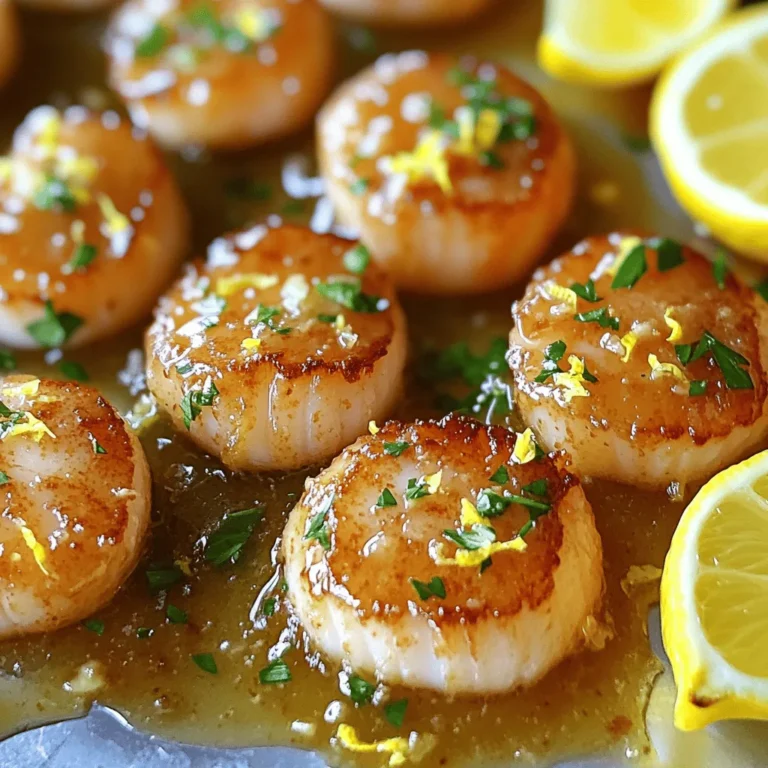 To create Lemon Garlic Butter Scallops, you'll need a few key items: - 1 pound sea scallops, cleaned - 4 tablespoons unsalted butter - 3 cloves garlic, minced - 1 tablespoon fresh lemon juice - Zest of 1 lemon - Salt and pepper to taste - 1 tablespoon fresh parsley, chopped (for garnish) - Lemon wedges (for serving) These ingredients work together to create a rich and flavorful dish. Fresh scallops shine in this recipe, and the lemon and garlic give them a bright taste. You can add some fun twists to this dish if you like: - Red pepper flakes for heat - A splash of white wine for depth - Fresh herbs like thyme or dill for a different flavor These optional ingredients can enhance the dish and give it your personal touch. When shopping for scallops, look for these signs: - They should smell like the ocean, not fishy. - They should be firm and moist. - The color should be creamy white or slightly pink. Choosing fresh scallops makes a big difference. They will taste better and have a nicer texture. Always buy from a trusted source to ensure quality. Start by drying the scallops with paper towels. This step is key for a nice sear. After drying, season both sides with salt and pepper. A little seasoning enhances the natural flavor. Heat a large skillet over medium-high heat. Add 2 tablespoons of butter and let it melt until it bubbles. Once the butter is melted, place the scallops in the skillet. Make sure they are in a single layer. Cook them for about 2-3 minutes without moving. This helps them form a golden crust. Flip the scallops and cook for another 2-3 minutes. Remove them from the skillet and set aside on a plate. In the same skillet, add the remaining butter and minced garlic. Sauté for around 30 seconds until the garlic smells great. Next, stir in the lemon juice and zest. Then, return the scallops to the skillet. Gently toss them in the garlic butter sauce. Taste and add more salt and pepper if needed. Finally, plate the scallops and spoon the sauce over them. Garnish with chopped parsley and serve with lemon wedges. Enjoy the rich and flavorful dish! To get a perfect sear on your scallops, start with dry scallops. Patting them dry helps the surface brown nicely. Season both sides with salt and pepper. Heat your skillet over medium-high heat and add butter. Wait until the butter bubbles before adding the scallops. Place them in a single layer and leave them alone. Cook for 2-3 minutes without moving them. This allows a golden crust to form. Flip and repeat on the other side. One common mistake is overcrowding the pan. This prevents proper searing and steams the scallops. Cook in batches if needed. Another mistake is flipping too soon. If they stick, they are not ready. Always make sure your skillet is hot enough. Finally, don’t overcook them. Scallops cook fast and should be tender. Serve your Lemon Garlic Butter Scallops with lemon wedges for a fresh kick. They pair well with light sides such as a green salad or roasted vegetables. A crisp white wine, like Sauvignon Blanc, complements the dish perfectly. For added flavor, serve with a side of garlic bread to soak up the sauce. Enjoy the dish while it’s warm for the best taste. {{image_2}} You can change the flavor of your Lemon Garlic Butter Scallops easily. Try adding a pinch of red pepper flakes for heat. You can also mix in fresh herbs like thyme or dill for a twist. If you want a sweet touch, add a splash of white wine. This will give the dish a nice depth of flavor. If you need to make swaps, that’s simple too. Use olive oil instead of butter for a dairy-free option. For a lighter version, you can use less butter and more lemon juice. If you want to keep it low-carb, skip the butter and use broth instead. These swaps will still keep your scallops tasty. You can cook scallops in different ways. Grilling gives them a nice smoky flavor. Just brush them with a little oil and grill for 2-3 minutes per side. Baking is also easy. Place them on a baking sheet, drizzle with the garlic butter, and bake at 400°F for about 10 minutes. Both methods will still give you a delicious meal. To store leftover scallops, place them in an airtight container. Make sure they cool down first. Keep the container in the fridge. Leftovers will stay fresh for up to two days. If you want to keep them longer, consider freezing. When you reheat scallops, do it gently. Use a skillet over low heat. Add a bit of butter to keep them moist. Heat them just until warm. Avoid cooking them too long, or they may become rubbery. You can freeze scallops, but there are some rules. Do's: - Freeze scallops in a single layer on a baking sheet. - Once frozen, place them in a freezer bag. - Label the bag with the date. Don'ts: - Don’t freeze cooked scallops, as they lose texture. - Don’t store them for more than three months. I recommend using sea scallops for this dish. Sea scallops are larger and meatier than bay scallops. They hold up well during cooking and have a sweet flavor. Look for fresh scallops that are firm and have a slight ocean smell. If you can, buy them from a trusted fishmonger. This ensures they are fresh and of high quality. You can prepare the components in advance but not the whole dish. Searing scallops just before serving is best. If you cook them early, they may become tough. You can clean and season the scallops ahead of time. Also, make the garlic butter sauce in advance. Just warm it up before adding the scallops. These scallops pair well with many sides. Try serving them with: - A light salad with mixed greens - Garlic bread for soaking up the sauce - Steamed asparagus or green beans - Creamy risotto for a rich touch - Lemon rice for a fresh side Each of these options will complement the bright flavors of the dish. Scallops cook quickly, usually in 4-6 minutes. They should be golden brown on the outside and opaque in the center. Use a timer for precise cooking. When you press them lightly, they should feel firm but not hard. If they become rubbery, they are overcooked. It's better to undercook slightly than to overcook them. This blog post covered everything you need for cooking scallops. You learned about essential ingredients and how to prepare them well. I shared tips on searing and avoiding common mistakes. We also discussed creative variations and how to store leftovers. In my experience, lemon garlic butter scallops are a tasty choice. Remember, fresh scallops make a big difference. Enjoy cooking and serving this delicious dish!
