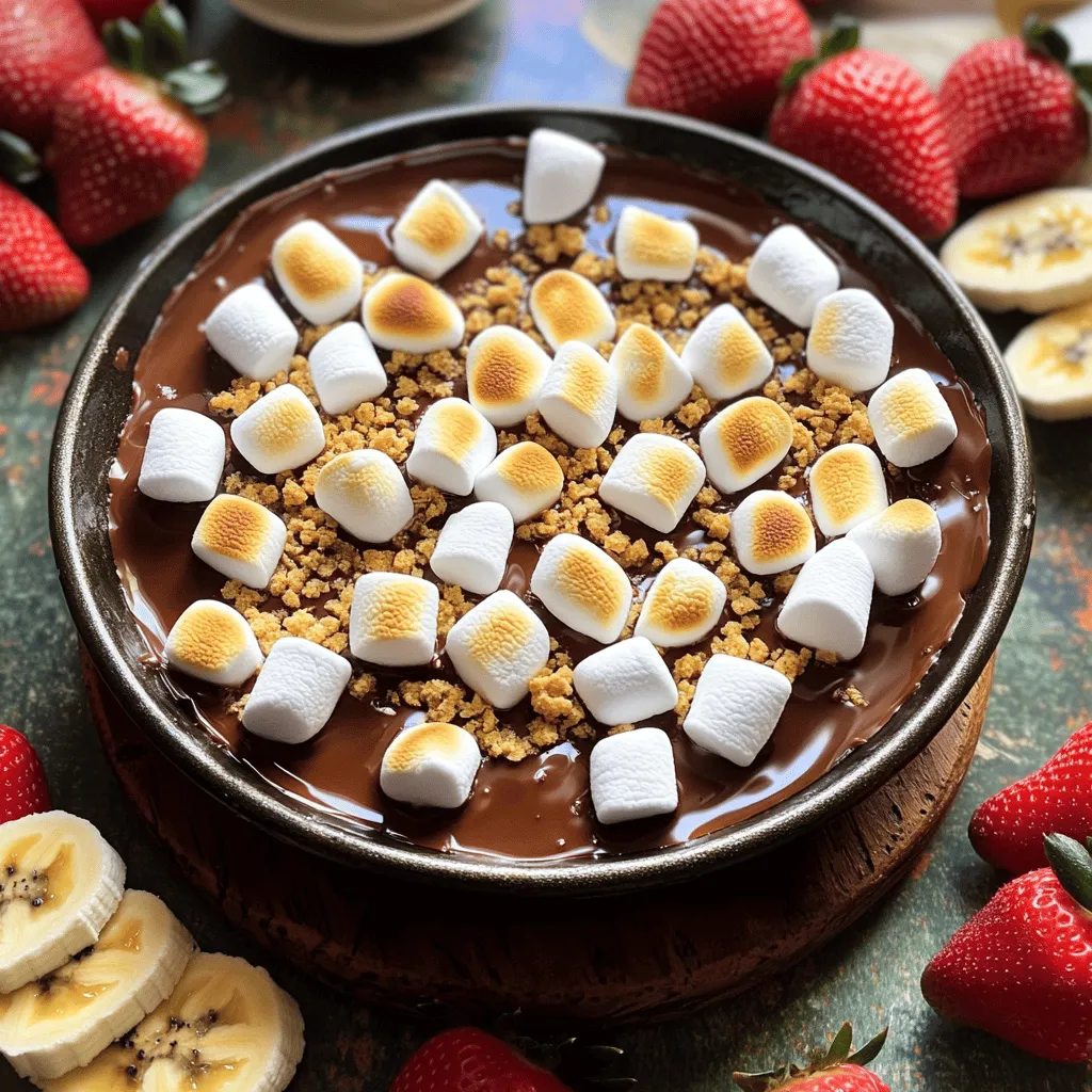 To make S'mores Dip Skillet, you need just a few key ingredients: - 1 cup semi-sweet chocolate chips - 1 cup mini marshmallows - 1 tablespoon unsalted butter - 1/2 teaspoon vanilla extract - 1/4 cup crushed graham crackers (plus extra for topping) These items blend together to create a sweet and gooey treat. The chocolate chips melt smoothly. The mini marshmallows toast perfectly in the oven. The graham crackers add a crunchy touch. You can add fun toppings and dippers to make it even better: - Extra mini marshmallows for topping - Fresh strawberries for dipping - Banana slices for dipping These additions bring freshness and flavor. The fruit balances the sweetness of the dip. Plus, they make your dish look colorful and appealing! If you need swaps, here are some great ideas: - Substitute dark chocolate chips for a richer taste. - Use vegan butter for a dairy-free option. - Try crushed cookie crumbs instead of graham crackers. These changes keep the spirit of the recipe alive while catering to your needs. Don't hesitate to experiment with what you have. Cooking should be fun and flexible! To make S’mores Dip Skillet, gather your ingredients first. You need: - 1 cup semi-sweet chocolate chips - 1 cup mini marshmallows - 1 tablespoon unsalted butter - 1/2 teaspoon vanilla extract - 1/4 cup crushed graham crackers (plus extra for topping) - Fresh strawberries or banana slices for dipping - Extra mini marshmallows for topping Start by preheating your oven to 400°F (200°C). This step is key for a good bake. In a medium oven-safe skillet, melt the butter over medium heat. Once melted, take it off the heat. Stir in the chocolate chips and vanilla extract. Mix until smooth and creamy. This is the base of your dip. Now, add the crushed graham crackers to the mix. Stir until everything is well combined. Spread the chocolate mix evenly across the skillet. Next, top the chocolate layer with mini marshmallows. Sprinkle some extra crushed graham crackers over the marshmallows. This adds a nice crunch. Place the skillet in your preheated oven. Bake for 5-7 minutes. Watch the marshmallows turn golden and toasted. Once done, carefully take it out of the oven. Let it cool for a minute. Serve the dip right from the skillet. Use a heat-safe trivet to protect your table. To make it look great, place a colorful plate under the skillet. This will add a nice touch. Arrange fresh strawberries or banana slices around the skillet. This adds color and gives options for dipping. Enjoy your gooey S’mores Dip! To make your dip super gooey, use good quality chocolate chips. I like semi-sweet for the best flavor. When melting the butter, keep the heat medium. This helps prevent burning. Stir the chocolate chips in well. When they melt, the dip will be smooth and creamy. Don’t skip the mini marshmallows on top. Toasting them gives a nice crunch and adds flavor. For extra flavor, add a bit more vanilla extract. No oven? No problem! You can make this dip on the stovetop. Melt the butter in a skillet over medium heat. Stir in the chocolate chips and vanilla until smooth. Once melted, add the crushed graham crackers. Top with mini marshmallows. Cover the skillet with a lid and cook over low heat. In about 5-10 minutes, the marshmallows will puff up. Store any leftovers in an airtight container. This helps keep them fresh. The dip can last in the fridge for about three days. When you want to enjoy it again, reheat gently. You can use the microwave or a stovetop. Heat it slowly to keep it gooey. If it seems thick, mix in a little milk for smoothness. Enjoy it warm with your favorite dippers! {{image_2}} You can make your S'mores Dip even more fun. Try adding peanut butter or Nutella for a rich twist. Chopped nuts like pecans or almonds add crunch and flavor. Want some spice? A pinch of cinnamon or chili powder livens things up. You could also swap semi-sweet chocolate for dark chocolate for a bolder taste. If you need gluten-free options, use gluten-free graham crackers. They work just as well as regular ones. For a vegan version, swap the butter for coconut oil. Use dairy-free chocolate chips and skip the marshmallows. You can find vegan marshmallow brands at many stores. These changes keep the fun without losing flavor. While strawberries and bananas are great, feel free to get creative! Try pretzel sticks for a salty crunch. Graham cracker sticks add extra flavor and texture. Mini cookies like Oreos or chocolate chip cookies are also fun to dip. You can even use marshmallow fluff on the side for extra gooeyness. The choices are endless! To store your s'mores dip, let it cool first. Transfer leftovers to an airtight container. Avoid using plastic wrap, as it may stick to the dip. Store the container in the fridge. This keeps the flavors fresh and safe. The leftover s'mores dip stays good for about three days. After that, the chocolate may harden. The mini marshmallows can lose their fluffiness. For the best taste, enjoy it within this time. You can freeze s'mores dip for longer storage. First, let it cool completely. Then, place it in a freezer-safe container. Make sure to leave some space for expansion. It can last up to three months in the freezer. When ready to eat, thaw it in the fridge overnight before reheating. To make S'mores Dip Skillet, start by preheating your oven to 400°F (200°C). Melt 1 tablespoon of unsalted butter in an oven-safe skillet over medium heat. Once melted, stir in 1 cup of semi-sweet chocolate chips and 1/2 teaspoon of vanilla extract until smooth. Mix in 1/4 cup of crushed graham crackers. Spread this mixture evenly in the skillet. Top with 1 cup of mini marshmallows and some extra crushed graham crackers. Bake for 5-7 minutes until the marshmallows are golden. Let it cool for a minute before serving with fresh strawberries or banana slices. Yes, you can use milk chocolate instead of semi-sweet. Milk chocolate will make the dip sweeter and creamier. Adjust the amount of chocolate to fit your taste. If you want a more balanced flavor, consider mixing in some dark chocolate. This mix will give you a richer taste while keeping it sweet. To reheat leftover S'mores Dip, place it in an oven-safe dish. Heat it in the oven at 350°F (175°C) for about 5-10 minutes. Check it often to avoid overcooking. You can also microwave it in short bursts for 20-30 seconds. Stir between intervals to ensure even heating. Enjoy your gooey dip again! This blog post covered how to make a tasty S'mores dip skillet. We looked at main ingredients, offering tips for swapping items and adding delicious toppings. I shared step-by-step instructions for prepping, baking, and serving. I also included storage tips for leftovers, plus variations for diets like gluten-free and vegan. S'mores dip is fun and easy. You can customize it to your liking. So, gather your ingredients and enjoy a warm treat with family and friends.