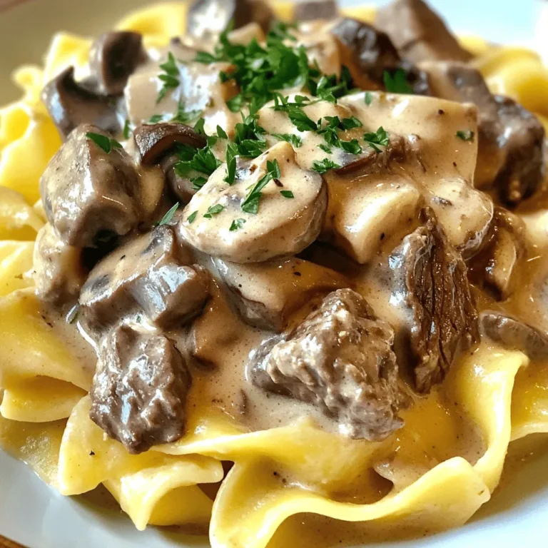 To make Slow Cooker Creamy Beef Stroganoff, you will need key ingredients. Here is what you need: - 2 pounds beef stew meat, cut into bite-sized pieces - 1 medium onion, chopped - 3 cloves garlic, minced - 2 cups beef broth - 1 tablespoon Worcestershire sauce - 1 teaspoon paprika - 1 teaspoon dried thyme - 8 ounces mushrooms, sliced - 1 cup sour cream - 3 tablespoons all-purpose flour - Salt and pepper to taste - 3 cups egg noodles - Chopped parsley for garnish These ingredients create a rich and hearty dish. The beef stew meat is tender and full of flavor. The onion and garlic add depth to the sauce. Mushrooms bring a nice earthiness to the mix. Seasonings are key for taste. The Worcestershire sauce adds a savory touch. Paprika gives a mild warmth and a beautiful color. Dried thyme lends a hint of herbal flavor. Salt and pepper enhance every ingredient. When you combine these seasonings, you create a warm, inviting aroma. It makes your kitchen smell amazing as it cooks. You can even adjust the seasonings to suit your taste. To complete your meal, serve with sides. Egg noodles are a classic choice. They soak up the creamy sauce well. You can also add steamed vegetables for a fresh contrast. For a finishing touch, sprinkle chopped parsley on top. It adds color and a fresh flavor. You can also try some crusty bread on the side. It’s great for dipping in the sauce. Enjoy your delicious meal! Start by cutting 2 pounds of beef stew meat into small pieces. This helps the meat cook well. In a large bowl, season the beef with salt, pepper, and paprika. Mix it up so all the meat gets flavor. Chop 1 medium onion and mince 3 cloves of garlic. Set these aside for later. Grab your slow cooker and add the seasoned beef. Then, toss in the chopped onion and minced garlic. Pour in 2 cups of beef broth. Add 1 tablespoon of Worcestershire sauce and 1 teaspoon of dried thyme. Stir everything together to mix the flavors. Now, add 8 ounces of sliced mushrooms on top. Do not stir this layer; just leave it as is. Cover the slow cooker with its lid. If you set it to low, let it cook for 7 to 8 hours. If you choose high, it will take about 4 to 5 hours. You want the beef to be very tender. In the last 30 minutes, mix 1 cup of sour cream with 3 tablespoons of flour in a small bowl until smooth. Add this creamy mix to the slow cooker and stir well. Meanwhile, cook 3 cups of egg noodles according to the package. Once the stroganoff is done, serve it over the noodles. Finish with chopped parsley for a nice touch. To make your beef stroganoff creamy, follow these tips: - Use full-fat sour cream. Full-fat gives the best richness. - Mix sour cream with flour. This helps thicken the sauce. - Add sour cream at the end. Stir it in during the last 30 minutes of cooking. This keeps it creamy and fresh. Avoid these common errors for the best results: - Don’t add sour cream too early. It can curdle if cooked too long. - Skip overcooking the beef. Cook until just tender to keep it juicy. - Don’t rush the cooking time. Low and slow brings out the best flavors. Choose the right tools for perfect stroganoff: - Use a large slow cooker. A 6-quart size works well for this recipe. - Invest in a good mixing bowl. A sturdy bowl helps mix the sour cream and flour smoothly. - Have a sharp knife. A good knife helps you cut meat and veggies easily. These tips will help you create a rich and creamy beef stroganoff that everyone will love. {{image_2}} You can make this dish lighter. Use lean beef stew meat instead of regular. Ground turkey or chicken works well too. Swap sour cream for Greek yogurt. This change cuts fat but keeps creaminess. You can also use whole wheat egg noodles for more fiber. To create a vegetarian version, skip the beef entirely. Replace it with hearty mushrooms or tempeh. Use vegetable broth instead of beef broth. Add more veggies like carrots and bell peppers for texture. You can add tofu for extra protein. The final dish will still be rich and creamy. You can change the flavors easily. Try adding different types of mushrooms, like shiitake or portobello. They add unique tastes and textures. Feel free to mix in some fresh herbs, like dill or parsley, for brightness. You can also spice it up with a pinch of cayenne pepper for warmth. After you enjoy your slow cooker creamy beef stroganoff, you might have some left. To store leftovers, let the dish cool first. Then, place it in an airtight container. You can keep it in the fridge for up to three days. If you want to save it longer, freezing is a great option. When you’re ready to eat your leftovers, you can reheat them easily. For best results, warm the stroganoff in a pot on the stove over medium heat. Stir it often until it gets hot. You can also use a microwave. Place it in a microwave-safe bowl and heat it in short bursts, stirring in between. This way, it heats evenly. If you want to freeze the creamy beef stroganoff, do it right after it cools. Use a freezer-safe container or bag. Make sure to leave some space for the food to expand. It can stay in the freezer for up to three months. When you want to eat it, thaw it in the fridge overnight before reheating. This method keeps the flavors fresh and tasty. Yes, you can use other meats like chicken or pork. If you choose chicken, use thighs for better flavor. Pork works well too. Just adjust the cooking time. Chicken cooks faster, so check it after 4-5 hours on low. Pork should cook for about the same time as beef. To make gluten-free stroganoff, swap out the flour. Use cornstarch or a gluten-free flour blend. Mix either with sour cream just like in the recipe. Make sure your beef broth and Worcestershire sauce are gluten-free too. Many brands offer safe options for these ingredients. If you want something else, try rice or gluten-free pasta. Zucchini noodles or cauliflower rice also work great. They add a fun twist and keep the dish light. You could also use mashed potatoes for a comforting base. Each option gives a new flavor and texture to your meal. We covered how to make a creamy beef stroganoff in a slow cooker. You learned the key ingredients, cooking steps, and tips for great results. We also explored tasty variations and storage tips for leftovers. My final thought: with this recipe, you'll impress everyone at dinner. Enjoy the process, and happy cooking!
