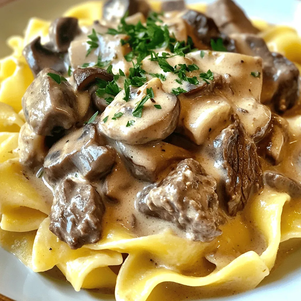 To make Slow Cooker Creamy Beef Stroganoff, you will need key ingredients. Here is what you need: - 2 pounds beef stew meat, cut into bite-sized pieces - 1 medium onion, chopped - 3 cloves garlic, minced - 2 cups beef broth - 1 tablespoon Worcestershire sauce - 1 teaspoon paprika - 1 teaspoon dried thyme - 8 ounces mushrooms, sliced - 1 cup sour cream - 3 tablespoons all-purpose flour - Salt and pepper to taste - 3 cups egg noodles - Chopped parsley for garnish These ingredients create a rich and hearty dish. The beef stew meat is tender and full of flavor. The onion and garlic add depth to the sauce. Mushrooms bring a nice earthiness to the mix. Seasonings are key for taste. The Worcestershire sauce adds a savory touch. Paprika gives a mild warmth and a beautiful color. Dried thyme lends a hint of herbal flavor. Salt and pepper enhance every ingredient. When you combine these seasonings, you create a warm, inviting aroma. It makes your kitchen smell amazing as it cooks. You can even adjust the seasonings to suit your taste. To complete your meal, serve with sides. Egg noodles are a classic choice. They soak up the creamy sauce well. You can also add steamed vegetables for a fresh contrast. For a finishing touch, sprinkle chopped parsley on top. It adds color and a fresh flavor. You can also try some crusty bread on the side. It’s great for dipping in the sauce. Enjoy your delicious meal! Start by cutting 2 pounds of beef stew meat into small pieces. This helps the meat cook well. In a large bowl, season the beef with salt, pepper, and paprika. Mix it up so all the meat gets flavor. Chop 1 medium onion and mince 3 cloves of garlic. Set these aside for later. Grab your slow cooker and add the seasoned beef. Then, toss in the chopped onion and minced garlic. Pour in 2 cups of beef broth. Add 1 tablespoon of Worcestershire sauce and 1 teaspoon of dried thyme. Stir everything together to mix the flavors. Now, add 8 ounces of sliced mushrooms on top. Do not stir this layer; just leave it as is. Cover the slow cooker with its lid. If you set it to low, let it cook for 7 to 8 hours. If you choose high, it will take about 4 to 5 hours. You want the beef to be very tender. In the last 30 minutes, mix 1 cup of sour cream with 3 tablespoons of flour in a small bowl until smooth. Add this creamy mix to the slow cooker and stir well. Meanwhile, cook 3 cups of egg noodles according to the package. Once the stroganoff is done, serve it over the noodles. Finish with chopped parsley for a nice touch. To make your beef stroganoff creamy, follow these tips: - Use full-fat sour cream. Full-fat gives the best richness. - Mix sour cream with flour. This helps thicken the sauce. - Add sour cream at the end. Stir it in during the last 30 minutes of cooking. This keeps it creamy and fresh. Avoid these common errors for the best results: - Don’t add sour cream too early. It can curdle if cooked too long. - Skip overcooking the beef. Cook until just tender to keep it juicy. - Don’t rush the cooking time. Low and slow brings out the best flavors. Choose the right tools for perfect stroganoff: - Use a large slow cooker. A 6-quart size works well for this recipe. - Invest in a good mixing bowl. A sturdy bowl helps mix the sour cream and flour smoothly. - Have a sharp knife. A good knife helps you cut meat and veggies easily. These tips will help you create a rich and creamy beef stroganoff that everyone will love. {{image_2}} You can make this dish lighter. Use lean beef stew meat instead of regular. Ground turkey or chicken works well too. Swap sour cream for Greek yogurt. This change cuts fat but keeps creaminess. You can also use whole wheat egg noodles for more fiber. To create a vegetarian version, skip the beef entirely. Replace it with hearty mushrooms or tempeh. Use vegetable broth instead of beef broth. Add more veggies like carrots and bell peppers for texture. You can add tofu for extra protein. The final dish will still be rich and creamy. You can change the flavors easily. Try adding different types of mushrooms, like shiitake or portobello. They add unique tastes and textures. Feel free to mix in some fresh herbs, like dill or parsley, for brightness. You can also spice it up with a pinch of cayenne pepper for warmth. After you enjoy your slow cooker creamy beef stroganoff, you might have some left. To store leftovers, let the dish cool first. Then, place it in an airtight container. You can keep it in the fridge for up to three days. If you want to save it longer, freezing is a great option. When you’re ready to eat your leftovers, you can reheat them easily. For best results, warm the stroganoff in a pot on the stove over medium heat. Stir it often until it gets hot. You can also use a microwave. Place it in a microwave-safe bowl and heat it in short bursts, stirring in between. This way, it heats evenly. If you want to freeze the creamy beef stroganoff, do it right after it cools. Use a freezer-safe container or bag. Make sure to leave some space for the food to expand. It can stay in the freezer for up to three months. When you want to eat it, thaw it in the fridge overnight before reheating. This method keeps the flavors fresh and tasty. Yes, you can use other meats like chicken or pork. If you choose chicken, use thighs for better flavor. Pork works well too. Just adjust the cooking time. Chicken cooks faster, so check it after 4-5 hours on low. Pork should cook for about the same time as beef. To make gluten-free stroganoff, swap out the flour. Use cornstarch or a gluten-free flour blend. Mix either with sour cream just like in the recipe. Make sure your beef broth and Worcestershire sauce are gluten-free too. Many brands offer safe options for these ingredients. If you want something else, try rice or gluten-free pasta. Zucchini noodles or cauliflower rice also work great. They add a fun twist and keep the dish light. You could also use mashed potatoes for a comforting base. Each option gives a new flavor and texture to your meal. We covered how to make a creamy beef stroganoff in a slow cooker. You learned the key ingredients, cooking steps, and tips for great results. We also explored tasty variations and storage tips for leftovers. My final thought: with this recipe, you'll impress everyone at dinner. Enjoy the process, and happy cooking!