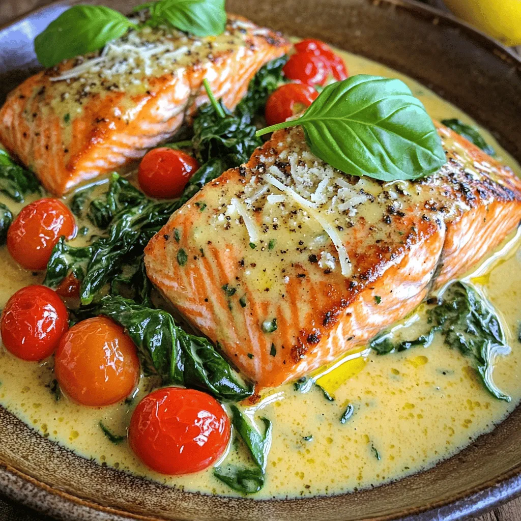 - 4 salmon fillets - 2 tablespoons olive oil - Salt and pepper to taste - 3 cloves garlic, minced - 1 cup cherry tomatoes, halved - 1 cup fresh spinach - 1 cup heavy cream - 1/2 cup grated Parmesan cheese - 1 teaspoon dried Italian herbs (oregano, basil, thyme) - Juice of 1 lemon Using fresh, high-quality ingredients makes this dish shine. Look for wild-caught salmon for better flavor and health benefits. Choose ripe cherry tomatoes for sweetness. Fresh spinach adds vibrant color and nutrition. Always opt for heavy cream with no additives for a rich sauce. For Parmesan, use freshly grated cheese. It melts better and gives more taste. To elevate your creamy Tuscan salmon, consider adding these ingredients: - A splash of white wine for depth. - Crushed red pepper flakes for heat. - Fresh basil or parsley for freshness. - Pine nuts for a crunchy texture. These options add layers of flavor and make the dish even more delightful. Experiment and find what you love! First, gather your ingredients. You need four salmon fillets, olive oil, and seasonings like salt and pepper. Also, prepare minced garlic, cherry tomatoes, fresh spinach, heavy cream, and Parmesan cheese. Don’t forget the lemon juice and Italian herbs. This will help you stay organized as you cook. Heat two tablespoons of olive oil in a large skillet over medium-high heat. While the oil heats, season both sides of the salmon fillets with salt and pepper. When the oil is hot, carefully place the fillets in the skillet. Sear each side for about four to five minutes. Look for a golden-brown color. Once cooked, move the salmon to a plate and set it aside. In the same skillet, add three cloves of minced garlic. Sauté the garlic for thirty seconds until you smell its aroma. Then, toss in the halved cherry tomatoes. Cook them for about two to three minutes. You want them to soften but not lose their shape. Next, add one cup of fresh spinach and stir until it wilts. Pour in one cup of heavy cream and bring it to a simmer. Add half a cup of grated Parmesan cheese and one teaspoon of dried Italian herbs. Stir until the cheese melts and the sauce combines well. Squeeze in the juice of one lemon. Finally, return the salmon to the skillet. Spoon the creamy sauce over the fillets and cook for two to three more minutes. This warms the salmon through nicely. To cook salmon well, start with fresh fillets. Look for bright color and firm texture. Season both sides with salt and pepper. Heat olive oil in a skillet over medium-high heat. When the oil shimmers, add the salmon. Sear for 4-5 minutes on each side. This gives a nice golden crust. Use a spatula to flip gently. Check the salmon for doneness; it should flake easily. To make the sauce creamy, use heavy cream. Stir it in after sautéing the garlic and tomatoes. Add grated Parmesan cheese for extra richness. This cheese melts well and gives a nice flavor. If you want more creaminess, add a splash of milk. For a touch of brightness, squeeze fresh lemon juice just before serving. Serve the creamy Tuscan salmon on a plate. Spoon the sauce generously over each fillet. Garnish with fresh basil or parsley for color. This dish pairs well with pasta, rice, or crusty bread. A side of steamed veggies or a fresh salad works nicely too. Enjoy your meal with a glass of white wine for a perfect touch. {{image_2}} You can change the salmon for other fish. Try cod or tilapia for a lighter meal. Chicken also works well. Use boneless chicken breasts and cook them until golden brown. Adjust cooking time to ensure they cook through. If you want a meatless option, go for tofu. Firm tofu absorbs flavors well in the creamy sauce. To make this dish vegan, replace the salmon with chickpeas or lentils. They add protein and texture. Use coconut cream instead of heavy cream for a dairy-free option. Nutritional yeast can replace Parmesan cheese for a cheesy flavor without dairy. Add a splash of lemon juice for extra zest and brightness. You can enhance your dish with seasonal vegetables. In spring, add asparagus or peas for freshness. During summer, zucchini and bell peppers bring color and crunch. In fall, try adding roasted butternut squash or mushrooms for a hearty touch. In winter, kale or brussels sprouts work well and add nutrition. Adjust cooking times to ensure all veggies are tender and flavorful. Store leftover creamy Tuscan salmon in an airtight container. Let it cool down before sealing. Refrigerate it within two hours of cooking. It stays fresh for up to three days. Make sure to keep the sauce with the salmon to maintain its flavor. To reheat, place the salmon in a skillet over low heat. Add a splash of cream or broth to keep it moist. Cover the skillet to trap heat and steam. Heat for about five to seven minutes. You can also use the microwave. Heat in short bursts, checking often to avoid overcooking. Freezing creamy Tuscan salmon works well but may affect the texture. Cool it completely first. Wrap each piece tightly in plastic wrap, then place in a freezer-safe bag. It can last for up to three months. Thaw in the fridge overnight before reheating. To make Creamy Tuscan Salmon less rich, you can swap heavy cream for half-and-half or milk. This adjustment keeps the sauce creamy while reducing the fat content. You can also use less Parmesan cheese. Adding more fresh spinach or cherry tomatoes can help balance the dish too. These veggies add volume and nutrients without heaviness. Yes, you can use frozen salmon for this recipe. Just make sure to thaw it fully before cooking. This helps the salmon cook evenly. You can thaw it overnight in the fridge or place it in a sealed bag and submerge it in cold water for quicker results. Pat the salmon dry before seasoning to achieve a nice sear. Creamy Tuscan Salmon pairs well with several sides. Here are some great options: - Garlic mashed potatoes - Steamed asparagus - Roasted broccoli - Quinoa or rice - A fresh green salad These sides complement the rich flavors of the salmon and enhance your meal experience. In this post, we explored the creamy tuscan salmon recipe, covering its ingredients, cooking steps, and tips. I shared ways to enhance flavor and adapt the dish for different diets. Remember, you can store leftovers and enjoy them later. Don't hesitate to experiment with optional ingredients or serve it with your favorite sides. This dish truly brings warmth and flavor to any table. Embrace your cooking adventure with this recipe!