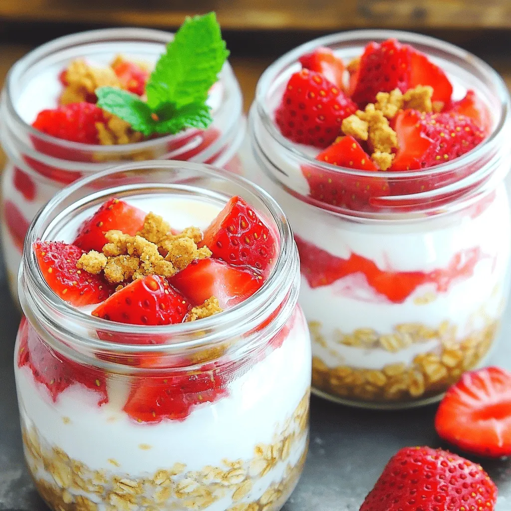 - 1 cup rolled oats - 1 cup milk (dairy or plant-based) - 1/2 cup Greek yogurt - 1/2 cup cream cheese, softened - 2 tablespoons maple syrup or honey - 1 teaspoon vanilla extract - 1/2 cup fresh strawberries, chopped - 2 tablespoons crushed graham crackers (for topping) - A pinch of salt These ingredients create a creamy and tasty base for your overnight oats. The rolled oats soak up the milk and yogurt, making them soft. The cream cheese adds a rich flavor, while the strawberries provide freshness. You can tweak your overnight oats to fit your taste. Here are some ideas: - Nuts: Add almonds or walnuts for crunch. - Seeds: Chia seeds can boost nutrition and texture. - Spices: A dash of cinnamon can enhance the flavor. - Other Fruits: Try blueberries or bananas for a different twist. Feel free to mix in what you love. This makes your oats unique and personal. If you need swaps, here are some ideas: - Oats: Use quick oats for a faster soak. - Milk: Almond or oat milk works well if you want a dairy-free option. - Greek Yogurt: Regular yogurt is fine if you want a lighter choice. - Sweeteners: Agave syrup can replace maple syrup for a different taste. These swaps keep the recipe flexible and fun. You can make it fit your diet or what you have at home. To make your strawberry cheesecake overnight oats, start with a big bowl. Add 1 cup of rolled oats. Then, pour in 1 cup of milk—dairy or plant-based works great. Next, add 1/2 cup of Greek yogurt for creaminess. Now, it’s time for 1/2 cup of softened cream cheese. This gives the oats their cheesecake flavor. Sweeten the mix with 2 tablespoons of maple syrup or honey. Don't forget to add 1 teaspoon of vanilla extract and a pinch of salt. Use a whisk or spoon to mix everything well. Make sure there are no lumps of cream cheese left. Once smooth, gently fold in 1/2 cup of chopped fresh strawberries. Save a few strawberries for topping later. Now, divide the mixture into two jars or bowls. Seal them with lids or cover them with plastic wrap. Place the jars in the fridge. Let them chill for at least 4 hours or overnight. This helps the oats soften and flavors blend. To keep your overnight oats creamy, mix well. Ensure the cream cheese is softened before you start. If you find lumps, use a blender for a few seconds. This will help create a smooth texture. Another tip? Use full-fat Greek yogurt and cream cheese for a richer taste. The fat content helps keep the oats creamy. If you want a lighter version, use low-fat options. Just remember, the texture might change a bit. For a lovely presentation, use clear glass jars. This way, you can see the colorful layers. After chilling, stir the oats once more before serving. Top each jar with the reserved strawberries. Finish with 2 tablespoons of crushed graham crackers for that cheesecake crunch. For an extra touch, add a sprig of mint on top. This makes the jars even more inviting! To make the best overnight oats, start with good ingredients. Use rolled oats, not quick oats. Rolled oats soak up liquid well and stay chewy. Here are some best practices: - Use the right ratio: Stick to a 1:1 ratio of oats to liquid. This keeps your oats creamy. - Mix well: Blend all wet ingredients fully before adding oats. This helps prevent lumps. - Let them sit: Refrigerate your oats overnight. This gives them time to soften and flavors to blend. To enhance the flavor, choose high-quality ingredients. Fresh strawberries are key. Here are some tips: - Add spices: A pinch of cinnamon or nutmeg can elevate the taste. Just a little can make a big difference. - Use flavored yogurt: Consider vanilla or strawberry Greek yogurt for extra flavor. - Layer your jars: Alternate layers of oats and strawberries. This adds visual appeal and bursts of flavor. Even simple recipes can go wrong. Avoid these common mistakes: - Skipping the salt: A pinch of salt balances sweetness. Don’t leave it out! - Overmixing: Stir gently when adding strawberries. Overmixing can break them down too much. - Not tasting: Always taste your mixture before refrigerating. Adjust sweetness if needed. {{image_2}} You can change the fruit in your overnight oats. Try blueberries, raspberries, or even peaches. Each fruit gives a new taste. For a tropical twist, use diced mango or pineapple. You can also mix different fruits. Just keep the amount the same. This keeps the balance of flavors and textures. If you want a healthier sweetener, try using mashed bananas or dates. These add natural sweetness without refined sugar. You can also use agave nectar or coconut sugar. Each option gives a unique flavor and can lower calories. Adjust the amount based on your taste. Start with a little and add more if needed. To make this recipe dairy-free, switch to plant-based milk. Almond, soy, or oat milk work well. For yogurt, use coconut or almond yogurt. Cream cheese can be replaced with a vegan option. Look for brands that taste similar to regular cream cheese. These swaps keep the creamy texture while making the dish vegan-friendly. To keep your strawberry cheesecake overnight oats fresh, use airtight containers. Glass jars work great. They let you see the colorful layers. Make sure to store them in the fridge right after you prepare them. This helps lock in flavor and texture. You can keep strawberry cheesecake overnight oats in the fridge for up to 3 days. After that, the oats may get too soft. The strawberries can also lose their freshness. If you want to enjoy them later, consider freezing. To freeze your oats, first, prepare the mixture as usual. Then, portion it into freezer-safe containers. Leave some space at the top, as the oats will expand. When you want to eat them, thaw the oats in the fridge overnight. Give them a good stir before enjoying! Yes, you can use regular oats, but the texture will change. Rolled oats are thicker and give a creamier feel. Regular oats may turn mushy when soaked. If you want the best taste, stick with rolled oats. To lower the calories, make a few simple swaps. Use low-fat Greek yogurt instead of full-fat. Replace cream cheese with a light version or skip it entirely. You can also reduce the maple syrup or honey. Fresh strawberries are naturally low in calories, so keep them in. You can prepare these oats in advance, but I suggest making them for three days. Store them in the fridge in sealed jars. If you prepare them for a week, the oats might become too soft. Always add fresh toppings before serving for the best flavor. In this blog, we covered the key ingredients for making strawberry cheesecake overnight oats. You learned step-by-step preparation tips and tricks for creamy results. We also explored tasty variations and best storage practices to keep your oats fresh. As you try this recipe, remember to customize it to fit your taste. With these tips, you can create a delicious, healthy breakfast. Enjoy experimenting with flavors and making it your own!