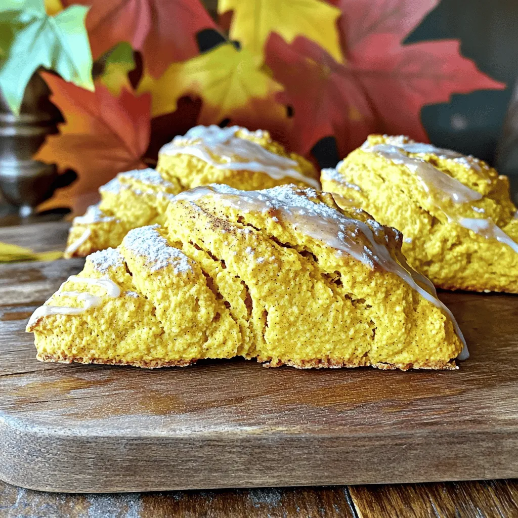 To make your own pumpkin spice scones, you need to gather the following ingredients. Each plays a key role in creating that delicious flavor and texture you love. - 2 cups all-purpose flour - 1/2 cup granulated sugar - 1 tablespoon baking powder - 1/2 teaspoon baking soda - 1 teaspoon pumpkin pie spice - 1/2 teaspoon salt These dry ingredients create the base of your scones. The flour gives structure. The sugar adds sweetness. Baking powder and soda help the scones rise. Pumpkin pie spice gives them that cozy fall flavor. Salt balances all the tastes. - 1/4 cup cold unsalted butter, cut into small pieces - 1/2 cup canned pumpkin puree - 1/4 cup heavy cream - 1 large egg - 1 teaspoon vanilla extract The butter adds richness and moisture. Pumpkin puree brings in that signature taste and keeps the scones soft. Heavy cream adds creaminess. The egg binds everything together, while vanilla gives a lovely aroma. Start by preheating your oven to 400°F (200°C). This heat makes the scones rise well. While the oven warms up, line a baking sheet with parchment paper. This helps with easy cleanup and keeps the scones from sticking. In a large bowl, mix these dry ingredients: - 2 cups all-purpose flour - 1/2 cup granulated sugar - 1 tablespoon baking powder - 1/2 teaspoon baking soda - 1 teaspoon pumpkin pie spice - 1/2 teaspoon salt Stir the dry ingredients together well. This step is key for an even flavor in your scones. In another bowl, mix the wet ingredients: - 1/2 cup canned pumpkin puree - 1/4 cup heavy cream - 1 large egg - 1 teaspoon vanilla extract Whisk them together until smooth. Next, pour this mixture into the dry ingredients. Stir gently until just combined. The dough should feel slightly sticky. Avoid overmixing, as this keeps the scones light and fluffy. Now, place the dough on a floured surface. Pat it down into a circle about 1-inch thick. Cut it into 8 wedges, or use a round cutter for fun shapes. Arrange the scones on the baking sheet, leaving about 2 inches between each one. Bake the scones in your preheated oven for about 15-18 minutes. They should turn lightly golden and be cooked through. Once done, let them cool on the baking sheet for a few minutes. Then, move them to a wire rack to cool completely. Enjoy your warm, pumpkin spice scones! To get a light, fluffy scone, start with cold butter. Use a pastry cutter to mix it into the flour. You want a crumbly texture, not a doughy one. Your mixture should look like sand with small lumps of butter. This texture helps the scones rise nicely. Mixing is key, but too much can ruin your scones. After adding wet ingredients, stir gently. When you see no dry flour, stop mixing. The dough should be a bit sticky. This way, your scones will be tender and soft, not tough. Serve your scones warm for the best flavor. Drizzle a simple glaze on top for a sweet touch. To store, place them in an airtight container. Keep them at room temperature for up to two days. For longer storage, freeze them for up to a month. Reheat before serving for that fresh-baked taste. {{image_2}} You can elevate your pumpkin spice scones with a simple glaze. Mix one cup of powdered sugar with two tablespoons of milk. This adds sweetness and a nice shine. You can also add a pinch of pumpkin pie spice to the glaze. This gives an extra touch of flavor. Drizzle it over the warm scones for a beautiful finish. If you need gluten-free scones, use a gluten-free flour blend instead of all-purpose flour. Many blends work well in baking. For dairy-free options, swap heavy cream with almond milk or coconut milk. Use vegan butter in place of regular butter. These changes keep the scone tasty while meeting your dietary needs. You can mix in nuts or dried fruits for added texture. Try adding 1/2 cup of chopped walnuts or pecans. Dried cranberries or raisins also work well. These additions give a nice contrast to the soft scone. Just fold them into the dough before shaping. This makes each bite more exciting and flavorful. To keep your pumpkin spice scones fresh, place them in an airtight container. This helps to seal in moisture. If you store them at room temperature, they will stay fresh for about 2-3 days. For longer storage, consider refrigerating them. Just remember, refrigeration can change the texture. You can freeze pumpkin spice scones for up to three months. First, let the scones cool completely. Then, wrap each scone in plastic wrap. Place them in a freezer bag or airtight container. Label with the date so you can enjoy them later. When ready to eat, just thaw them in the fridge overnight. To enjoy your scones warm, preheat your oven to 350°F (175°C). Place the scones on a baking sheet. Heat them for about 5-10 minutes. This will make them soft again and bring back that fresh-baked taste. You can also microwave them for 15-20 seconds, but the oven is best for texture. Yes, you can use fresh pumpkin! Just cook and mash it first. Make sure it is dry. If your pumpkin is too wet, it may change the scone's texture. Using fresh pumpkin gives a nice, rich flavor. You can replace eggs with unsweetened applesauce or mashed banana. Use about 1/4 cup for each egg. This keeps the scones moist. You can also use a vegan egg substitute from the store. Serve them warm for the best taste! Drizzle with a simple glaze of powdered sugar and milk. Sprinkle more pumpkin pie spice on top for extra flavor. Pair them with coffee or tea for a cozy treat. These scones last up to three days at room temperature if stored in an airtight container. For longer freshness, freeze them. They can last up to three months in the freezer. Just reheat them in the oven to enjoy! In this post, we explored a simple scone recipe with clear steps. We broke down the ingredients into dry and wet categories for easy use. I shared tips for perfect texture and ways to avoid overmixing. You learned about tasty variations to enhance your scones. Finally, I covered how to store and reheat them for freshness. With these tips, you can enjoy delicious scones any time. Happy baking!