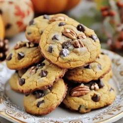 - 1 cup canned pumpkin puree - 1/2 cup unsalted butter, softened - 1 cup brown sugar, packed - 1/2 cup granulated sugar You need canned pumpkin puree for moisture and flavor. Unsalted butter adds richness. Brown sugar makes the cookies chewy, while granulated sugar helps with crispness. - 1/2 cup chopped pecans or walnuts Chopped nuts are optional. They add crunch and extra flavor. Use pecans or walnuts, based on your taste. - 2 cups all-purpose flour - 1 teaspoon baking soda - 1 teaspoon baking powder - 1 teaspoon pumpkin pie spice - 1/2 teaspoon salt All-purpose flour gives structure to the cookies. Baking soda and baking powder help them rise. Pumpkin pie spice adds warmth and depth. Salt enhances all the flavors. First, preheat your oven to 350°F (175°C). This step gets your oven ready for baking. Next, line two baking sheets with parchment paper. This helps the cookies not stick and makes for easy cleanup. In a large bowl, start creaming together the softened butter, brown sugar, and granulated sugar. Mix until it looks smooth and fluffy. Now, add the canned pumpkin puree, egg, and vanilla extract. Stir until everything is blended well. In another bowl, whisk together the all-purpose flour, baking soda, baking powder, pumpkin pie spice, and salt. Slowly add this dry mix to the wet ingredients. Stir gently until just combined. Then, fold in the semi-sweet chocolate chips and chopped nuts, if you choose to add them. Scoop tablespoon-sized portions of the cookie dough onto your prepared baking sheets. Make sure to space them about 2 inches apart. Bake your cookies for 10-12 minutes. Look for lightly golden edges, but keep the centers soft. After baking, let the cookies cool on the baking sheets for about 5 minutes. This helps them set. Then, transfer the cookies to a wire rack. Let them cool completely before enjoying your delicious treats. To get that perfect bakery-style cookie, focus on texture and flavor. Use a good balance of sugars. The brown sugar adds moisture, while the granulated sugar gives a nice crunch. Cream the butter and sugars well until they are fluffy. This step gives your cookies that light and airy texture. Do not over-mix the cookie dough. Mix just until you see no dry flour. Over-mixing can make cookies tough, not soft. Once you fold in the chocolate chips, stop mixing as soon as everything is combined. The dough should be soft but not sticky. Garnish your cookies with powdered sugar for a sweet touch. Dusting them lightly creates a lovely visual and adds a hint of sweetness. These cookies taste great with a warm drink. Pair them with apple cider or a hot cup of coffee for a delightful treat. Enjoying them with a beverage enhances the flavors and makes for a cozy experience. Use a sturdy mixing bowl and a hand mixer or stand mixer. These tools help achieve the right texture when creaming butter and sugar. For baking, choose light-colored baking sheets. They help cookies bake evenly. Line your sheets with parchment paper for easy clean-up and to prevent sticking. This step will help your cookies come out perfectly every time. {{image_2}} You can easily change the flavor of your cookies. Here are some great ideas: - Adding different spices: Try cinnamon or nutmeg for a warm twist. You can mix in a teaspoon of ground ginger for a zesty kick. Each spice gives a unique taste. - Substituting chocolate chips: Use white chocolate chips or dark chocolate chips for a new flavor. You can also try butterscotch chips for a sweet surprise. If you follow special diets, you can still enjoy these cookies. Here are some easy adjustments: - Gluten-free options: Swap all-purpose flour for a gluten-free flour blend. Be sure to check that the blend includes a binding agent, like xanthan gum. - Vegan adaptations for ingredients: Use a flax egg instead of a regular egg. Just mix one tablespoon of ground flaxseed with three tablespoons of water. Let it sit until it thickens. Want to make your cookies even more delicious? Add some fun mix-ins: - Other nuts or seeds: Try using chopped almonds or sunflower seeds. They add crunch and flavor. - Dried fruits for extra flavor: Raisins, cranberries, or chopped dates can bring a sweet touch. They pair well with pumpkin. To keep your cookies fresh, use an airtight container. This helps keep moisture out. Glass or plastic containers work well. You can stack the cookies, but place parchment paper between layers. Store cookies at room temperature for the best taste. If you live in a warm place, the fridge may be better. The fridge can keep them from getting too soft, but it might change the taste a bit. Freezing cookies is a great way to save leftovers. First, let the cookies cool completely. Then, place them in a single layer on a baking sheet. Freeze for about an hour. After that, transfer them to a freezer bag. This keeps them safe from freezer burn. To thaw, take out the cookies and leave them at room temperature for about 30 minutes. You can warm them in the oven at a low heat for a few minutes. This makes them soft and tasty again. These cookies stay fresh for about a week at room temperature. If you store them in the fridge, they can last about two weeks. Look for signs of spoilage like a dry texture or off smell. If the cookies feel hard or crumbly, it’s time to toss them. Enjoy your treats while they’re at their best! You can use egg substitutes for baking. Here are some good options: - Unsweetened applesauce: Use 1/4 cup for each egg. - Mashed banana: Use 1/4 cup for each egg. - Flaxseed meal: Mix 1 tablespoon with 2.5 tablespoons water. Let it sit for 5 minutes. - Chia seeds: Mix 1 tablespoon with 2.5 tablespoons water. Let it sit for 5 minutes. These options help bind the ingredients and keep the cookies moist. They work well in pumpkin cookies, too. Yes, you can use fresh pumpkin. To prepare fresh pumpkin puree, follow these steps: 1. Select a sugar pumpkin: These are sweeter and better for baking. 2. Cut and seed: Cut the pumpkin in half and scoop out the seeds. 3. Roast: Place the halves cut-side down on a baking sheet. Bake at 350°F for about 45 minutes. 4. Scoop and blend: Once soft, scoop the flesh out and blend until smooth. Fresh pumpkin adds great flavor and a homemade touch to your cookies! If your cookie dough is too sticky, you can make adjustments: - Add flour: Gradually mix in more flour, a tablespoon at a time. - Chill the dough: Place it in the fridge for 30 minutes. This firms up the dough. - Use wet hands: When shaping the cookies, wet your hands to handle the dough easily. These tips help achieve the right dough consistency for perfect cookies. Yes, these cookies are great for shipping. Follow these best practices: - Cool completely: Let the cookies cool on a wire rack before packing. - Use a sturdy container: Choose a hard plastic or metal container to prevent crushing. - Layer with parchment paper: Place parchment paper between layers of cookies to avoid sticking. - Seal well: Make sure the container is tightly sealed to keep them fresh. With these steps, your cookies will arrive fresh and tasty! Making pumpkin cookies is easy with the right ingredients and steps. Start with canned pumpkin puree, sugars, and butter for great flavor. Follow the instructions to mix, shape, and bake your cookies. Use the tips to get that perfect bakery texture. Don't forget the variations and storage tips to keep them fresh. With these insights, you can enjoy baking and sharing delicious pumpkin cookies anytime. They can bring warmth and joy to any occasion!