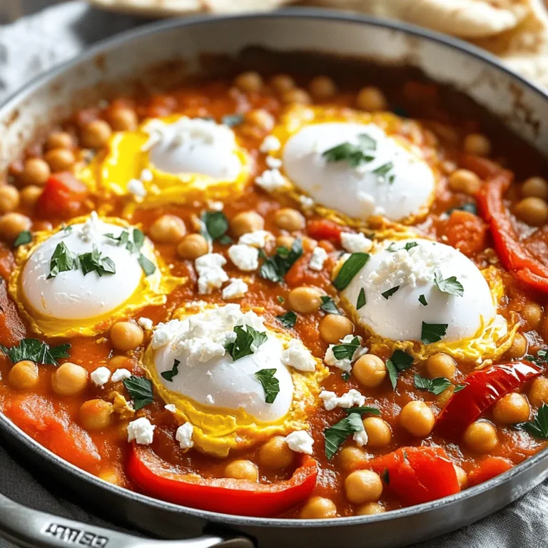- 1 can (15 oz) chickpeas, drained and rinsed - 1 tablespoon olive oil - 1 medium onion, finely chopped - 2 cloves garlic, minced - 1 red bell pepper, diced - 1 teaspoon ground cumin - 1 teaspoon smoked paprika - 1/2 teaspoon cayenne pepper (optional, for heat) - 1 can (14 oz) diced tomatoes - 1 tablespoon tomato paste - Salt and pepper to taste - 4 large eggs - Fresh parsley, chopped (for garnish) - Feta cheese, crumbled (for garnish) - Pita bread or crusty bread (for serving) For this Mediterranean chickpea shakshuka, I love using fresh ingredients. You can find chickpeas in any grocery store. Look for cans that have no added salt for a cleaner taste. Fresh herbs like parsley can be found in the produce section. If you can't find chickpeas, lentils work well as a substitute. You can also switch the red bell pepper for green, yellow, or even zucchini. Each choice adds a new twist to the dish. Spices are key here. Ground cumin and smoked paprika bring warmth and depth. If you're not a fan of spice, skip the cayenne. This recipe is flexible and can adapt to your taste. This dish takes about 10 minutes to prep and 30 minutes to cook. You can work fast by gathering your ingredients first. Chop the onion, garlic, and bell pepper ahead of time. This saves time and makes cooking smoother. Key techniques for this recipe include sautéing and simmering. Sautéing brings out the flavor of the onion and garlic. Simmering helps meld the spices and tomatoes together. 1. Heat 1 tablespoon of olive oil in a large skillet over medium heat. 2. Add the finely chopped onion. Sauté it until it turns translucent, about 5 minutes. 3. Next, stir in 2 cloves of minced garlic and the diced red bell pepper. Sauté for another 3-4 minutes until the bell pepper softens. 4. Now, add 1 teaspoon of ground cumin, 1 teaspoon of smoked paprika, and 1/2 teaspoon of cayenne pepper if you like heat. Stir and cook for 1 minute until you smell the spices. 5. Pour in 1 can of diced tomatoes and add 1 tablespoon of tomato paste. Stir well and let it simmer for about 10 minutes. This helps the flavors mix. Season with salt and pepper to taste. 6. Stir in the drained and rinsed chickpeas. Cook for an additional 5 minutes to heat through. 7. Use a spoon to make small wells in the chickpea mixture. Crack 4 large eggs into each well. 8. Cover the skillet and cook for 5-7 minutes. This time will let the eggs cook to your liking, whether you want runny yolks or fully cooked eggs. 9. Once done, remove the skillet from heat. Sprinkle with fresh chopped parsley and crumbled feta cheese. 10. Serve the shakshuka warm with pita bread or crusty bread for dipping. Enjoy this flavorful Mediterranean dish! To make your Mediterranean Chickpea Shakshuka truly shine, focus on texture and flavor. Start by sautéing the onions until they are soft. This brings out their sweetness. Add garlic and bell pepper next. This step builds a rich base. Proper seasoning is key. Use salt and pepper to enhance the flavors. Add spices like cumin and smoked paprika for warmth. If you like heat, add cayenne pepper for a kick. Common mistakes include overcooking the eggs. Keep an eye on them. You want creamy yolks or fully cooked eggs, not rubbery ones. Also, don’t skip the fresh herbs and feta. They add a fresh taste. Pair your Shakshuka with a fresh salad. A simple cucumber and tomato salad works well. You can also serve it with hummus or tzatziki for extra flavor. The best bread for Shakshuka is pita or crusty bread. They are perfect for scooping up the sauce and eggs. For drinks, a light white wine pairs nicely. A sparkling water with lemon is also refreshing. Enjoy your meal with good company! {{image_2}} You can make Mediterranean Chickpea Shakshuka your own by adding extra veggies. Spinach or zucchini blend well and boost nutrition. Just chop them up and toss them in while you cook. For protein lovers, you can add sausage or tofu. Cook the sausage first until it’s browned. If using tofu, cube it and fry it lightly before mixing in. This way, you add a hearty touch to your dish. If you want a vegan option, you can swap the eggs. Use tofu or chickpea flour to create a scramble. Just mix the chickpea flour with water and seasonings, then cook it in the wells of the shakshuka. Experimenting with spices can elevate your shakshuka. Try different spice mixes like za'atar or harissa for a unique twist. Just sprinkle them in when you add the tomatoes. Want heat? Add hot sauce or a pinch of chili flakes. If you prefer sweetness, a dash of honey can balance the spices nicely. You can also add international flavors. Fresh Mediterranean herbs like basil or dill bring freshness. Different cheeses like goat cheese or mozzarella can change the taste too. Each choice adds its own charm to this dish. To keep your Mediterranean Chickpea Shakshuka fresh, store it in the fridge. First, let the dish cool down to room temperature. Then, use an airtight container. Glass containers work great since they don't stain or hold odors. You can also use plastic containers, but make sure they are BPA-free. This dish lasts about 3 to 4 days in the fridge. Always check for off smells or mold before eating leftovers. When reheating, you want to keep the flavor and texture just right. The oven is the best choice, as it warms the dish evenly. Preheat it to 350°F (175°C) and heat for about 15 minutes. If you use a microwave, cover the dish with a damp paper towel. Heat in short bursts of 1-2 minutes, stirring in between. This helps prevent overcooking the eggs. When serving reheated shakshuka, add fresh parsley or feta on top for a pop of flavor. Enjoy it warm with more pita or crusty bread! What is Shakshuka? Shakshuka is a tasty dish with eggs cooked in a spicy tomato sauce. It comes from North Africa and is popular in the Middle East. You enjoy it for breakfast, lunch, or dinner. The sauce often includes spices like cumin and paprika, giving it a rich flavor. Can I make Mediterranean Chickpea Shakshuka ahead of time? Yes! You can prepare the sauce a day before. Just store it in the fridge. When you are ready to eat, reheat the sauce. Then add the eggs and cook them fresh. This saves time and still tastes great. How do I know when the eggs are done cooking? You can check the eggs by looking at the whites. They should be firm and set. The yolks can stay runny or firm, depending on your taste. For runny yolks, cook for about 5 minutes. For firmer yolks, cook around 7 minutes. What to do if the dish is too watery or dry? If your shakshuka is watery, let it simmer longer. This helps thicken the sauce. If it’s too dry, add a splash of water or more tomatoes. Stir well and let it heat through. Adjusting spiciness in the recipe To reduce heat, use less cayenne pepper. You can also add a little sugar to balance the spice. If you want it spicier, add more cayenne or a dash of hot sauce. Taste as you go! How to make Shakshuka in a larger batch for meal prep To make a larger batch, simply double the ingredients. Use a bigger skillet to cook all at once. You can store leftovers in the fridge for up to 4 days. Reheat individual portions when you are ready to eat. Overview of the nutritional content per serving Each serving of Mediterranean Chickpea Shakshuka has about 300 calories. It also has protein from eggs and chickpeas. Plus, it’s rich in fiber, vitamins, and minerals. Discussing health benefits of chickpeas and other ingredients Chickpeas are great for you! They help with digestion and keep you full. They also have protein and iron. The tomatoes are full of vitamins and antioxidants, which are good for your heart. How to make the dish more nutritious with additional ingredients You can add spinach or kale for extra vitamins. Try adding zucchini for more fiber. If you want more protein, consider adding sausage or tofu. This makes the meal even more filling and healthy. In this article, I shared a detailed guide to making Mediterranean Chickpea Shakshuka. We covered ingredient breakdowns, step-by-step cooking instructions, and handy tips for perfecting your dish. Remember to experiment with different flavors and ingredient variations to suit your taste. Proper storage and reheating methods will keep your leftovers delicious. Now, get cooking and enjoy the unique flavors of Shakshuka!