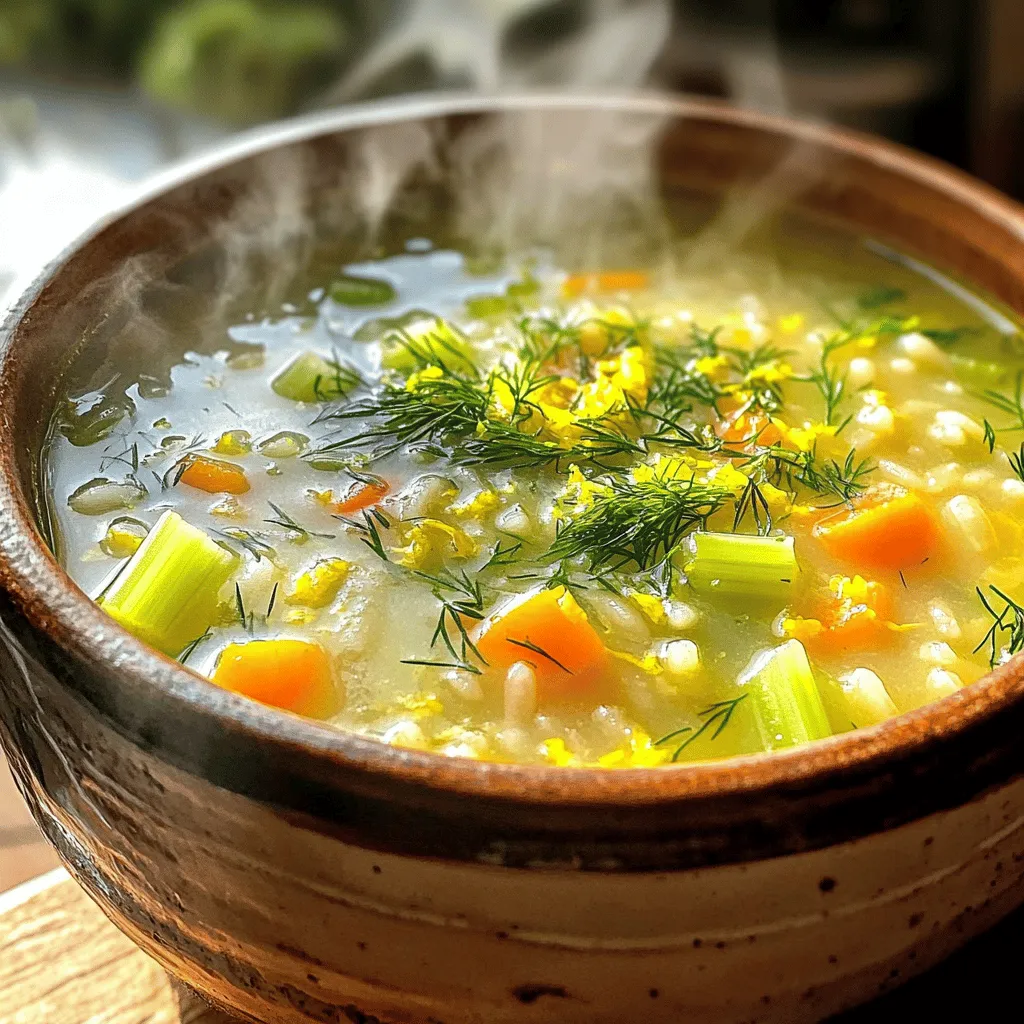 To make Greek lemon rice soup, you need some key items. Here’s a list of essential ingredients: - 1 cup cooked white rice - 4 cups chicken or vegetable broth - 1 medium onion, diced - 2 carrots, diced - 2 celery stalks, diced - 3 cloves garlic, minced - 3 large eggs - 1/4 cup fresh lemon juice (about 2 lemons) - 1 teaspoon lemon zest - Salt and pepper to taste - Fresh dill or parsley for garnish Each ingredient brings a unique flavor to the soup. The broth forms the base, while the rice adds heartiness. The veggies provide crunch, and the lemon juice gives that bright zing. You can add extra ingredients to boost the flavor. Here are some great options: - Spinach or kale for greens - Cooked chicken for protein - A pinch of red pepper flakes for heat - Fennel for a sweet, anise flavor These add-ins can make the soup even more tasty and nutritious. Just toss them in when you add the rice to the pot. If you don’t have an ingredient, don’t worry! Here are some substitutes: - Use brown rice instead of white rice for a nutty flavor. - Swap chicken broth for vegetable broth to keep it vegetarian. - If you don’t have lemons, use lime juice for a different twist. - Replace fresh herbs with dried ones, but use less since they’re stronger. These substitutes can help you adapt the recipe to what you have on hand. Just remember to adjust the flavors as you go! Start by dicing one medium onion. Chop two carrots and two celery stalks. Heat one tablespoon of olive oil in a large pot over medium heat. Add the diced onion, carrots, and celery. Sauté these vegetables for about 5 to 7 minutes. You want them tender and fragrant. Next, add three minced garlic cloves to the pot. Cook for another 1 to 2 minutes. This step brings out the garlic's aroma. Pour in four cups of chicken or vegetable broth. Raise the heat and bring it to a simmer. Let the broth cook for about 10 minutes. This helps the flavors blend nicely. In a separate bowl, whisk three large eggs. Add 1/4 cup of fresh lemon juice and 1 teaspoon of lemon zest. Mix these well until smooth. Slowly add a ladleful of the hot broth into the egg mixture. Whisk continuously to temper the eggs and prevent them from curdling. Then, slowly pour this egg mixture back into the pot. Stir continuously as you add it. Now, add 1 cup of cooked white rice to the pot. Stir it all together. Let the soup simmer for another 5 to 10 minutes. This allows the rice to absorb the flavors. Season your soup with salt and pepper to taste. You can adjust the lemon juice for more tanginess if you like. When ready to serve, ladle the soup into bowls. Garnish with fresh dill or parsley for a pop of color. Enjoy your comforting Greek Lemon Rice Soup! When making Greek Lemon Rice Soup, avoid overcooking the eggs. Pour the hot broth slowly into the egg mixture while whisking. This step keeps the eggs from scrambling. Another mistake is adding too much lemon juice at once. Start with a little, then taste. You can always add more, but you can't take it out. Lastly, don't skip the dill or parsley at the end. They add a fresh touch that makes a big difference. To make your soup shine, use fresh ingredients. Fresh broth enhances the taste. If you can, make your own broth. For a richer flavor, sauté the onions until they are golden brown. This adds depth. Make sure to stir the soup continuously when adding the egg mixture. It helps blend everything smoothly. If you want a creamier soup, use more eggs or a splash of cream. To balance tanginess, taste as you go. If it’s too sour, add more broth or a pinch of sugar. This helps mellow the flavors. For creaminess, add more cooked rice or a splash of cream. You can also blend a part of the soup to thicken it. For a lighter version, use less rice and broth. Adjusting these elements lets you find your perfect balance. {{image_2}} You can easily make a vegetarian or vegan version of Greek lemon rice soup. Simply swap chicken broth for vegetable broth. Omit the eggs and add a little almond milk for creaminess. You can also use silken tofu to mimic the texture of eggs. This makes the soup rich without any animal products. You still get the bright flavors from the lemon juice and zest, keeping it fresh and zesty. If you want to add protein, consider chicken or tofu. For chicken, use shredded rotisserie chicken for ease. Stir it in when you add the rice. This boosts protein and flavor. Tofu is a great meat alternative. Use firm tofu, cubed and sautéed until golden. Add it to the soup with the rice. Both options will make your soup hearty and satisfying. To make Greek lemon rice soup gluten-free, use gluten-free broth. Most store-bought brands are safe, but always check the label. The rice is naturally gluten-free, so keep that as is. If you want to thicken the soup, consider using cornstarch or a gluten-free flour blend. Mix it with a little water before adding it to the soup. This ensures you enjoy your soup without any gluten worries. To store leftover Greek Lemon Rice Soup, let it cool first. Use a clean, airtight container. Pour the soup into the container and seal it tightly. You can keep it in the fridge for up to three days. Make sure to label the container with the date. This way, you won't forget when you made it. When you’re ready to enjoy your soup again, reheat it on the stove. Use low heat to warm it slowly. Stir often to prevent the rice from sticking. If the soup seems thick, add a little broth or water. Taste it and adjust the seasoning if needed. This keeps the flavors fresh and bright. You can freeze Greek Lemon Rice Soup, but rice can change texture. To freeze it, use a freezer-safe container. Leave some space at the top for expansion. It can last for up to three months. To thaw, place it in the fridge overnight. Reheat it gently on the stove for the best taste. Greek Lemon Rice Soup, also known as Avgolemono, uses simple, fresh ingredients. The base includes cooked white rice, chicken or vegetable broth, and sautéed vegetables. You'll find diced onion, carrots, and celery adding flavor. Garlic enhances the taste too. The magic happens with eggs and fresh lemon juice, which create a creamy texture. You finish it with lemon zest and fresh herbs like dill or parsley. Yes, you can make Greek Lemon Rice Soup in advance! The flavors blend nicely over time. Just keep it in an airtight container in the fridge. It stays fresh for about three days. When ready to eat, you can reheat it on the stove. But remember, the rice may soak up some broth, so add a bit more broth when warming it. Greek Lemon Rice Soup pairs well with many dishes. A fresh Greek salad adds a crisp touch. You might enjoy warm pita bread or crusty bread alongside the soup as well. For a heartier meal, consider serving grilled chicken or roasted vegetables. Each option complements the soup's flavors beautifully. To thicken Greek Lemon Rice Soup, there are a few easy methods. You can add more rice or even some pureed vegetables. Another option is to whisk in a bit of cornstarch mixed with water. This will help create a creamier texture. Just remember to stir constantly while heating. These methods will give you a heartier soup that still tastes great! Greek Lemon Rice Soup offers a burst of flavor with simple steps. You learned about key ingredients, optional add-ins, and helpful substitutes. Our step-by-step guide makes cooking easy. I shared tips to avoid common mistakes and how to adjust flavors. You also discovered variations, including vegetarian options and storage tips. In the end, this soup is versatile and can fit any diet. Enjoy crafting this dish and make it your own!