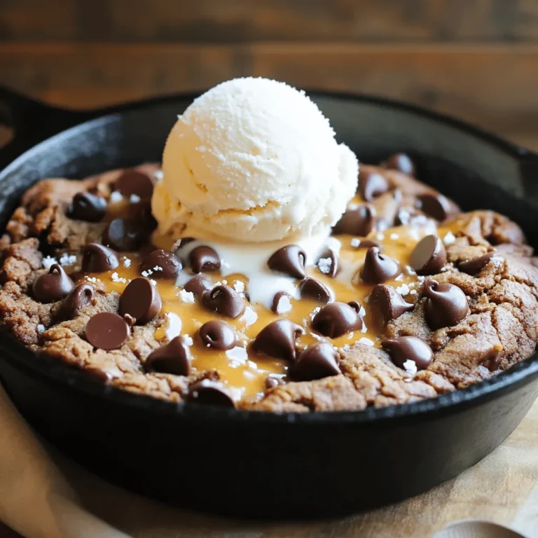 To make the perfect Chocolate Chip Skillet Cookie, gather these key ingredients: - 1 cup unsalted butter, softened - 3/4 cup brown sugar, packed - 1/4 cup granulated sugar - 1 large egg - 1 teaspoon vanilla extract - 2 cups all-purpose flour - 1 teaspoon baking soda - 1/2 teaspoon salt - 1 1/2 cups semi-sweet chocolate chips Using unsalted butter is crucial. It gives you control over the salt level. The right sugar mix enhances flavor and texture. Brown sugar adds moisture, while granulated sugar helps with crispness. You can customize your skillet cookie with fun add-ins. Here are some ideas: - Chopped nuts, like walnuts or pecans, for crunch - Different chocolate types, such as dark or milk chocolate If you follow a vegan diet, replace the egg with flaxseed meal or applesauce. For gluten-free options, swap all-purpose flour for a gluten-free blend. Enjoy the deliciousness of this cookie, tailored to your taste! Start by melting your butter. Use a large skillet and set it to low heat. Stir the butter until it fully melts. This step adds rich flavor to your cookie. Once melted, take the skillet off the heat and let it cool for a minute. Next, add the brown sugar and granulated sugar to the skillet. Mix them in until the butter and sugars blend well. This step is key for a sweet, gooey cookie. Then, crack the egg into the skillet. Pour in one teaspoon of vanilla extract. Stir until the mixture looks smooth and creamy. In a separate bowl, grab your flour, baking soda, and salt. Use a whisk to blend these dry ingredients. This helps to make sure your baking soda mixes evenly. Slowly add this flour mix to your skillet. Stir gently until combined. Be careful not to overmix! Overmixing can make your cookie tough. Now, fold in the chocolate chips. If you like nuts, add them here too. Walnuts or pecans give a nice crunch. Preheat your oven to 350°F (175°C). Spread the cookie dough evenly in the skillet. Place the skillet in the oven and bake for 25-30 minutes. Keep an eye on it! The edges should turn golden brown, while the center stays slightly soft. To check for doneness, use a toothpick. Insert it in the center; if it comes out clean or with a few crumbs, your cookie is ready. Let it cool for about 5-10 minutes before serving. Enjoy it warm, maybe with a scoop of ice cream on top! For a chewy cookie, use less flour and bake it a bit shorter. This keeps it soft in the center. If you prefer a crispy cookie, add a bit more flour and bake it longer. Letting your cookie cool is key. It firms up as it cools, making each bite better. To keep your cast iron skillet nice, wash it with warm water. Avoid soap, as it can strip the seasoning. Always dry it well and apply a thin layer of oil to prevent rust. If you use a non-stick skillet, make sure it is oven-safe. Serve your skillet cookie warm from the oven. A scoop of vanilla ice cream on top makes it extra special. You can also add chocolate sauce or fresh berries for fun flavors. For gatherings, cut it into slices and serve on a pretty plate. A sprinkle of sea salt on top adds a nice touch. {{image_2}} You can change the flavor of your chocolate chip skillet cookie. Try adding peanut butter for a rich taste. Simply mix in 1/2 cup of creamy peanut butter with the butter and sugars. This will create a warm, nutty flavor. For an oatmeal version, add 1 cup of quick oats to the flour mix. This gives your cookie a chewy texture. You can also use different types of chocolate. Swap semi-sweet chocolate chips for dark, milk, or even white chocolate. Each option adds its own unique flavor, making every cookie special. Seasonal ingredients can enhance your skillet cookie. In the fall, try adding pumpkin spice for a cozy flavor. Mix in 1 teaspoon of pumpkin spice with the dry ingredients. During the holidays, use spices like cinnamon and nutmeg for a festive touch. You can also add fruits to your cookie. Mashed bananas or chopped apples can give a fresh taste. Just use about 1/2 cup of mashed fruit. This adds moisture and flavor, making your cookie even more delicious. If you need a sugar-free option, try using a sugar substitute like erythritol. Replace brown and granulated sugars with equal amounts of the substitute. This keeps the sweetness without the sugar. For a low-carb version, use almond flour instead of all-purpose flour. You can also add sugar-free chocolate chips. This way, you can enjoy a treat that fits your diet. If you want a gluten-free cookie, use a gluten-free flour blend. Many brands offer blends that work well in baking. Just make sure to check the package for proper measurements. This will help you create a cookie that everyone can enjoy. To keep your chocolate chip skillet cookie fresh, wait until it cools down. Then, wrap it well in plastic wrap. You can also place it in an airtight container. This helps prevent it from drying out. A cast iron skillet is great for storage since it keeps the cookie soft. If you use another type of skillet, make sure it’s covered tightly. Reheating your skillet cookie is easy. You can use the oven or microwave. For the oven, preheat to 350°F (175°C). Place a slice of cookie on a baking sheet. Heat for about 5-8 minutes. This keeps it warm and gooey. In the microwave, heat for 15-20 seconds. Always check if it’s warm enough. Serve it warm from the skillet for the best experience. You can freeze both cookie dough and baked cookie. To freeze dough, shape it into a disk. Wrap it in plastic wrap and place it in a freezer bag. For baked cookies, let them cool first. Then, wrap each slice in plastic wrap. Store them in a freezer-safe container. When you’re ready to bake, simply thaw the dough in the fridge overnight. Bake it straight from frozen, adding a few extra minutes to the bake time. Enjoy the fresh-baked taste anytime! For this cookie, a cast iron skillet works best. It holds heat well and gives even baking. A 10 or 12-inch skillet is ideal. These sizes let the cookie bake evenly and achieve a nice golden edge. You can also use a non-stick skillet, but ensure it is oven-safe. Avoid using aluminum skillets as they can warp in the oven. Yes, you can make this cookie without eggs. Use 1/4 cup of unsweetened applesauce or 1/4 cup of mashed banana as a substitute. This will keep the cookie moist but may change the taste slightly. You could also use flaxseed meal. Mix one tablespoon of flaxseed with three tablespoons of water, let it sit for a few minutes, and then use it in place of one egg. This option helps bind the cookie without eggs. After baking, the cookie lasts about three days at room temperature. Store it in an airtight container to keep it fresh. You can also refrigerate it for longer shelf life, up to a week. If you want to keep it longer, freeze it. Just wrap it tightly in plastic wrap and place it in a freezer bag. It can last up to three months in the freezer. Yes, you can double the skillet cookie recipe. Just increase all the ingredients by two times. If using a larger skillet, you may need to adjust the baking time. Check the cookie after 30 minutes. The center should be soft but not doughy. If the edges are browning too fast, cover the skillet with foil to avoid burning. This way, you can enjoy a larger cookie party! In this blog post, we explored making a delicious Chocolate Chip Skillet Cookie. We covered essential ingredients like unsalted butter and sugar. You learned how to prep the dough, bake it, and ensure the perfect texture. We discussed variations, storage tips, and answered common questions. Remember, the key is to have fun and be creative. Experiment with flavors and toppings. Enjoy this warm treat at gatherings or cozy nights in. Your skillet cookie adventure can start today!