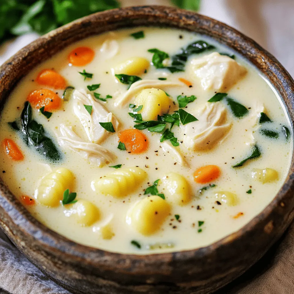 To make this creamy chicken gnocchi soup, gather these simple ingredients: - 1 tablespoon olive oil - 1 medium onion, diced - 2 cloves garlic, minced - 2 carrots, diced - 2 celery stalks, diced - 1 pound boneless, skinless chicken breast, diced - 4 cups chicken broth - 1 cup heavy cream - 1 package (16 oz) potato gnocchi - 2 cups fresh spinach - 1 teaspoon dried thyme - Salt and pepper to taste - Fresh parsley, chopped (for garnish) You can change some ingredients if needed. Here are some ideas: - Use vegetable broth instead of chicken broth for a vegetarian option. - Swap heavy cream for half-and-half or coconut cream for a lighter soup. - Try using frozen spinach if fresh isn't available. Just add it in the last few minutes. - If you don't have thyme, use Italian seasoning for a different flavor. - Chicken thighs can replace chicken breasts for more flavor and juiciness. Fresh ingredients often give the best taste. Here’s a quick look: - Fresh garlic and onion: They add strong, vibrant flavors. Always choose these if you can. - Fresh spinach: It wilts quickly and brightens the soup. - Dried thyme: It's convenient and lasts long. Use a bit less than fresh thyme. Using fresh ingredients can boost the taste, but dried ones can work too. Balance is key! To start, gather all your ingredients. You will need: - 1 tablespoon olive oil - 1 medium onion, diced - 2 cloves garlic, minced - 2 carrots, diced - 2 celery stalks, diced - 1 pound boneless, skinless chicken breast, diced - 4 cups chicken broth - 1 cup heavy cream - 1 package (16 oz) potato gnocchi - 2 cups fresh spinach - 1 teaspoon dried thyme - Salt and pepper to taste - Fresh parsley, chopped (for garnish) Now, dice your onion, carrots, and celery. Mince the garlic too. This prep makes cooking smooth. Heat the olive oil in a large pot over medium heat. Add the diced onion and cook for 3-4 minutes until it turns soft. Next, toss in the minced garlic. Stir it for about a minute to let the aroma fill your kitchen. Add the diced carrots and celery. Cook them for about 5 minutes, stirring often. Then, add the diced chicken breast to the pot. Cook until it is browned, which takes about 5-6 minutes. Pour in the chicken broth and bring it to a boil. Lower the heat and let it simmer for about 10 minutes. This step lets the flavors meld. Now, stir in the heavy cream. Bring the mixture back to a gentle simmer. Then, add the potato gnocchi. Cook according to the package, usually around 3-4 minutes until they float. Just before serving, toss in the fresh spinach and dried thyme. Cook for another 2 minutes until the spinach wilts. Season with salt and pepper to taste. Finally, ladle the soup into bowls. Garnish each bowl with chopped fresh parsley. Enjoy your delicious creamy chicken gnocchi soup! To get that rich, creamy texture, start with heavy cream. Add it after your soup simmers. This helps the cream blend well. If you want a lighter soup, use half-and-half instead. You can also blend a portion of the soup to make it thicker. Just scoop some out, blend it smooth, and stir it back in. This trick boosts creaminess without too much extra cream. One common mistake is cooking the gnocchi too long. Follow the package directions closely. Overcooked gnocchi can become mushy. Another mistake is adding salt too early. Wait until the soup cooks down a bit. This way, you can taste and adjust the salt better. Lastly, don’t skip the fresh spinach. It adds color and nutrients. You want to include it for the best flavor and look. To make your soup burst with flavor, use fresh herbs. Thyme is great, but you can also try rosemary or basil. Sautéed garlic gives a nice kick, so don’t skip it in the beginning. Adding a squeeze of lemon juice just before serving brightens the taste. You can also sprinkle in some red pepper flakes for a little heat. Each of these tips helps create a soup that’s not just creamy but full of flavor! {{image_2}} You can make this soup even better by adding veggies. Try adding peas, bell peppers, or zucchini. These veggies add fun colors and give you more nutrients. Simply chop them and toss them in when you add the carrots and celery. You can also add mushrooms for a nice earthy flavor. This way, your soup is not just creamy and tasty but also packed with healthy goodness. If you want to switch up the protein, there are many options. You can use shredded rotisserie chicken for a quick fix. Or, try turkey for a leaner choice. If you prefer plant-based proteins, use chickpeas or white beans. They add a nice texture and fill you up. Just cook them until they are warm and blend well with the soup. You can change the soup base for unique flavors. For a richer taste, use a creamy broth. You can also try vegetable broth for a lighter version. If you want a kick, add some spicy chicken broth. This gives your soup a nice heat. Each base will change the soup’s flavor, so feel free to experiment and find what you love! Store your creamy chicken gnocchi soup in an airtight container. Let the soup cool to room temperature before sealing. Place the container in the fridge. It will stay fresh for up to three days. The flavors will deepen as it sits. Make sure to label your container with the date. This way, you’ll know when to use it. To freeze your soup, use freezer-safe bags or containers. Make sure to leave some space at the top. The soup will expand as it freezes. You can freeze the soup for up to three months. For best results, freeze it without the gnocchi. The gnocchi can become mushy when thawed. When you are ready to eat, thaw the soup overnight in the fridge. Reheat it on the stove over medium heat. Stir occasionally to avoid sticking. If the soup is thick, add a splash of chicken broth or water. Heat until warmed through, about five to ten minutes. Always taste and adjust seasoning before serving. Enjoy your warm bowl of comfort! Yes, you can make this soup ahead of time. Just cook it fully, then cool it down. Store it in the fridge in a sealed container. It will stay fresh for about three days. When you are ready to eat, reheat it on the stove over low heat. Add a splash of cream if it seems too thick. Yes, you can make a vegetarian version. Swap the chicken with diced mushrooms or zucchini. Use vegetable broth instead of chicken broth. You can also add more veggies like bell peppers or peas. This keeps it hearty and tasty. To thicken the soup, you have a few options. You can add a cornstarch slurry. Mix one tablespoon of cornstarch with two tablespoons of cold water. Stir this mix into the soup as it simmers. Another option is to mash some of the gnocchi with a fork. This will add body to the soup. In this blog post, we explored the key ingredients for Chicken Gnocchi Soup, from fresh to dried. I shared step-by-step instructions, helpful tips to enhance flavor, and common mistakes to avoid. We also discussed delicious variations, storage tips, and answered your FAQs. Take these insights to create a rich and tasty soup that satisfies. With practice, you'll master this dish quickly. Enjoy your cooking journey!