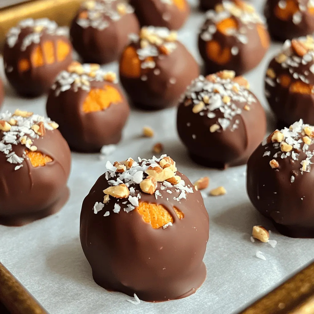 When making No-Bake Chocolate Peanut Butter Pumpkin Balls, you need simple yet tasty ingredients. Here’s what you will need: - 1 cup pumpkin puree - 1/2 cup natural peanut butter - 1/4 cup honey or maple syrup - 1 teaspoon vanilla extract - 1 1/2 cups rolled oats - 1 teaspoon pumpkin spice (or a mix of cinnamon, nutmeg, and ginger) - 1/4 teaspoon salt - 1 cup dark chocolate chips - 1 tablespoon coconut oil (for melting chocolate) - Optional: crushed nuts or shredded coconut for rolling Each ingredient plays a vital role in the flavor and texture of these delicious balls. You can easily swap out some ingredients if needed. Here are some ideas: - Use almond butter or sunflower seed butter instead of peanut butter. - Maple syrup can take the place of honey for a vegan option. - If you can’t find pumpkin spice, mix cinnamon, nutmeg, and ginger to taste. - Dark chocolate chips can be replaced with semi-sweet or milk chocolate if you prefer. These swaps keep the recipe flexible and fun for everyone. Quality matters when cooking. Fresh pumpkin puree gives the best flavor. Natural peanut butter adds a creamy texture and rich taste. Use real honey or pure maple syrup for sweetness. For the chocolate, choose high-quality dark chocolate chips. They melt beautifully and taste amazing. Better ingredients mean better flavor and texture in your final dish. Enjoy the process of choosing the best for your No-Bake Chocolate Peanut Butter Pumpkin Balls! To start, grab a large mixing bowl. Add 1 cup of pumpkin puree. Next, include 1/2 cup of natural peanut butter. Then, pour in 1/4 cup of honey or maple syrup, and add 1 teaspoon of vanilla extract. Mix these items well until the mixture is smooth. It should feel creamy and thick. Now, it's time for the dry ingredients. Add 1 1/2 cups of rolled oats, 1 teaspoon of pumpkin spice, and 1/4 teaspoon of salt. Stir until everything is mixed well. The mixture should feel sticky and hold together nicely. Now, you can form the mixture into balls. Use your hands to scoop out some of the mixture. Roll it into a ball about 1 inch wide. Place each ball on a baking sheet lined with parchment paper. Make sure to keep some space between them. This recipe should make about 12 balls. Once you finish rolling, you can move on to the next step. For the chocolate coating, take a microwave-safe bowl. Add 1 cup of dark chocolate chips and 1 tablespoon of coconut oil. Microwave this mix in 30-second bursts. Stir after each burst until the chocolate is fully melted and smooth. Now, take each pumpkin ball and dip it into the melted chocolate. Use a fork for this, so each ball gets fully coated. Shake off the extra chocolate gently. Place the coated balls back on the parchment-lined baking sheet. If you want, you can roll them in crushed nuts or shredded coconut for extra flavor. Once done, chill the baking sheet in the fridge for about 30 minutes. This helps the chocolate set nicely. Enjoy your delicious no-bake treats! To get that perfect texture, mix the pumpkin puree and peanut butter well. This blend should be smooth and creamy. Use natural peanut butter for the best flavor. The oats add a chewy texture, so use rolled oats, not quick oats. If the mixture feels too sticky, add a bit more oats. If it’s too dry, a splash of maple syrup can help. The balls should hold together well, so check your mix. You can make these treats ahead of time. Just follow the steps and chill the balls. They will stay fresh for up to a week in the fridge. If you want to save time, form the balls and freeze them. You can dip them in chocolate later. Just remember to let them thaw for a few minutes before dipping. This way, you’ll have a tasty snack anytime! Serving these treats is fun and easy. You can plate them on a nice dish or in a fun bowl. If you want some crunch, roll the balls in crushed nuts or coconut. These add a great look and taste. For a party, serve with fruit or a scoop of ice cream. You can also drizzle some extra melted chocolate on top for a fancy touch. Enjoy these sweet bites chilled or at room temperature! {{image_2}} You can easily change the taste of your no-bake chocolate peanut butter pumpkin balls. For a fun twist, try adding a few tablespoons of cocoa powder. This gives a richer chocolate flavor. You could also mix in some dried fruit like cranberries or raisins. These add a burst of sweetness and chewiness. Want something spicier? Increase the pumpkin spice or add a pinch of cayenne for heat. These treats can fit many diets. If you want them vegan, use maple syrup instead of honey. Switch to dark chocolate chips that are dairy-free. If you need gluten-free options, make sure to choose certified gluten-free oats. For nut allergies, sunflower seed butter works great in place of peanut butter. Each option keeps the core of the recipe while fitting your needs. Toppings can make your pumpkin balls even more special. After dipping in chocolate, roll them in crushed nuts. Walnuts or almonds add a nice crunch. Shredded coconut is another great choice for a chewy texture. You can also sprinkle sea salt on top for a sweet-salty mix. For a fun look, drizzle melted white chocolate over the top after coating. These toppings let you personalize each bite! To keep your No-Bake Chocolate Peanut Butter Pumpkin Balls fresh, store them in an airtight container. I recommend placing parchment paper between layers to prevent sticking. This will help maintain their shape and taste. You can keep them in the fridge for easy access. You can also freeze these tasty treats. First, place the pumpkin balls on a baking sheet in a single layer. Freeze them for about an hour until firm. After that, transfer them to a freezer-safe bag. Be sure to label the bag with the date. These balls can last for up to three months in the freezer. Just thaw them in the fridge before enjoying. When stored in the fridge, No-Bake Chocolate Peanut Butter Pumpkin Balls last about one week. If you choose to freeze them, they will taste great for up to three months. Always check for any signs of spoilage before eating. If they smell off or look strange, it’s best to toss them. Keeping these storage tips in mind helps ensure every bite is as delightful as the first! No-bake chocolate peanut butter pumpkin balls stay fresh for about one week. Store them in an airtight container in the fridge. You can also freeze them for up to three months. Just make sure to wrap each ball well to avoid freezer burn. Yes, you can use other nut butters. Almond butter or cashew butter works well too. Each nut butter gives a slight change in taste. So, feel free to experiment and find your favorite! If you don’t have pumpkin puree, you can use sweet potato puree or even mashed bananas. Applesauce is another option, but it will change the flavor. Make sure to adjust spices to keep the taste balanced. In this blog post, we explored the key ingredients for no-bake chocolate peanut butter pumpkin balls and their quality. You learned about preparation, forming, and coating methods. We discussed tips for great texture and serving ideas. Variations included different flavors and dietary options. Finally, we covered storage and answered common questions. Try these recipes to find your favorites. Enjoy making these tasty treats. They are fun to prepare and share!